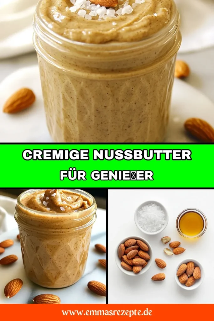 Entdecken Sie dieses einfach zuzubereitende Rezept für Cremige Mandelnussbutter, die perfekt als gesunde Snack Ideen geeignet ist! Mit nur wenigen Zutaten können Sie eine selbstgemachte Nussbutter Rezept kreieren, die ohne Zucker auskommt. Ideal für eine vegane Ernährung. Genießen Sie diesen köstlichen Aufstrich pur oder zum Verfeinern Ihrer Lieblingsgerichte. Probieren Sie es aus und speichern Sie es für später! #Nussbutter #GesundeRezepte #Vegan #Snackideen