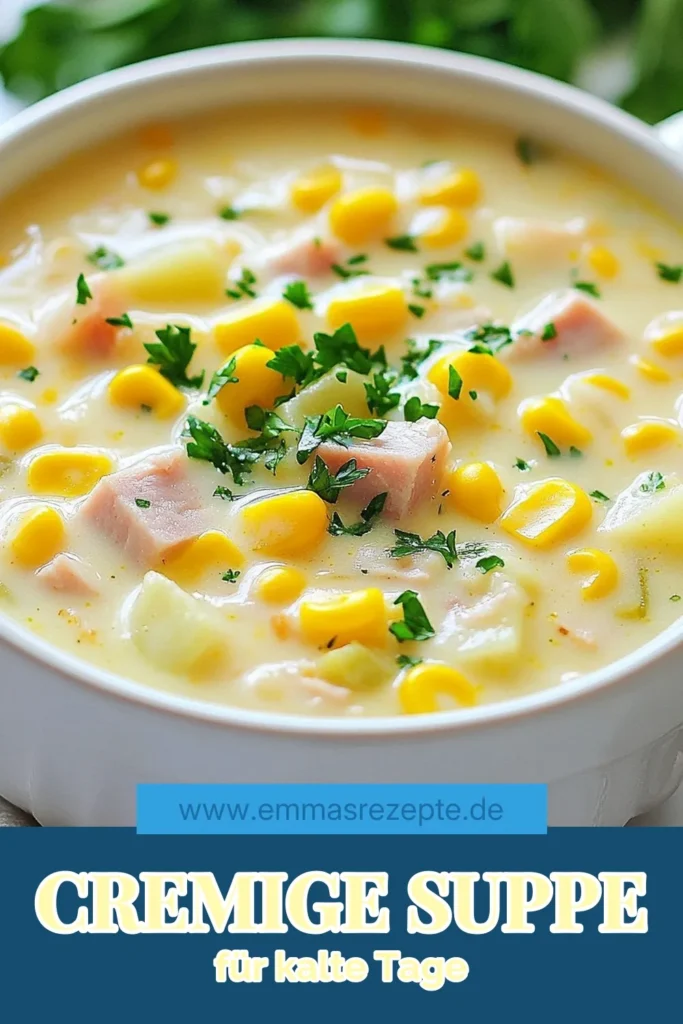 Entdecke dieses köstliche Rezept für eine cremige Suppe mit Schinken, ideal für kalte Tage. Diese einfache Cremesuppe vereint Schinken und süßen Mais in einer herzhaften Schinken-Kartoffel-Suppe, die jedem schmeckt. Mit nur wenigen Zutaten zubereitet, ist diese Maiscremesuppe perfekt für die ganze Familie. Probiere es aus und lass dich von diesem herzhaften Suppenrezept begeistern! Speichere es jetzt! #Schinken #CremigeSuppe #Suppe #EssenLiebe