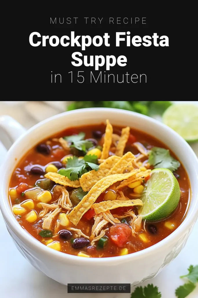 Entdecken Sie dieses köstliche Crockpot Hähnchen Tortilla Suppe Rezept, perfekt für jede Fiesta! Diese einfache Crockpot Rezepte kombiniert zarte Hähnchenbrust mit schwarzen Bohnen und frischem Gemüse zu einer gesunden mexikanischen Suppe mit Bohnen. Bereiten Sie sich darauf vor, diese schmackhafte Tortilla Suppe gesund zu genießen! Speichern Sie das Rezept und bringen Sie Ihren nächsten Abend zu einem echten Highlight! #Crockpot #TortillaSuppe #FiestaRezept #MexikanischeKüche
