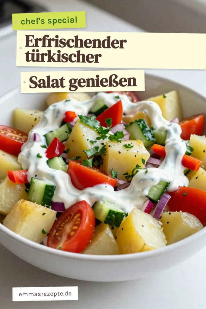 Entdecken Sie ein köstliches Kartoffelsalat Rezept aus der türkischen Küche! Dieser türkische Kartoffelsalat ist eine erfrischende Beilage, die ideal für jede Zusammenkunft ist. Mit einfachen Zutaten wie Kartoffeln, frischem Gemüse und griechischem Joghurt ist dieser gesunde Salat perfekt für Ihr Sommerpicknick oder Grillfest. Probieren Sie es jetzt aus und bringen Sie ein Stück Türkei auf Ihren Tisch! #kartoffelsalat #türkischeküche #gesunderezepte #erfrischendersalat