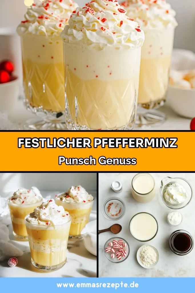 Entdecken Sie unseren erfrischenden Pfefferminz-Eggnog-Punsch, das perfekte Weihnachtsgetränk für festliche Anlässe! Dieses einfache Eierlikör Rezept ist schnell zubereitet und bringt mit seiner spritzigen Limonade, Schlagsahne und einem Hauch von Pfefferminz eine besondere Note in Ihre Feiern. Ideal für gemütliche Abende mit Freunden und Familie. Speichern Sie dieses Rezept und überraschen Sie Ihre Liebsten! #PfefferminzEggnogPunsch #festlicherCocktail #Weihnachtsgetränk #EierlikörRezept
