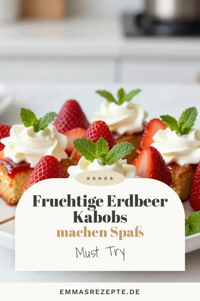 Entdecken Sie das leckere Rezept für Erdbeerküchen Kabobs! Diese einfachen Sommer Snacks kombinieren frische Erdbeeren und Biskuitkuchen zu einem unwiderstehlichen Schlagsahne Dessert. Perfekt für Ihr nächstes BBQ oder Picknick, diese Erdbeeren Spieße sind schnell zubereitet und ein echter Hit! Probieren Sie es aus und lassen Sie sich von den Aromen verführen! Speichern Sie das Rezept jetzt! #ErdbeerküchenKabobs #BiskuitkuchenRezept #ErdbeerenSpieße #SchlagsahneDessert