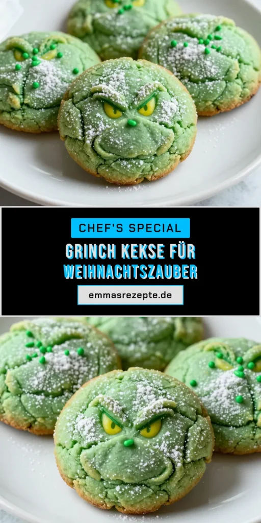 Entdecke das perfekte Grinch Kekse Rezept für deine Weihnachtszeit! Diese Crinkle Cookies Weihnachten sind einfach zuzubereiten und mit einer festlichen grünen Keksdekoration geschmückt. Verwöhne deine Familie mit diesen leckeren Pfefferminzkeksen und backe unvergessliche Weihnachtsplätzchen. Lass dir diese köstliche Kombination nicht entgehen – speichere das Rezept jetzt! #Weihnachtsplätzchen #GrinchKekse #CrinkleCookies #Backen