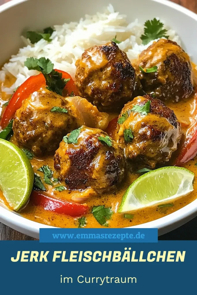 Entdecke das köstliche Jerk-Fleischbällchen Rezept in einem cremigen Kokosnuss-Curry! Diese zarten Hähnchenfleischbällchen sind mit jamaikanischem Jerk-Gewürz gewürzt und sorgen für ein unverwechselbares Geschmackserlebnis. Einfach nachzukochen, ideal für ein schnelles Abendessen. Serviere sie mit Reis oder Naan für ein perfektes Gericht. Probiere es aus und teile deine Kreation! #JerkFleischbällchen #KokosnussCurry #Hähnchenfleischbällchen #CurryMitKokosmilch