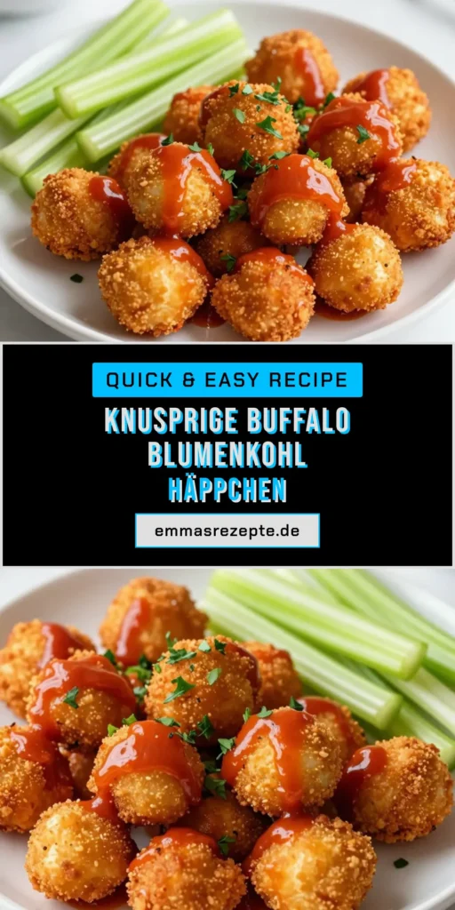 Entdecken Sie das Rezept für krosse Buffalo Blumenkohl Häppchen, die perfekt für vegane Vorspeisen sind! Diese Air Fryer Rezepte bieten einen glutenfreien Snack, der Ihre Gäste begeistern wird. Bereiten Sie diese leckeren Blumenkohl Snacks schnell und einfach zu, und genießen Sie einen gewölbten Geschmack mit jedem Bissen. Probieren Sie es aus und überzeugen Sie sich selbst! Speichern Sie das Rezept für später! #BuffaloBlumenkohl #AirFryerRezepte #VeganeVorspeisen #GlutenfreieHäppchen