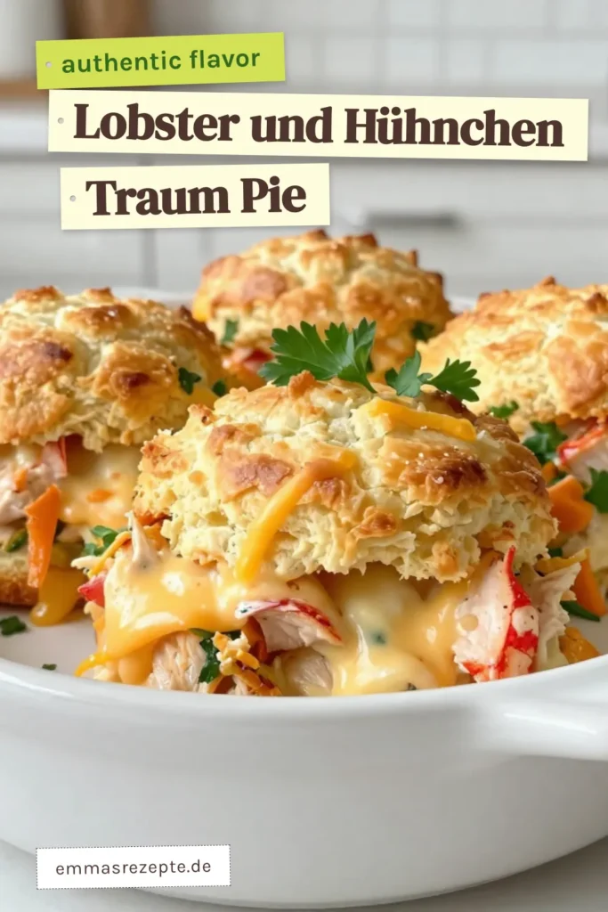 Entdecken Sie dieses köstliche Käse-Lobster-Pot-Pie Rezept, das cremigen Geschmack mit Hühnchen und Hummer vereint. Diese einfache Hühnchen mit Hummer Kreation wird Sie mit ihrem Bisquit-Teig Rezept begeistern. Perfekt für jedes Abendessen, wird dieser cremige Hühner-Pot-Pie zum neuen Favoriten. Probieren Sie es heute aus und speichern Sie dieses Rezept für eine leckere Mahlzeit! #PotPie #HühnchenMitHummer #KäseLobster #BisquitTeig