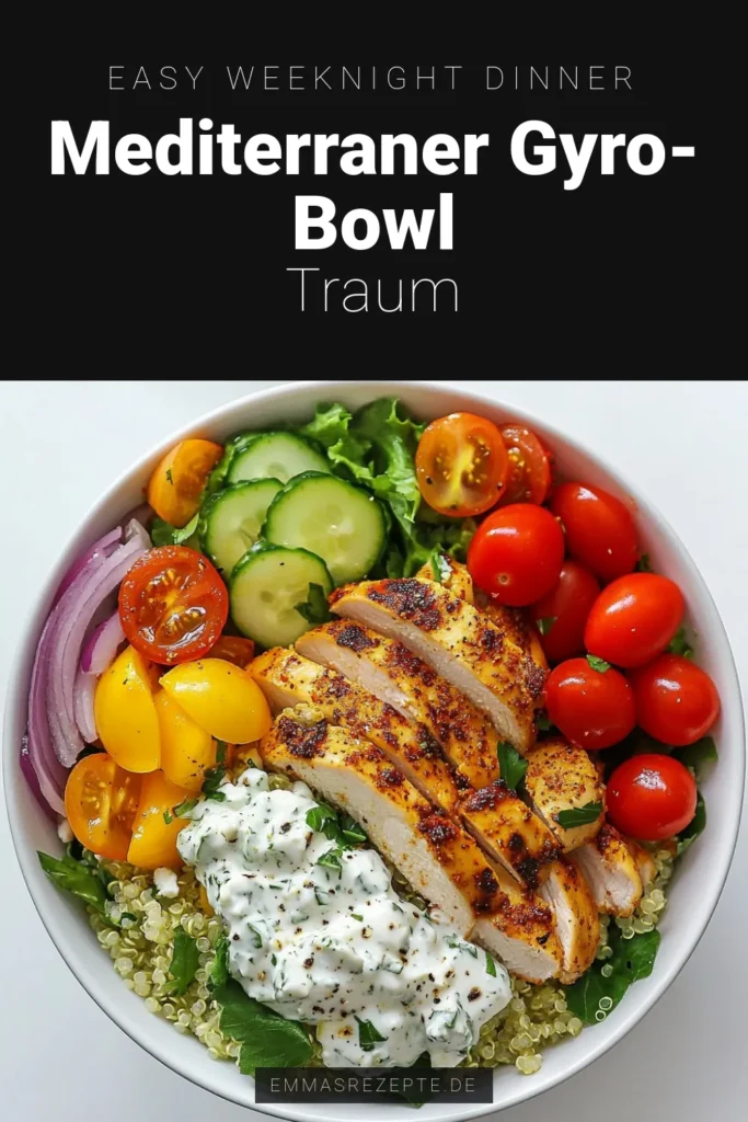 Entdecken Sie das perfekte Mediterraner Gyro-Bowl Rezept! Diese gesunde Bowl mit Quinoa und Hähnchen ist ein Genuss für jeden Tag. Verfeinern Sie Ihre Bowl mit einer cremigen Tzatziki Rezept, die frische Aromen bringt. Ideal für gesunde Bowl Rezepte und ein Highlight in Ihrer Küche. Bereiten Sie gleich Ihre Gyro Bowl zu und genießen Sie das mediterrane Flair! Speichern Sie dieses Rezept für Ihre nächste Kochsession. #GyroBowl #GesundeRezepte #QuinoaBowl #Tzatziki
