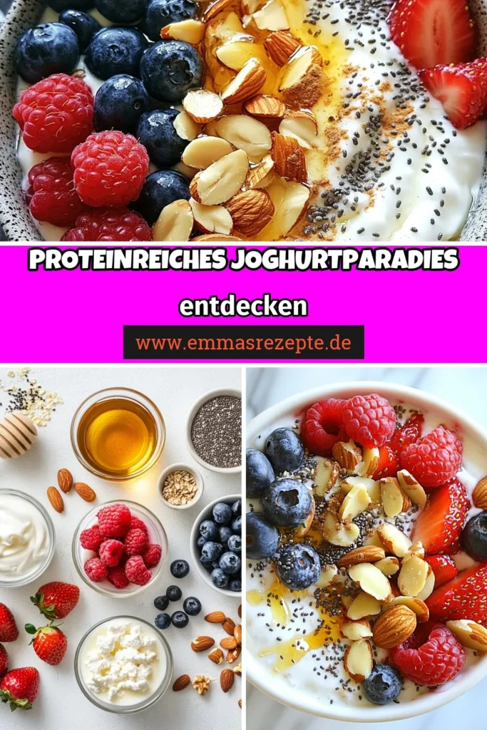 Entdecke das Rezept für eine proteinreiche Joghurt-Schüssel, die perfekt als gesundes Frühstück Rezept oder griechischer Joghurt Snack dient. Mit griechischem Joghurt, Hüttenkäse und Joghurt mit Proteinpulver ist diese aromatische Kombination ein Genuss. Verfeinert mit Chiasamen, Beeren und Nüssen, wird dieses Chiasamen Joghurt Rezept schnell zum Favoriten. Probiere es jetzt aus und lass dich inspirieren! #ProteinreicheRezepte #GesundesFrühstück #JoghurtSchüssel #SnackIdeen