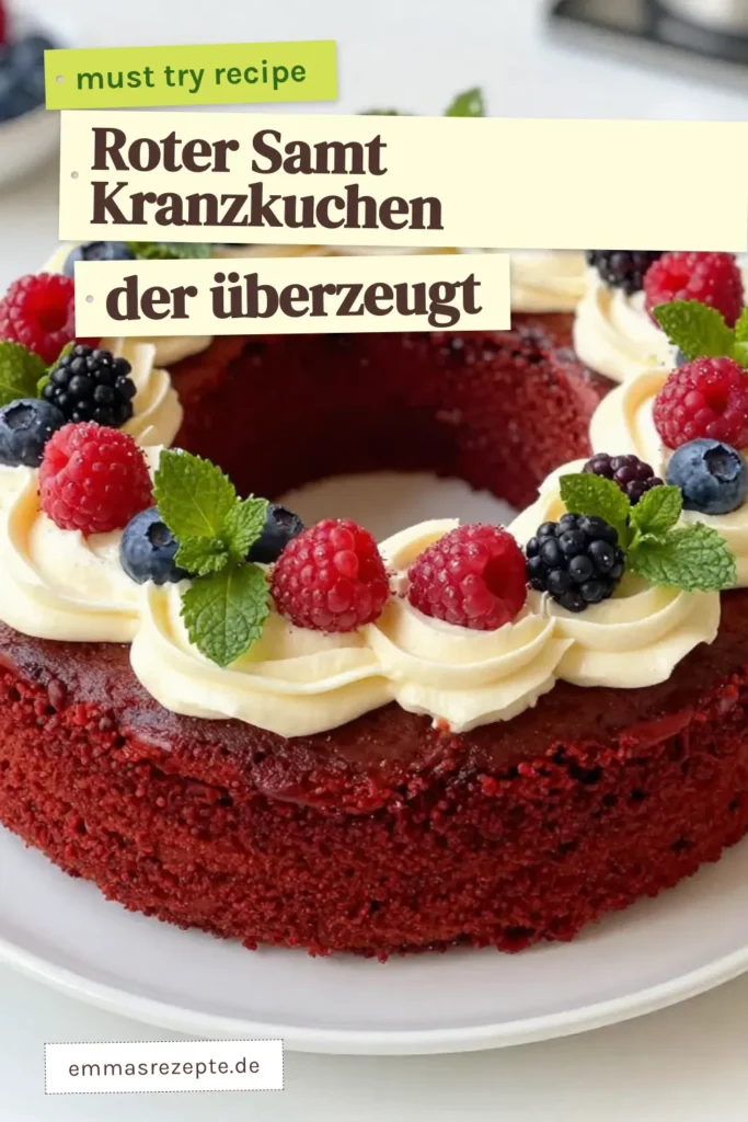 Entdecken Sie unser köstliches Roter Samt Kranzkuchen Rezept! Dieser festliche Kuchen beeindruckt nicht nur mit seiner leuchtenden Farbe durch rote Lebensmittelfarbe, sondern auch mit einem cremigen Frischkäse Frosting Rezept, das Ihre Gäste lieben werden. Perfekt zum Dekorieren für besondere Anlässe, ist dieser Kranzkuchen ein wahrer Hingucker. Probieren Sie es aus und bringen Sie Farbe auf Ihre Festtafel! #RoterSamtKuchen #KranzkuchenRezept #FrischkäseFrostingRezept #FestlicheKüche