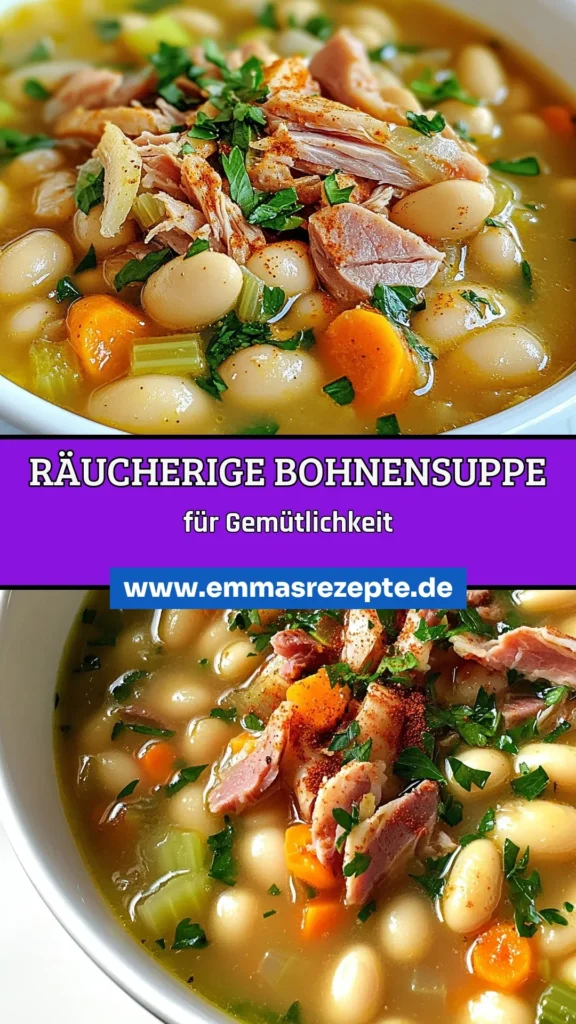 Genießen Sie die köstliche Räucherige Bohnensuppe, die perfekt für kalte Tage ist! Dieses Schinkenhals Rezept kombiniert zarte weiße Bohnen mit rauchigem Geschmack für eine unvergessliche Komfort-Suppe. Einfach zuzubereiten und voller gesunder Zutaten. Ihr nächstes Lieblingsgericht wartet auf Sie. Teilen Sie diesen gesunden Bohnensuppe mit Freunden! #RäucherigeBohnensuppe #SchinkenhalsRezept #WeißeBohnenSuppe #KomfortSuppe