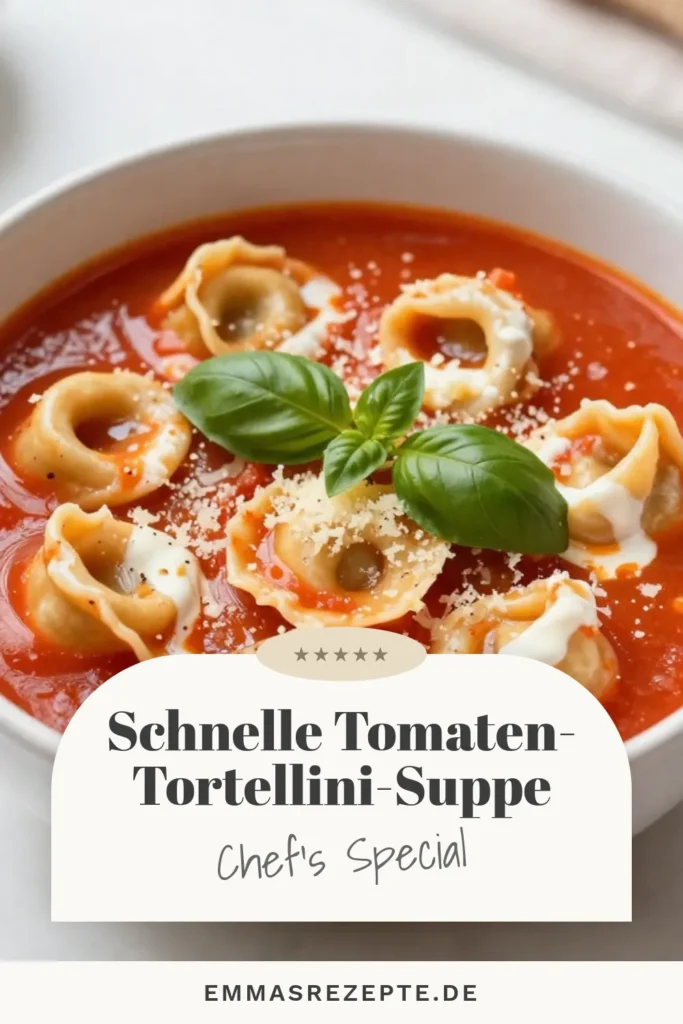 Entdecke unser einfaches Rezept für cremige Tomaten-Tortellini-Suppe! Diese schnelle vegetarische Suppe ist perfekt für sommerliche Tage und begeistert mit frischen Tomaten und italienischen Aromen. In nur 30 Minuten zubereitet, ist sie ideal für die ganze Familie. Lass dich von dieser köstlichen Tortellini-Suppe verführen und genieße sie mit frischem Brot. Speichere das Rezept für deine nächste Kochsession! #TomatenSuppe #TortelliniRezept #Vegetarisch #SchnelleRezepte