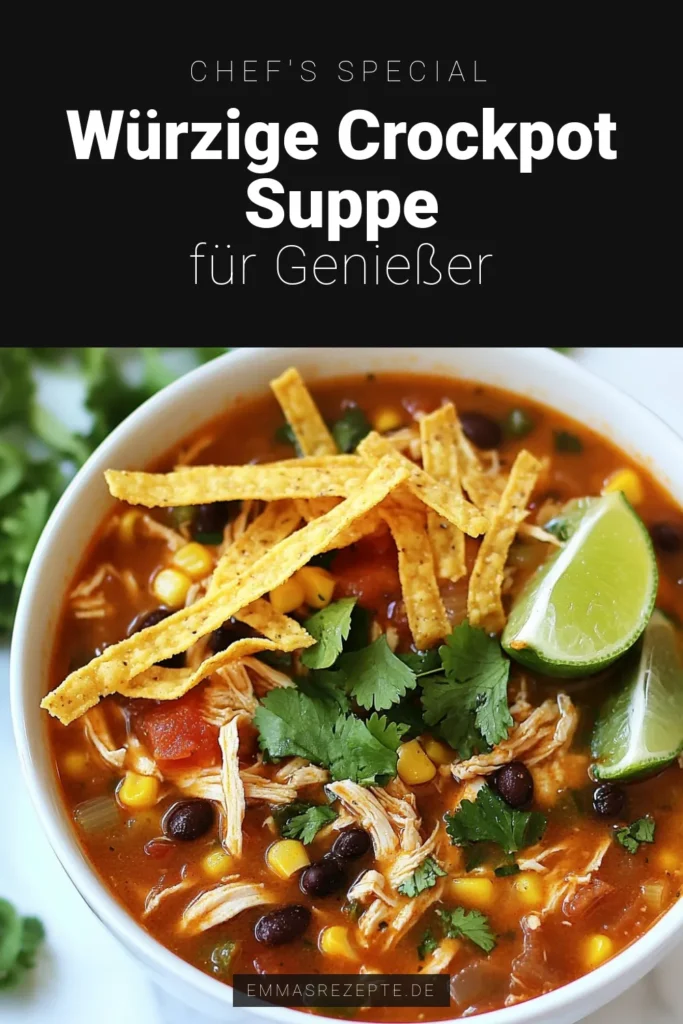 Entdecken Sie dieses einfache und gesunde Rezept für Crockpot Hühnchen Tortilla Suppe. Diese würzige Tortilla Suppe ist perfekt für ein aktives Leben und verwandelt Ihren Crockpot in einen Küchenhelden. Genießen Sie eine mexikanische Suppe im Crockpot, die reich an Aromen und Nährstoffen ist. Kochen Sie heute und lassen Sie sich von den köstlichen Aromen begeistern! #CrockpotHühnchen #TortillaSuppe #EinfacheCrockpotRezepte #GesundeHühnchenSuppe