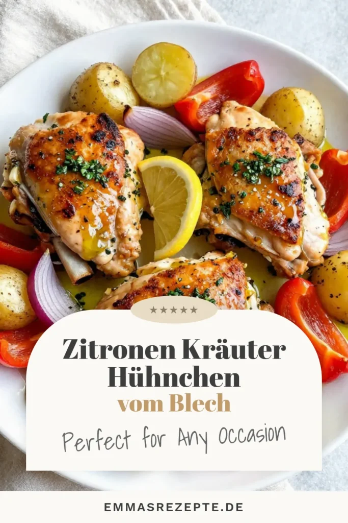 Entdecke unser einfaches Zitronenhühnchen Rezept mit köstlichem Kräuterhühnchen im Ofen! Diese Blecheisen Hühnchen Rezept kombiniert saftige Hähnchenschenkel und zarte Babykartoffeln für ein perfektes Abendessen. In nur 55 Minuten hast du ein aromatisches Gericht, das die ganze Familie begeistert. Versuch es jetzt und verwandle dein Dinner mit diesem einfachen Hühnchen Rezept! #Zitronenhühnchen #Kräuterhühnchen #HühnchenmitBabykartoffeln #einfachesRezept