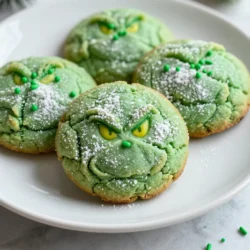 Um die Grinch Crinkle Cookies zuzubereiten, brauchst du folgende Zutaten: - 1 3/4 Tassen Weizenmehl - 1/2 Tasse ungesüßtes Kakaopulver - 1 Teelöffel Backpulver - 1/2 Teelöffel Natron - 1/4 Teelöffel Salz - 1 Tasse Kristallzucker - 1/2 Tasse brauner Zucker, gepackt - 1/2 Tasse Pflanzenöl - 2 große Eier - 2 Teelöffel Vanilleextrakt - 1/2 Teelöffel Pfefferminzextrakt (optional) - 1/2 Tasse Puderzucker (zum Wälzen) - Grüne Streusel zur Dekoration Für diese leckeren Kekse benötigst du genau die richtigen Mengen. Achte darauf, dass du frische Zutaten verwendest. Das Kakaopulver sollte ungesüßt sein, um den Schokoladengeschmack zu betonen. Brauner Zucker sorgt für eine schöne Feuchtigkeit in den Keksen. Wenn du einen mintigen Twist wünschst, füge Pfefferminzextrakt hinzu. Falls du kein Weizenmehl hast, kannst du auch eine glutenfreie Mischung verwenden. Verwende einfach die gleiche Menge für die Kekse. Anstelle von Pflanzenöl kannst du auch geschmolzene Butter verwenden, was den Keksen einen reicheren Geschmack verleiht. Wenn du keinen Kristallzucker hast, geht auch brauner Zucker. Das sorgt für eine andere Textur, aber die Kekse bleiben lecker. {{ingredient_image_2}} Zuerst heize deinen Ofen auf 175°C vor. Das sorgt dafür, dass die Kekse gleichmäßig backen. Lege ein Backblech mit Backpapier aus. So bleiben die Kekse nicht kleben. Das Backpapier ist wichtig für die einfache Handhabung. In einer Schüssel mische das Weizenmehl, Kakaopulver, Backpulver, Natron und Salz. Rühre sie gut durch und stelle die Mischung beiseite. In einer anderen großen Schüssel kombiniere Kristallzucker, braunen Zucker und Pflanzenöl. Rühre alles zusammen, bis es gleichmäßig ist. Jetzt füge die Eier hinzu. Gib sie nacheinander dazu und rühre gut. Danach vermische den Vanilleextrakt und den optionalen Pfefferminzextrakt. Langsam füge die trockenen Zutaten zur feuchten Mischung hinzu. Rühre, bis alles gut vermischt ist. Der Teig kann etwas klebrig sein. Stelle den Teig für 30 Minuten in den Kühlschrank. Dies hilft, die Kekse besser zu formen. Nimm den Teig nach der Kühlzeit heraus. Verwende einen Esslöffel, um kleine Teigkugeln zu formen. Wälze jede Kugel in Puderzucker, bis sie gut bedeckt ist. Platziere die Kugeln mit 5 cm Abstand auf dem Backblech. Drücke sie leicht flach und bestreue sie mit grünen Streuseln. Backe die Kekse für 10-12 Minuten. Achte darauf, dass die Ränder fest sind und die Oberseite rissig aussieht. Lass die Kekse 5 Minuten auf dem Blech abkühlen, bevor du sie auf ein Kuchengitter legst. So bleiben sie frisch und lecker. Um den perfekten Teig zu bekommen, achte auf die Mischung. Die trockenen Zutaten sollten gut vermischt sein. Wenn du die trockenen Zutaten zu den nassen hinzufügst, mach das langsam. So bleibt der Teig glatt und gut verbunden. Ein leicht klebriger Teig ist in Ordnung. Kühl den Teig für 30 Minuten, wenn du ihn fester machen möchtest. Das macht die Handhabung einfacher. Die Crinkle-Optik ist das, was diese Kekse besonders macht. Wälze die Teigkugeln gut in Puderzucker. Das hilft, die Risse zu erzeugen. Achte darauf, die Kugeln leicht flach zu drücken, bevor du sie backst. So entstehen die typischen Risse. Die Hitze des Ofens lässt die Kekse aufgehen und reißt die Oberfläche auf. Heize den Ofen auf 175°C vor, bevor du die Kekse backst. Backe die Kekse für 10-12 Minuten. Achte darauf, dass die Ränder fest sind. Die Oberseite sollte leicht rissig wirken, das zeigt, dass sie fertig sind. Lass die Kekse nach dem Backen 5 Minuten auf dem Blech abkühlen. Danach kannst du sie auf ein Gitter zum vollständigen Abkühlen legen. Pro Tipps Keksteig kühlen: Das Kühlen des Teigs für 30 Minuten macht ihn leichter zu verarbeiten und sorgt für gleichmäßige Keksformen. Puderzucker Trick: Um das Wälzen in Puderzucker zu vereinfachen, kannst du die Kugeln leicht in der Hand rollen, bevor du sie in den Zucker tauchst. Minzige Note: Der Pfefferminzextrakt ist optional, aber er verleiht den Keksen einen besonderen festlichen Geschmack, den viele lieben. Präsentation: Serviere die Kekse auf einer schönen Platte und bestäube sie kurz vor dem Servieren mit zusätzlichem Puderzucker für einen zauberhaften Look. {{image_4}} Um deine Grinch Crinkle Cookies noch leckerer zu machen, kannst du Aromen hinzufügen. Pfefferminzextrakt gibt einen frischen Kick. Es passt perfekt zur Schokolade. Du kannst auch einen Spritzer Orangen- oder Zitronensaft hinzufügen. Diese Zitrusfrüchte bringen eine spannende Note. Denk daran, die Menge klein zu halten, etwa einen Teelöffel. Die Dekoration macht die Kekse besonders festlich. Nutze grüne Streusel, um die Grinch-Optik zu betonen. Du kannst auch weiße Schokoladenstückchen hinzufügen. Diese wirken wie kleine Schneeflocken. Für einen zusätzlichen Effekt, bestäube die Kekse mit mehr Puderzucker. So sehen sie aus wie frisch gefallenem Schnee. Lass deiner Kreativität freien Lauf! Hast du Gäste mit Glutenunverträglichkeit? Kein Problem! Du kannst das Weizenmehl durch eine glutenfreie Mehlmischung ersetzen. Achte darauf, dass sie für Backen geeignet ist. Die Kekse werden genauso lecker sein. Überprüfe auch andere Zutaten, um sicherzustellen, dass sie glutenfrei sind. So kann jeder die Grinch Crinkle Cookies genießen! Um die Grinch Crinkle Cookies frisch zu halten, lege sie in einen luftdichten Behälter. Du kannst auch Backpapier zwischen die Schichten legen. So bleibt die Textur weich und lecker. Stelle den Behälter an einen kühlen, trockenen Ort. Vermeide direkte Sonneneinstrahlung, da dies die Kekse austrocknen kann. Diese Kekse bleiben bei richtiger Lagerung etwa eine Woche frisch. Wenn du sie länger aufbewahren möchtest, lagere sie im Kühlschrank. Dadurch bleiben sie für bis zu zwei Wochen genießbar. Achte darauf, den Behälter gut zu verschließen, um Feuchtigkeit zu vermeiden. Wenn du die Kekse länger aufbewahren möchtest, kannst du sie einfrieren. Lass die Kekse zuerst vollständig abkühlen. Lege sie dann in einen Gefrierbeutel oder einen luftdichten Behälter. Sie halten sich bis zu drei Monate im Gefrierfach. Zum Auftauen lasse sie einfach bei Raumtemperatur stehen. So bleiben sie frisch und lecker! Um die perfekte Crinkle-Optik zu erreichen, ist das Wälzen in Puderzucker wichtig. Wälze die Kekse gründlich, damit sie gut bedeckt sind. Drücke sie leicht flach, bevor du sie backst. Die Hitze lässt den Teig aufgehen und reißt die Oberfläche auf. Achte darauf, die Backzeit nicht zu überziehen. Ein leichtes Rissmuster entsteht, wenn die Kekse perfekt gebacken sind. Ja, du kannst die Kekse im Voraus backen! Wenn du sie kühl und trocken lagerst, bleiben sie frisch. Lege die Kekse in einen luftdichten Behälter. Du kannst sie auch einfrieren, um die Frische zu bewahren. Wenn du sie essen möchtest, lasse sie bei Raumtemperatur auftauen. So hast du immer leckere Kekse zur Hand, wenn du einen weihnachtlichen Snack brauchst. Du kannst viele tolle Zutaten hinzufügen! Ein paar Schokoladenstückchen geben extra Süße. Nüsse wie Walnüsse oder Mandeln fügen eine schöne Textur hinzu. Wenn du es magst, probiere getrocknete Cranberries für etwas Fruchtiges. Ein Hauch von Zimt kann den Keksen eine besondere Note geben. Sei kreativ und finde deine Lieblingskombination! In diesem Artikel haben wir die verschiedenen Zutaten und Schritte für die Grinch Crinkle Cookies besprochen. Wir haben Tipps gegeben, um die perfekte Teigkonsistenz zu erreichen und die besten Backzeiten zu wählen. Sie können Variationen ausprobieren, um neue Aromen zu entdecken. Vergessen Sie nicht, die Kekse richtig zu lagern, damit sie frisch bleiben. Achten Sie auf die häufigsten Fragen, um Ihre Kekse zu perfektionieren. Viel Spaß beim Ausprobieren und Backen!