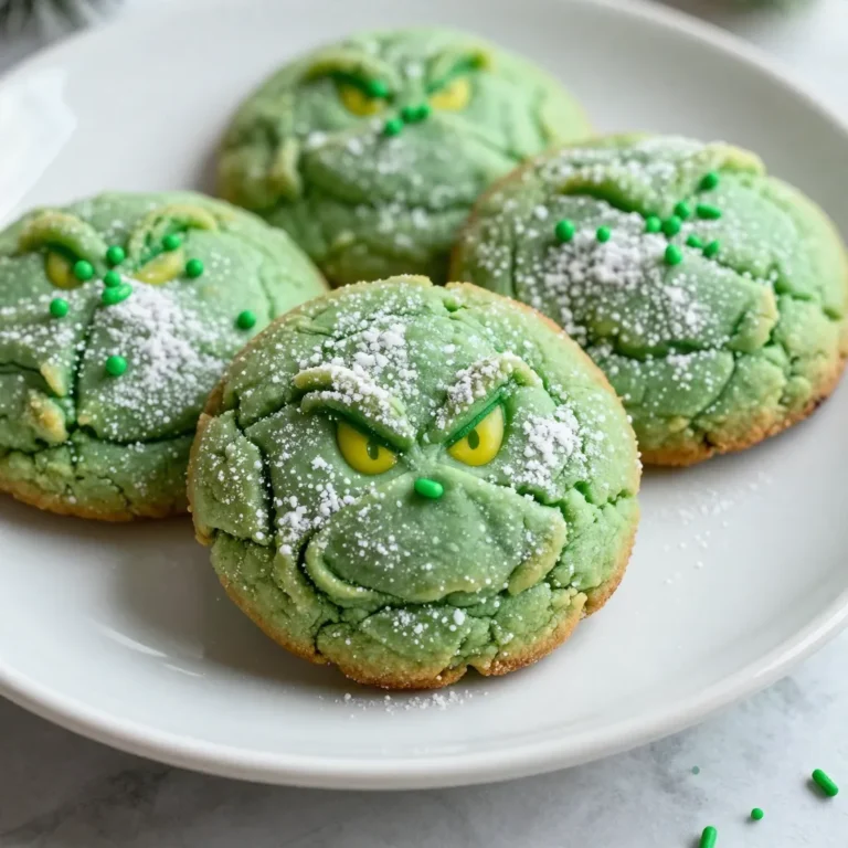 Um die Grinch Crinkle Cookies zuzubereiten, brauchst du folgende Zutaten: - 1 3/4 Tassen Weizenmehl - 1/2 Tasse ungesüßtes Kakaopulver - 1 Teelöffel Backpulver - 1/2 Teelöffel Natron - 1/4 Teelöffel Salz - 1 Tasse Kristallzucker - 1/2 Tasse brauner Zucker, gepackt - 1/2 Tasse Pflanzenöl - 2 große Eier - 2 Teelöffel Vanilleextrakt - 1/2 Teelöffel Pfefferminzextrakt (optional) - 1/2 Tasse Puderzucker (zum Wälzen) - Grüne Streusel zur Dekoration Für diese leckeren Kekse benötigst du genau die richtigen Mengen. Achte darauf, dass du frische Zutaten verwendest. Das Kakaopulver sollte ungesüßt sein, um den Schokoladengeschmack zu betonen. Brauner Zucker sorgt für eine schöne Feuchtigkeit in den Keksen. Wenn du einen mintigen Twist wünschst, füge Pfefferminzextrakt hinzu. Falls du kein Weizenmehl hast, kannst du auch eine glutenfreie Mischung verwenden. Verwende einfach die gleiche Menge für die Kekse. Anstelle von Pflanzenöl kannst du auch geschmolzene Butter verwenden, was den Keksen einen reicheren Geschmack verleiht. Wenn du keinen Kristallzucker hast, geht auch brauner Zucker. Das sorgt für eine andere Textur, aber die Kekse bleiben lecker. {{ingredient_image_2}} Zuerst heize deinen Ofen auf 175°C vor. Das sorgt dafür, dass die Kekse gleichmäßig backen. Lege ein Backblech mit Backpapier aus. So bleiben die Kekse nicht kleben. Das Backpapier ist wichtig für die einfache Handhabung. In einer Schüssel mische das Weizenmehl, Kakaopulver, Backpulver, Natron und Salz. Rühre sie gut durch und stelle die Mischung beiseite. In einer anderen großen Schüssel kombiniere Kristallzucker, braunen Zucker und Pflanzenöl. Rühre alles zusammen, bis es gleichmäßig ist. Jetzt füge die Eier hinzu. Gib sie nacheinander dazu und rühre gut. Danach vermische den Vanilleextrakt und den optionalen Pfefferminzextrakt. Langsam füge die trockenen Zutaten zur feuchten Mischung hinzu. Rühre, bis alles gut vermischt ist. Der Teig kann etwas klebrig sein. Stelle den Teig für 30 Minuten in den Kühlschrank. Dies hilft, die Kekse besser zu formen. Nimm den Teig nach der Kühlzeit heraus. Verwende einen Esslöffel, um kleine Teigkugeln zu formen. Wälze jede Kugel in Puderzucker, bis sie gut bedeckt ist. Platziere die Kugeln mit 5 cm Abstand auf dem Backblech. Drücke sie leicht flach und bestreue sie mit grünen Streuseln. Backe die Kekse für 10-12 Minuten. Achte darauf, dass die Ränder fest sind und die Oberseite rissig aussieht. Lass die Kekse 5 Minuten auf dem Blech abkühlen, bevor du sie auf ein Kuchengitter legst. So bleiben sie frisch und lecker. Um den perfekten Teig zu bekommen, achte auf die Mischung. Die trockenen Zutaten sollten gut vermischt sein. Wenn du die trockenen Zutaten zu den nassen hinzufügst, mach das langsam. So bleibt der Teig glatt und gut verbunden. Ein leicht klebriger Teig ist in Ordnung. Kühl den Teig für 30 Minuten, wenn du ihn fester machen möchtest. Das macht die Handhabung einfacher. Die Crinkle-Optik ist das, was diese Kekse besonders macht. Wälze die Teigkugeln gut in Puderzucker. Das hilft, die Risse zu erzeugen. Achte darauf, die Kugeln leicht flach zu drücken, bevor du sie backst. So entstehen die typischen Risse. Die Hitze des Ofens lässt die Kekse aufgehen und reißt die Oberfläche auf. Heize den Ofen auf 175°C vor, bevor du die Kekse backst. Backe die Kekse für 10-12 Minuten. Achte darauf, dass die Ränder fest sind. Die Oberseite sollte leicht rissig wirken, das zeigt, dass sie fertig sind. Lass die Kekse nach dem Backen 5 Minuten auf dem Blech abkühlen. Danach kannst du sie auf ein Gitter zum vollständigen Abkühlen legen. Pro Tipps Keksteig kühlen: Das Kühlen des Teigs für 30 Minuten macht ihn leichter zu verarbeiten und sorgt für gleichmäßige Keksformen. Puderzucker Trick: Um das Wälzen in Puderzucker zu vereinfachen, kannst du die Kugeln leicht in der Hand rollen, bevor du sie in den Zucker tauchst. Minzige Note: Der Pfefferminzextrakt ist optional, aber er verleiht den Keksen einen besonderen festlichen Geschmack, den viele lieben. Präsentation: Serviere die Kekse auf einer schönen Platte und bestäube sie kurz vor dem Servieren mit zusätzlichem Puderzucker für einen zauberhaften Look. {{image_4}} Um deine Grinch Crinkle Cookies noch leckerer zu machen, kannst du Aromen hinzufügen. Pfefferminzextrakt gibt einen frischen Kick. Es passt perfekt zur Schokolade. Du kannst auch einen Spritzer Orangen- oder Zitronensaft hinzufügen. Diese Zitrusfrüchte bringen eine spannende Note. Denk daran, die Menge klein zu halten, etwa einen Teelöffel. Die Dekoration macht die Kekse besonders festlich. Nutze grüne Streusel, um die Grinch-Optik zu betonen. Du kannst auch weiße Schokoladenstückchen hinzufügen. Diese wirken wie kleine Schneeflocken. Für einen zusätzlichen Effekt, bestäube die Kekse mit mehr Puderzucker. So sehen sie aus wie frisch gefallenem Schnee. Lass deiner Kreativität freien Lauf! Hast du Gäste mit Glutenunverträglichkeit? Kein Problem! Du kannst das Weizenmehl durch eine glutenfreie Mehlmischung ersetzen. Achte darauf, dass sie für Backen geeignet ist. Die Kekse werden genauso lecker sein. Überprüfe auch andere Zutaten, um sicherzustellen, dass sie glutenfrei sind. So kann jeder die Grinch Crinkle Cookies genießen! Um die Grinch Crinkle Cookies frisch zu halten, lege sie in einen luftdichten Behälter. Du kannst auch Backpapier zwischen die Schichten legen. So bleibt die Textur weich und lecker. Stelle den Behälter an einen kühlen, trockenen Ort. Vermeide direkte Sonneneinstrahlung, da dies die Kekse austrocknen kann. Diese Kekse bleiben bei richtiger Lagerung etwa eine Woche frisch. Wenn du sie länger aufbewahren möchtest, lagere sie im Kühlschrank. Dadurch bleiben sie für bis zu zwei Wochen genießbar. Achte darauf, den Behälter gut zu verschließen, um Feuchtigkeit zu vermeiden. Wenn du die Kekse länger aufbewahren möchtest, kannst du sie einfrieren. Lass die Kekse zuerst vollständig abkühlen. Lege sie dann in einen Gefrierbeutel oder einen luftdichten Behälter. Sie halten sich bis zu drei Monate im Gefrierfach. Zum Auftauen lasse sie einfach bei Raumtemperatur stehen. So bleiben sie frisch und lecker! Um die perfekte Crinkle-Optik zu erreichen, ist das Wälzen in Puderzucker wichtig. Wälze die Kekse gründlich, damit sie gut bedeckt sind. Drücke sie leicht flach, bevor du sie backst. Die Hitze lässt den Teig aufgehen und reißt die Oberfläche auf. Achte darauf, die Backzeit nicht zu überziehen. Ein leichtes Rissmuster entsteht, wenn die Kekse perfekt gebacken sind. Ja, du kannst die Kekse im Voraus backen! Wenn du sie kühl und trocken lagerst, bleiben sie frisch. Lege die Kekse in einen luftdichten Behälter. Du kannst sie auch einfrieren, um die Frische zu bewahren. Wenn du sie essen möchtest, lasse sie bei Raumtemperatur auftauen. So hast du immer leckere Kekse zur Hand, wenn du einen weihnachtlichen Snack brauchst. Du kannst viele tolle Zutaten hinzufügen! Ein paar Schokoladenstückchen geben extra Süße. Nüsse wie Walnüsse oder Mandeln fügen eine schöne Textur hinzu. Wenn du es magst, probiere getrocknete Cranberries für etwas Fruchtiges. Ein Hauch von Zimt kann den Keksen eine besondere Note geben. Sei kreativ und finde deine Lieblingskombination! In diesem Artikel haben wir die verschiedenen Zutaten und Schritte für die Grinch Crinkle Cookies besprochen. Wir haben Tipps gegeben, um die perfekte Teigkonsistenz zu erreichen und die besten Backzeiten zu wählen. Sie können Variationen ausprobieren, um neue Aromen zu entdecken. Vergessen Sie nicht, die Kekse richtig zu lagern, damit sie frisch bleiben. Achten Sie auf die häufigsten Fragen, um Ihre Kekse zu perfektionieren. Viel Spaß beim Ausprobieren und Backen!