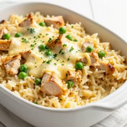 - 2 Tassen ungekochter Reis - 450 g gewürfelte Hähnchenbrustfilets - 250 ml Alfredo-Sauce In diesem Rezept sind die Hauptzutaten einfach zu finden. Der ungekochte Reis gibt dem Gericht eine solide Basis. Die gewürfelten Hähnchenbrustfilets sorgen für Protein und Geschmack. Die Alfredo-Sauce bringt eine cremige Note. - 720 ml Hühnerbrühe - Salz und Pfeffer nach Geschmack - 1 Teelöffel Knoblauchpulver und Zwiebelpulver Flüssigkeiten sind wichtig für das Kochen. Die Hühnerbrühe macht das Gericht saftig und vollmundig. Salz und Pfeffer geben dem Gericht den nötigen Kick. Knoblauch- und Zwiebelpulver verleihen einen tollen Geschmack. - 150 g gefrorene Erbsen - 100 g geriebener Mozzarella-Käse - Frische Petersilie zum Garnieren Erbsen bringen Farbe und Nährstoffe. Der Mozzarella-Käse schmilzt schön und macht das Gericht reichhaltig. Frische Petersilie sorgt für einen hübschen Abschluss und einen frischen Geschmack. {{ingredient_image_2}} Heizen Sie Ihren Ofen auf 190°C (375°F) vor. Das ist wichtig, damit das Gericht gleichmäßig gart. In einer großen Auflaufform vermengen Sie nun die Zutaten. Fügen Sie zwei Tassen ungekochten Reis hinzu. Geben Sie dann 450 g gewürfelte Hähnchenbrustfilets dazu. Als Nächstes kommen 250 ml Alfredo-Sauce und 720 ml Hühnerbrühe in die Form. Streuen Sie 1 Teelöffel Knoblauchpulver und 1 Teelöffel Zwiebelpulver hinein. Vergessen Sie nicht, Salz und Pfeffer nach Geschmack hinzuzufügen. Rühren Sie alles gut um, bis die Mischung gut verbunden ist. Verteilen Sie die Mischung gleichmäßig in der Auflaufform. Decken Sie die Auflaufform gut mit Aluminiumfolie ab. Backen Sie das Gericht 30 Minuten im vorgeheizten Ofen. Dies hilft, das Hähnchen zu garen und den Reis weich zu machen. Nach 30 Minuten nehmen Sie die Folie ab. Rühren Sie 150 g gefrorene Erbsen unter die Mischung. Bestreuen Sie die Oberfläche gleichmäßig mit 100 g geriebenem Mozzarella-Käse. Geben Sie die Auflaufform ohne Abdeckung zurück in den Ofen. Backen Sie für weitere 15 bis 20 Minuten. Achten Sie darauf, dass das Hähnchen gar ist und der Reis zart wird. Nach dem Backen lassen Sie das Gericht 5 Minuten ruhen. Garnieren Sie es mit frischer, gehackter Petersilie vor dem Servieren. - Mischen Sie die Zutaten gleichmäßig. So wird jedes Stück Hähnchen gut gewürzt und der Reis nimmt den Geschmack auf. - Überprüfen Sie den Gargrad des Hähnchens. Es sollte nicht mehr rosa sein. Ein Fleischthermometer hilft hier. Das Hähnchen sollte 75 °C erreichen. - Experimentieren Sie mit Käsesorten. Probieren Sie Cheddar oder Parmesan. Diese geben dem Gericht eine neue Note. - Fügen Sie Gewürze hinzu wie Paprika oder italienische Kräuter. Sie bringen mehr Tiefe ins Gericht. - Öfen haben unterschiedliche Temperaturen. Überprüfen Sie, ob Ihr Gericht durch ist, bevor Sie es herausnehmen. - Für eine knusprigere Käseoberfläche, backen Sie das Gericht ohne Folie. Lassen Sie es ein paar Minuten länger im Ofen. Pro Tipps Reiswahl: Verwenden Sie braunen Reis für einen nussigen Geschmack und zusätzliche Ballaststoffe, oder weißen Reis für eine schnellere Kochzeit. Alfredo-Sauce anpassen: Fügen Sie frische Kräuter oder Gewürze wie Oregano oder Basilikum hinzu, um den Geschmack der Alfredo-Sauce zu intensivieren. Hähnchenbrust marinieren: Marinieren Sie das Hähnchen vor dem Kochen mit Zitronensaft und Gewürzen, um zusätzlichen Geschmack und Zartheit zu erhalten. Ruhen lassen: Lassen Sie das Gericht nach dem Backen 5 Minuten ruhen, damit die Aromen sich setzen und der Reis die Flüssigkeit besser aufnehmen kann. {{image_4}} Für eine vegetarische Version kann man einfach das Hähnchen weglassen. Stattdessen benutze ich gerne verschiedene Gemüsearten oder pflanzliche Proteine. Du könntest zum Beispiel Kichererbsen oder Tofu verwenden. Auch Brokkoli, Paprika und Zucchini passen gut. Einfach alles zusammen mit dem Reis und der Alfredo-Sauce in die Auflaufform geben. Wenn du glutenfrei essen möchtest, gibt es viele Alternativen. Anstelle von normalem Reis kannst du Blumenkohlreis oder Quinoa nehmen. Für die Alfredo-Sauce achte darauf, eine glutenfreie Variante zu wählen. Diese Optionen sind lecker und machen das Gericht leicht verdaulich. Saisonales Gemüse bringt frische Aromen in dein Gericht. Du kannst zum Beispiel Spinat, Kürbis oder grüne Bohnen hinzufügen. Es ist wichtig, das Gemüse klein zu schneiden, damit es gleichmäßig gart. Füge das Gemüse einfach in der ersten Backzeit hinzu, um sicherzustellen, dass es schön weich wird. Bewahre die Reste im Kühlschrank auf. Stelle sicher, dass sie gut abgedeckt sind. Die Reste halten sich dort bis zu drei Tage. Um sie frisch zu halten, lege die Reste in einen luftdichten Behälter. Wenn du die Reste aufwärmst, überprüfe, ob sie gut durchgeheizt sind. Wenn du Reste hast, kannst du sie kreativ nutzen. Mische sie in einen Salat oder fülle sie in Wraps. So hast du schnell ein neues Gericht. Du kannst das Gericht auch einfrieren. Teile es in Portionen auf und lege es in gefriergeeignete Behälter. Achte darauf, dass die Behälter gut verschlossen sind. So bleibt die Frische erhalten. Das Gericht kann bis zu drei Monate im Gefrierschrank bleiben. Zum Wiederaufwärmen hole die Portionen aus dem Gefrierfach. Lasse sie zuerst im Kühlschrank auftauen. Danach erwärmst du sie in der Mikrowelle oder im Ofen. Achte darauf, dass die Innentemperatur 75°C erreicht. So ist das Essen sicher zu essen. Im Kühlschrank bleibt das Gericht bis zu drei Tage frisch. Im Gefrierschrank hält es sich bis zu drei Monate. Achte darauf, dass du die Reste schnell verwendest. Bei Anzeichen von Verderb, wie unangenehmem Geruch, solltest du das Gericht wegwerfen. Die Zubereitung dauert nur 10 Minuten. Nach der Vorbereitung backt das Gericht insgesamt etwa 1 Stunde. Zuerst backen Sie es 30 Minuten mit Folie. Dann entfernen Sie die Folie und backen für weitere 15-20 Minuten. So wird das Hähnchen zart und der Reis gar. Ja, frisches Gemüse ist eine tolle Idee! Sie können Erbsen, Brokkoli oder Spinat verwenden. Wenn Sie frisches Gemüse nehmen, achten Sie darauf, die Garzeit anzupassen. Frisches Gemüse benötigt oft weniger Zeit als gefrorenes. Fügen Sie es einfach in den letzten 10 Minuten hinzu, damit es nicht zu weich wird. Kein Problem! Sie können auch andere Saucen verwenden. Eine einfache Sahnesauce oder eine Käsesauce funktioniert gut. Manchmal nutze ich auch eine Mischung aus Joghurt und Parmesan. Das gibt einen tollen Geschmack. Seien Sie kreativ und passen Sie die Sauce nach Ihrem Geschmack an! Dieses Rezept für Dump-and-Bake Chicken Alfredo Rice ist einfach und lecker. Wir haben die Hauptzutaten wie Hähnchen, Reis und Alfredo-Sauce besprochen. Außerdem habe ich Tipps für Zubereitung und Anpassungen gegeben. Variationen mit Gemüse und glutenfreien Optionen sind ebenfalls enthalten. Denke daran, das Gericht richtig zu lagern und aufzuwärmen. So bleibt es frisch und schmackhaft. Probiere es aus und passe es nach deinem Geschmack an. Kochen soll Spaß machen!