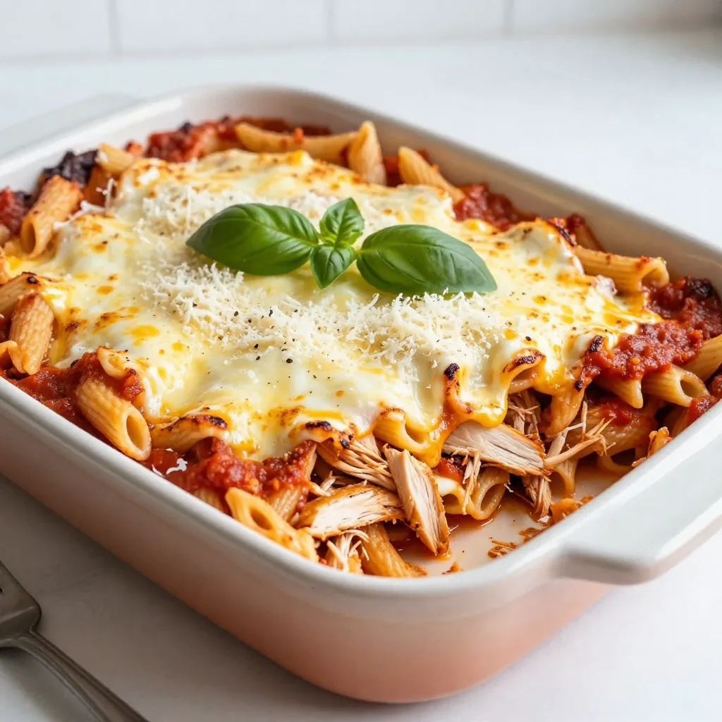 - 2 Tassen gekochtes Hühnchen, zerkleinert - 2 Tassen gekochte Penne-Nudeln - 2 Tassen Marinara-Sauce Die Hauptzutaten sind der Schlüssel zu einem großartigen Chicken Parmesan Casserole. Das zerkleinerte Hühnchen gibt dem Gericht viel Geschmack. Die gekochten Penne-Nudeln sorgen für eine gute Basis und die Marinara-Sauce bringt alles zusammen. Diese Mischung ist einfach und lecker. - 1 Tasse Mozzarella-Käse, gerieben - 1/2 Tasse Parmesan-Käse, gerieben - 1 Teelöffel italienische Gewürzmischung Käse ist sehr wichtig für diesen Auflauf. Der Mozzarella macht das Gericht cremig. Parmesan gibt einen würzigen Kick. Die italienische Gewürzmischung bringt die Aromen zusammen. Diese Käse- und Gewürzzutaten machen das Essen besonders. - 1/2 Teelöffel Knoblauchpulver - 1/4 Teelöffel rote Pfefferflocken - Frische Basilikumblätter zur Garnierung Die optionalen Zutaten sind eine tolle Wahl. Knoblauchpulver gibt einen tollen Geschmack. Rote Pfefferflocken bringen etwas Schärfe. Frische Basilikumblätter machen das Gericht schön und frisch. Diese Zutaten sind einfach zu finden und machen den Auflauf noch besser. {{ingredient_image_2}} Heize deinen Ofen auf 190°C vor. Das ist wichtig, um den Auflauf gleichmäßig zu backen. In einer großen Schüssel vermische 2 Tassen gekochtes Hühnchen, 2 Tassen gekochte Penne-Nudeln und 2 Tassen Marinara-Sauce. Rühre gut um, bis alles gut vermischt ist. Die Sauce sorgt dafür, dass die Nudeln feucht bleiben. Jetzt füge 1 Teelöffel italienische Gewürzmischung, 1/2 Teelöffel Knoblauchpulver und 1/4 Teelöffel rote Pfefferflocken hinzu, wenn du es scharf magst. Mische alles gut, damit die Gewürze gleichmäßig verteilt sind. Gieße dann die Mischung in eine gefettete Auflaufform. So klebt nichts fest. Streue 1 Tasse geriebenen Mozzarella-Käse und 1/2 Tasse geriebenen Parmesan-Käse gleichmäßig über die Mischung. Decke die Form mit Aluminiumfolie ab. Backe den Auflauf 20 Minuten lang im vorgeheizten Ofen. Nach 20 Minuten entferne die Folie und backe den Auflauf weitere 10 Minuten. Der Käse sollte sprudelnd und goldbraun sein. Lass den Auflauf 5 Minuten ruhen, bevor du ihn servierst. Garniere ihn mit frischen Basilikumblättern für einen tollen Geschmack. Um den besten Chicken Parmesan Casserole zu machen, vermische die Zutaten gut. Wenn du das Hühnchen und die Nudeln mit der Marinara-Sauce kombinierst, achte darauf, dass alles gleichmäßig bedeckt ist. Das macht den Auflauf saftig und lecker. Vermeide trockene Nudeln, indem du sie nicht zu lange kochst. Sie sollten al dente sein. So behalten sie die richtige Textur nach dem Backen. Wenn du wirklich sicher sein willst, kannst du die Nudeln auch etwas kürzer kochen. Wenn du keinen Mozzarella hast, kannst du auch andere Käsesorten verwenden. Cheddar oder Gouda geben dem Auflauf einen anderen, aber leckeren Geschmack. Für vegane Optionen kannst du pflanzlichen Käse verwenden. Heute gibt es viele gute Alternativen aus Nüssen oder Soja. Diese Käsealternativen schmelzen oft gut und schmecken fast wie der echte Käse. Für Beilagen eignen sich frische Salate gut. Ein einfacher grüner Salat mit einem leichten Dressing passt perfekt. Du kannst auch einen Tomatensalat mit frischem Basilikum machen. Bereite einen schmackhaften Salat mit Rucola, Kirschtomaten und einem Spritzer Zitrone vor. Das bringt frische in dein Gericht und rundet das Essen ab. Pro Tipps Käse-Mischung: Für einen intensiveren Geschmack können Sie die Käsesorten variieren. Fügen Sie zum Beispiel Gouda oder Cheddar hinzu, um die Aromen zu bereichern. Vorbereitung des Hühnchens: Verwenden Sie übrig gebliebenes Hühnchen oder gekochtes Hühnchen von einem Brathähnchen, um Zeit zu sparen und den Geschmack zu intensivieren. Veggie-Boost: Fügen Sie zusätzliches Gemüse wie Spinat, Zucchini oder Paprika hinzu, um das Gericht nährstoffreicher und bunter zu gestalten. Richtige Backzeit: Behalten Sie den Auflauf im Auge, während er im Ofen ist, da Backzeiten je nach Ofentyp variieren können. Die perfekte Konsistenz ist sprudelnd und goldbraun. {{image_4}} Möchten Sie mehr Farbe und Geschmack in Ihren Chicken Parmesan Casserole bringen? Sie können ganz einfach Gemüse hinzufügen. Zucchini ist eine tolle Wahl. Schneiden Sie sie in kleine Stücke und mischen Sie sie in die Nudel- und Hühnchenmischung. So bleibt das Gericht frisch und gesund. Eine weitere Option ist Spinat. Frischer Spinat gibt dem Auflauf eine schöne grüne Farbe und einen tollen Geschmack. Fügen Sie ihn einfach zur Mischung hinzu und rühren Sie gut um. Pilze sind ebenfalls eine gute Ergänzung. Sie bringen einen herzhaften Geschmack mit und passen gut zu Käse. Verwenden Sie frische Champignons oder Shiitake-Pilze. Einfach klein schneiden und unter die Mischung heben. Wenn Sie etwas Abwechslung möchten, können Sie das Hühnchen ersetzen. Putenfleisch ist eine großartige Option. Es hat einen ähnlichen Geschmack und ist leicht. Einfach das zerkleinerte Putenfleisch anstelle des Hühnchens verwenden. Rinderhackfleisch kann auch verwendet werden. Es gibt dem Auflauf einen kräftigen Geschmack. Braten Sie das Hackfleisch vorher an und lassen Sie es abkühlen, bevor Sie es hinzufügen. Für Vegetarier gibt es viele Alternativen. Sie können Tofu oder Seitan verwenden. Diese Zutaten nehmen die Aromen der Gewürze gut auf. Achten Sie darauf, sie gut zu würzen, um den besten Geschmack zu erzielen. Eine einfache Möglichkeit, Zeit zu sparen, ist die Zubereitung als One-Pot-Gericht. Kochen Sie die Nudeln direkt in der Marinara-Sauce. Dann fügen Sie das Hühnchen und den Käse hinzu. So sparen Sie sich das Abwaschen eines zusätzlichen Topfes. Wenn Sie Portionsgrößen zubereiten möchten, können Sie den Auflauf in kleinen Auflaufformen backen. Dies macht das Servieren einfacher und jeder kann seine eigene Portion haben. Achten Sie darauf, die Backzeit anzupassen, wenn Sie kleinere Formen verwenden. Lass den Auflauf vor dem Lagern abkühlen. Dies hilft, die Feuchtigkeit zu halten. Lege den Auflauf in einen luftdichten Behälter. So bleibt er frisch. Du kannst ihn bis zu drei Tage im Kühlschrank aufbewahren. Um den Auflauf einzufrieren, lasse ihn vollständig abkühlen. Fülle ihn in einen gefrierfesten Behälter. Vergiss nicht, das Datum darauf zu schreiben. Zum Auftauen lege den Auflauf über Nacht in den Kühlschrank. Zum Aufwärmen kannst du ihn im Ofen bei 180°C für 25 Minuten backen. Der Auflauf bleibt im Kühlschrank für bis zu drei Tage frisch. Im Gefrierfach hält er bis zu drei Monate. Achte auf Anzeichen von Verderb. Wenn der Auflauf komisch riecht oder verfärbt ist, wirf ihn weg. Die Zubereitung des Chicken Parmesan Auflaufs dauert insgesamt 45 Minuten. Die Vorbereitungszeit beträgt 15 Minuten. In dieser Zeit kannst du die Zutaten zusammenstellen und vermengen. Der Auflauf backt dann für 30 Minuten im Ofen. Du kannst also schnell ein köstliches Gericht zaubern. Ja, du kannst den Auflauf im Voraus zubereiten. Bereite ihn einfach bis zur Backzeit vor. Decke die Auflaufform mit Alufolie ab und stelle sie in den Kühlschrank. Du kannst ihn auch einfrieren. Achte darauf, ihn gut abzudecken, um Gefrierbrand zu vermeiden. Wenn du bereit bist, ihn zu backen, erhitze den Ofen und backe ihn wie im Rezept beschrieben. Dieses Rezept enthält einige häufige Allergene. Dazu gehören Huhn, Weizen (in den Nudeln), Milchprodukte (im Käse) und eventuell Gluten. Wenn du Allergien hast, wähle glutenfreie Nudeln und laktosefreien Käse. So kannst du sicherstellen, dass das Gericht für dich geeignet ist. Dieser Blogbeitrag zeigt dir, wie du einen leckeren Chicken Parmesan Auflauf machst. Du brauchst einfache Zutaten wie Hühnchen, Nudeln und Käse. Die Anleitung führt dich durch jeden Schritt, von der Vorbereitung bis zum Backen. Tipps helfen dir, das perfekte Gericht zuzubereiten. Mit Variationen kannst du dein Rezept anpassen. Denk daran, wie du den Auflauf lagerst, damit er frisch bleibt. Verwende diese Informationen, um dein Kochen zu verbessern und deinen Auflauf zu genießen. Guten Appetit!