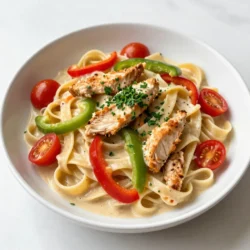 Für die cremige Cajun Hähnchen-Pasta benötigst du folgende Hauptzutaten: - 225 g Fettuccine-Pasta - 2 Hähnchenbrustfilets, in Streifen geschnitten - 240 ml Schlagsahne - 240 ml Hühnerbrühe - 1 Paprika (rot oder grün), in Streifen geschnitten - 1 kleine Zwiebel, gewürfelt - 3 Knoblauchzehen, fein gehackt - 150 g Cherrytomaten, halbiert Diese Zutaten geben der Pasta ihren tollen Geschmack. Die Kombination aus Hähnchen und Gemüse macht sie besonders lecker und nahrhaft. Die richtigen Gewürze sind sehr wichtig. Hier sind die Gewürze und Öle, die du brauchst: - 2 Esslöffel Cajun-Gewürz - 1 Esslöffel Olivenöl - Salz und Pfeffer nach Geschmack Das Cajun-Gewürz bringt eine scharfe Note. Das Olivenöl hilft, das Hähnchen gut zu braten. Salz und Pfeffer runden den Geschmack ab. Garnituren sind eine schöne Möglichkeit, das Gericht zu verschönern. Du kannst diese Optionen verwenden: - 50 g frisch geriebener Parmesan - Frische Petersilie, gehackt Der Parmesan gibt eine cremige Note. Die Petersilie sorgt für Farbe und Frische. Beide machen die Pasta noch attraktiver. {{ingredient_image_2}} Bringe in einem großen Topf gesalzenes Wasser zum Kochen. Füge die Fettuccine hinzu. Koche die Pasta laut Anleitung auf der Verpackung, bis sie al dente ist. Gieße die Pasta ab, aber behalte etwas Nudelwasser. Nimm die Hähnchenbrustfilets und schneide sie in Streifen. In einer Schüssel vermenge die Hähnchenstreifen mit dem Cajun-Gewürz. Stelle sicher, dass alle Stücke gleichmäßig bedeckt sind. Erhitze in einer großen Pfanne das Olivenöl bei mittlerer Hitze. Füge die gewürfelte Zwiebel, die Paprika und den gehackten Knoblauch hinzu. Brate das Gemüse etwa 3-4 Minuten, bis die Zwiebeln durchsichtig und die Paprika zart sind. Gieße die Hühnerbrühe in die Pfanne und bringe sie zum Köcheln. Rühre die Schlagsahne ein und lasse die Mischung sanft kochen. Koche die Soße 3-5 Minuten, bis sie leicht eindickt. Gib das gebratene Hähnchen zurück in die Pfanne. Füge die halbierten Cherrytomaten und die gekochte Pasta hinzu. Vermenge alles gut. Wenn die Soße zu dick ist, füge etwas Nudelwasser hinzu. Nimm die Pfanne vom Herd. Rühre den frisch geriebenen Parmesan unter, bis er schmilzt. Würze nach Geschmack mit Salz und Pfeffer. Richte die cremige Cajun-Hähnchen-Pasta an und garniere sie mit frischer Petersilie. Um die Soße perfekt cremig zu machen, ist Timing wichtig. Kochen Sie die Hühnerbrühe und die Schlagsahne zusammen. Lassen Sie die Mischung leicht köcheln. So dickt die Soße gut ein. Wenn die Soße zu dick wird, fügen Sie einfach etwas Nudelwasser hinzu. Das bringt die richtige Konsistenz zurück. Für mehr Geschmack können Sie verschiedene Zutaten ausprobieren. Fügen Sie Spinat oder Brokkoli hinzu, um mehr Farbe und Nährstoffe zu bekommen. Auch Pilze passen gut in die Soße. Wenn Sie es schärfer mögen, verwenden Sie Cayennepfeffer oder frische Chilis. Experimentieren Sie mit verschiedenen Gemüsesorten, um Ihre eigene Note zu finden. Ein häufiger Fehler ist es, die Pasta zu lange zu kochen. Achten Sie darauf, dass sie al dente ist. Auch das Anbraten des Hähnchens sollte nicht zu lange dauern, sonst wird es trocken. Sehen Sie zu, dass die Soße nicht zu stark kocht, während Sie die Zutaten zusammenfügen. Zu viel Hitze kann die Soße trennen. Pro Tipps Hähnchen marinieren: Lassen Sie die gewürzten Hähnchenstreifen mindestens 30 Minuten marinieren, um den Geschmack zu intensivieren. Gemüse variieren: Fügen Sie zusätzliches Gemüse wie Zucchini oder Brokkoli hinzu, um die Nährstoffe und Texturen zu erhöhen. Würze anpassen: Passen Sie die Menge des Cajun-Gewürzes nach Ihrem Geschmack an, um die Schärfe zu kontrollieren. Pasta al dente: Achten Sie darauf, die Pasta al dente zu kochen, damit sie die Soße gut aufnimmt und nicht matschig wird. {{image_4}} Für eine vegetarische Version der Cajun Pasta kann man das Hähnchen durch Tofu oder Gemüse ersetzen. Nutze festen Tofu, schneide ihn in Würfel und würze ihn mit Cajun-Gewürz. Brate den Tofu in Olivenöl goldbraun an. Du kannst auch mehr Gemüse hinzufügen, wie Zucchini oder Brokkoli. Dies gibt der Pasta mehr Textur und Vitamine. Wenn du Fisch oder Meeresfrüchte magst, verwende Garnelen oder Lachs. Brate die Garnelen in der Pfanne, bis sie rosa sind. Für Lachs brate ihn in dickeren Stücken und schneide ihn nach dem Garen in mundgerechte Stücke. Beide Optionen bringen einen frischen Geschmack in die cremige Soße. Achte darauf, die Garzeit anzupassen, damit das Essen nicht übergart. Für eine schärfere Version der Cajun Pasta füge mehr Cajun-Gewürz hinzu. Du kannst auch frische Jalapeños oder Cayennepfeffer verwenden. Diese Zutaten bringen mehr Hitze und Geschmack. Achte darauf, die Schärfe nach deinem Geschmack anzupassen. Eine scharfe Variante ist perfekt für alle, die es würzig mögen. Um die Reste der cremigen Cajun Hähnchen-Pasta richtig zu lagern, verwende einen luftdichten Behälter. Lasse die Pasta zuerst auf Raumtemperatur abkühlen. Dann kannst du sie in den Kühlschrank stellen. So bleiben die Aromen erhalten und die Pasta bleibt frisch. Lagere die Reste nicht länger als drei bis vier Tage. Das Aufwärmen der Pasta ist einfach. Du kannst die Reste in der Mikrowelle oder auf dem Herd erwärmen. Wenn du die Mikrowelle benutzt, stelle die Leistung auf mittel. Füge einen Esslöffel Wasser oder Brühe hinzu, um die Soße feucht zu halten. Rühre alle 30 Sekunden um, bis die Pasta heiß ist. Auf dem Herd kannst du die Pasta bei niedriger Hitze in einer Pfanne erwärmen und gelegentlich umrühren. Die Haltbarkeit der Zutaten ist wichtig. Frische Hähnchenbrust sollte innerhalb von zwei Tagen nach dem Kauf verwendet werden. Schlagsahne bleibt im Kühlschrank etwa eine Woche frisch, wenn sie geöffnet ist. Gemüse wie Paprika und Zwiebeln halten sich gut für eine Woche. Achte darauf, alle Zutaten gut zu verpacken, um Frische zu sichern. Die Zubereitung der Cajun Hähnchen-Pasta dauert insgesamt etwa 30 Minuten. Davon sind 15 Minuten für die Vorbereitung und 15 Minuten für das Kochen. Ja, du kannst die Pasta im Voraus zubereiten. Koche die Fettuccine und bewahre sie in einem luftdichten Behälter auf. Füge etwas Olivenöl hinzu, um ein Verkleben zu verhindern. Wenn du bereit bist, sie zu servieren, erhitze sie in der Pfanne mit der Soße. Zu Cajun Hähnchen-Pasta passen viele Beilagen. Hier sind einige Vorschläge: - Ein einfacher grüner Salat - Knoblauchbrot - Gedünstetes Gemüse - Maisbrot Cajun-Gewürz ist eine Mischung aus Gewürzen. Es enthält oft Paprika, Knoblauchpulver, Zwiebelpulver und Pfeffer. Du kannst es in jedem Supermarkt oder online kaufen. Schau nach der Gewürzabteilung. Ja, du kannst die Schlagsahne durch leichtere Alternativen ersetzen. Eine gute Wahl ist fettarme Sahne oder griechischer Joghurt. Diese Optionen geben einen ähnlichen Geschmack, aber mit weniger Kalorien. Zusammenfassend bietet dieses Rezept für cremige Cajun Hähnchen-Pasta viele tolle Tipps. Wir haben die Hauptzutaten, die Schritt-für-Schritt-Anleitung und Variationen für jeden Geschmack besprochen. Zudem gibt es wertvolle Tipps zur perfekten Soße und zur richtigen Lagerung. Mit diesen Anleitungen wirst du ein köstliches Gericht kreieren. Experimentiere mit den Zutaten und passe das Rezept an deinen Geschmack an. Spaß beim Kochen und Genießen!