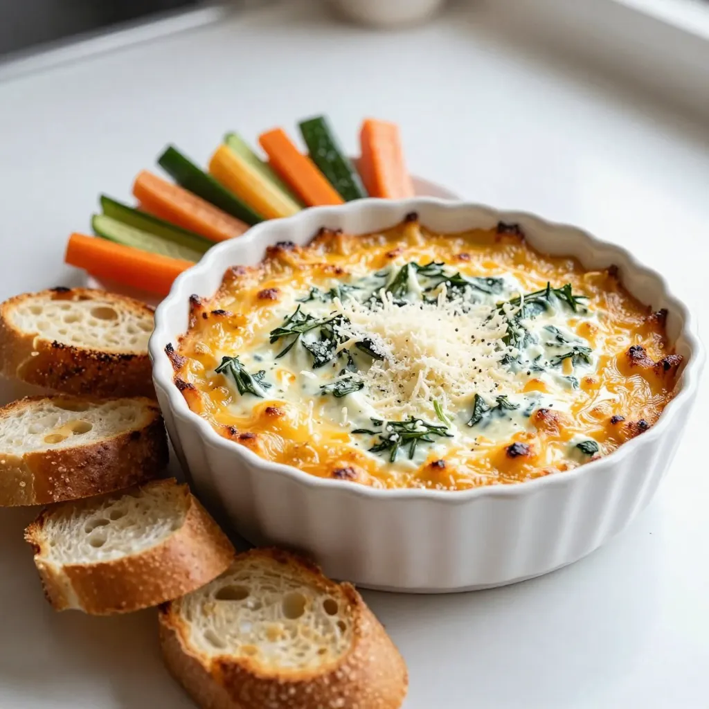 Für diesen leckeren Dip brauchst du folgende Hauptzutaten: - 1 Tasse gefrorener Spinat, aufgetaut und gut abgetropft - 1 Tasse eingelegte Artischockenherzen, grob gehackt - 1/2 Tasse Frischkäse, weich gemacht - 1/2 Tasse saure Sahne - 1 Tasse geriebener Mozzarella-Käse - 1/2 Tasse geriebener Parmesan-Käse - 2 Knoblauchzehen, fein gehackt - 1 Teelöffel Zitronensaft - Salz und Pfeffer nach Geschmack Diese Zutaten sorgen für einen cremigen und herzhaften Geschmack. Der Spinat bringt eine schöne grüne Farbe. Die Artischocken geben einen besonderen Biss. Zusätzlich kannst du auch folgende Zutaten verwenden: - 1/2 Teelöffel rote Paprikaflocken (optional) Diese Paprikaflocken fügen einen kleinen Kick hinzu. Wenn du es mild magst, lass sie einfach weg. Wenn du die besten Zutaten wählst, schmeckt dein Dip noch besser. Hier sind einige Tipps: - Spinat: Achte darauf, dass der Spinat gut abgetropft ist. So bleibt der Dip nicht wässrig. - Artischocken: Wähle eingelegte Artischocken in Öl für mehr Geschmack. - Käse: Frisch geriebener Käse schmilzt besser als vorgeriebener. - Knoblauch: Frischer Knoblauch hat einen stärkeren Geschmack als Granulat. Mit diesen einfachen Tipps wirst du einen tollen Käse-Spinat-Artischockendip zubereiten. {{ingredient_image_2}} Zuerst heize deinen Ofen auf 190 °C vor. In einer großen Schüssel mische die weiche Frischkäse mit der sauren Sahne. Rühre, bis es glatt und cremig ist. Dann füge die gehackten Artischocken und den abgetropften Spinat hinzu. Rühre alles gut durch. Jetzt kommen die Aromen. Hacke die Knoblauchzehen fein und füge sie der Mischung hinzu. Gib den Zitronensaft, Salz, Pfeffer und die roten Paprikaflocken dazu. Rühre alles gut, bis die Zutaten vermischt sind. Zum Schluss hebe den geriebenen Mozzarella und die Hälfte des geriebenen Parmesans vorsichtig unter. Achte darauf, dass alles gleichmäßig verteilt ist. Gib die Dip-Masse in eine Auflaufform. Verteile die Mischung gleichmäßig. Streue den restlichen Parmesan gleichmäßig obenauf. Jetzt ist der Dip bereit für den Ofen. Backe ihn 20-25 Minuten. Er ist fertig, wenn er heiß und sprudelnd ist und die Oberseite goldbraun wird. Nimm den Dip aus dem Ofen und lass ihn kurz abkühlen. Um ihn ansprechend zu servieren, platziere ihn warm auf einem Tisch. Kombiniere ihn mit knusprigen Baguette-Scheiben, Tortilla-Chips oder bunten Gemüse-Sticks. So sieht dein Dip toll aus und schmeckt noch besser. Um die perfekte Konsistenz zu erreichen, achte auf die Menge der Zutaten. Der Frischkäse und die saure Sahne sind wichtig für die Cremigkeit. Mische sie gut, bis die Mischung glatt ist. Füge den Spinat und die Artischocken gleichmäßig hinzu. So bleibt der Dip schön cremig. Ein häufiger Fehler ist, den Spinat nicht gut abzutropfen. Zu viel Wasser macht den Dip dünn. Achte darauf, dass du den Spinat gut ausdrückst. Auch das Zu-viel-Hinzufügen von Salz kann den Geschmack ruinieren. Taste während des Mischens ab, um das richtige Gleichgewicht zu finden. Für die Zubereitung brauchst du einige einfache Werkzeuge. Ein guter Mixer oder eine große Schüssel ist wichtig. Ein Spatel hilft beim Mischen. Eine Auflaufform ist nötig, um den Dip zu backen. Vergiss nicht, ein Backblech darunter zu legen. So verhinderst du, dass etwas überläuft. Pro Tipps Käsevarianten: Experimentiere mit verschiedenen Käsesorten, wie Cheddar oder Feta, um dem Dip eine persönliche Note zu verleihen. Frischkäse vorbereiten: Stelle sicher, dass der Frischkäse gut weich ist, damit er sich leicht mit den anderen Zutaten vermengen lässt. Zusätzliche Gewürze: Verleihe dem Dip mehr Geschmack, indem du Kräuter wie Thymian oder Oregano hinzufügst. Dip im Voraus zubereiten: Du kannst den Dip im Voraus zubereiten und im Kühlschrank aufbewahren. Einfach vor dem Servieren aufwärmen und genießen. {{image_4}} Wenn du deinen Käse-Spinat-Artischockendip aufpeppen möchtest, füge verschiedene Käsesorten hinzu. Hier sind einige Vorschläge: - Cheddar: Er bringt eine scharfe Note. - Gorgonzola: Dieser Käse sorgt für einen kräftigen Geschmack. - Feta: Feta gibt einen salzigen und cremigen Akzent. Experimentiere mit diesen Käsen, um deinen eigenen Twist zu finden! Für eine vegane Version kannst du folgende Zutaten nutzen: - Vegane Frischkäse-Alternativen: Diese sind meist auf Nussbasis. - Kokosjoghurt: Er ersetzt die saure Sahne gut. - Nährhefe: Diese gibt einen käsigen Geschmack ohne Milch. Wenn du glutenfrei kochen möchtest, achte auf glutenfreie Snacks zum Dippen. Um deine Dip-Variation zu erweitern, kannst du auch Gewürze oder Zutaten hinzufügen. Probiere: - Zwiebeln: Fein gehackt, geben sie einen süßen Geschmack. - Chili: Für eine scharfe Note, füge frische oder getrocknete Chilischoten hinzu. - Kräuter: Frischer Dill oder Petersilie bringen Frische. Diese Variationen helfen dir, den perfekten Dip für jeden Anlass zu kreieren! Wenn du noch Dip übrig hast, lagere ihn in einem luftdichten Behälter. Lass den Dip zuerst auf Raumtemperatur abkühlen. Decke den Behälter gut ab, um die Frische zu bewahren. So bleibt der Geschmack erhalten. Du kannst den Dip bis zu drei Tage im Kühlschrank aufbewahren. Du kannst den Dip auch einfrieren, wenn du mehr gemacht hast. Fülle ihn in einen gefrierfesten Behälter. Lasse dabei etwas Platz, da der Dip beim Einfrieren expandiert. Der Dip hält sich bis zu zwei Monate im Gefrierfach. Zum Auftauen, stelle ihn einfach über Nacht in den Kühlschrank. Erhitze den Dip dann im Ofen oder in der Mikrowelle, bis er warm ist. Der Dip bleibt frisch, wenn du die Lagerungshinweise beachtest. Im Kühlschrank hält er sich etwa drei Tage. Achte darauf, den Dip vor dem Servieren gut durchzuwärmen. Wenn der Dip unangenehm riecht oder die Konsistenz sich verändert, entsorge ihn. Sicherheit geht vor. Die Zubereitung des Käse-Spinat-Artischockendips dauert insgesamt etwa 40 Minuten. Du brauchst 15 Minuten, um die Zutaten vorzubereiten. Dann backst du den Dip für 20-25 Minuten im Ofen. Achte darauf, den Dip gut zu mischen, damit alle Zutaten gleichmäßig verteilt sind. Ja, du kannst frischen Spinat verwenden. Wenn du frischen Spinat nimmst, solltest du ihn vorher blanchieren. Blanchiere den Spinat für 2-3 Minuten in kochendem Wasser. Lass ihn dann gut abtropfen und hacke ihn klein. So bleibt der Dip schön cremig und der Geschmack bleibt intensiv. Zu diesem Dip passen viele leckere Beilagen. Hier sind einige Vorschläge: - Knusprige Baguette-Scheiben - Tortilla-Chips - Bunte Gemüse-Sticks, wie Karotten und Paprika - Pita-Brot Diese Beilagen machen den Dip noch besser. Sie bringen verschiedene Texturen und Geschmäcker in dein Gericht. Der Käse-Spinat-Artischockendip ist einfach und lecker. In diesem Blogbeitrag haben wir die besten Zutaten, Tipps zur Zubereitung und Variationen vorgestellt. Du hast gelernt, wie man den Dip optimal lagert und häufige Fehler vermeidet. Probiere verschiedene Käsesorten oder vegane Optionen aus, um deinen Geschmack zu erweitern. Egal, ob für eine Party oder einen gemütlichen Abend – dieser Dip wird jeden begeistern! Jetzt liegt es an dir, ihn auszuprobieren und zu genießen.