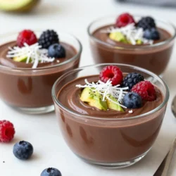 Die Hauptzutaten für die Mousse sind einfach und gesund. Hier ist, was du brauchst: - 2 reife Avocados, geschält und entsteint - 1/2 Tasse ungesüßtes Kakaopulver - 1/2 Tasse Ahornsirup oder Agavensirup - 1/4 Tasse Mandelmilch oder Kokosmilch - 1 Teelöffel Vanilleextrakt - Eine Prise Salz Die Avocados sind die Basis. Sie machen die Mousse cremig und geben gesunde Fette. Das Kakaopulver sorgt für den schokoladigen Geschmack. Ahornsirup bringt die Süße. Mandelmilch macht die Mischung schön glatt. Vanilleextrakt fügt ein zusätzliches Aroma hinzu. Die Prise Salz hebt den Geschmack hervor. Toppings können die Mousse aufpeppen. Hier sind einige Ideen: - Geraspelte Kokosnuss - Frische Beeren - Gehackte Nüsse Diese Toppings bringen Farbe und Textur. Sie machen das Dessert noch ansprechender. Du kannst kreativ sein und deine Lieblingszutaten wählen. Die Wahl der Avocados ist wichtig. Hier sind einige Tipps: - Suche nach Avocados mit einer dunklen, leicht matschigen Haut. - Drücke sanft auf die Avocado. Sie sollte sich leicht eindrücken lassen. - Vermeide Avocados, die zu weich oder braun sind. Reife Avocados sorgen für die beste Konsistenz. Sie geben der Mousse die nötige Cremigkeit. Wenn du unreife Avocados kaufst, lass sie bei Raumtemperatur reifen. Du kannst sie auch in eine Papiertüte legen, um den Prozess zu beschleunigen. {{ingredient_image_2}} Um die Mousse zuzubereiten, brauchst du frische Zutaten. Beginne mit zwei reifen Avocados. Schäle sie und entferne den Kern. Gib die Avocados in eine Küchenmaschine. Füge 1/2 Tasse ungesüßtes Kakaopulver hinzu. Jetzt kommt 1/2 Tasse Ahornsirup dazu. Du kannst auch Agavensirup verwenden. Dann gib 1/4 Tasse Mandelmilch hinein. Wenn du eine dickere Mousse willst, nimm Kokosmilch. Füge einen Teelöffel Vanilleextrakt und eine Prise Salz hinzu. Mixe alles gut durch. Die Mischung muss cremig und glatt sein. Mixe sie bei hoher Geschwindigkeit. Vergiss nicht, die Ränder abzukratzen. So bleiben keine Stücke übrig. Probier die Mousse und passe die Süße an. Wenn sie süßer sein soll, füge mehr Ahornsirup hinzu. Mixe kurz weiter, um alles zu vermischen. Sobald die Mousse fertig ist, fülle sie in Dessertschalen oder Gläser. Stelle sie für mindestens 30 Minuten in den Kühlschrank. Die Kühlung hilft, die Mousse fester zu machen. Auch die Aromen kommen besser zur Geltung. Vor dem Servieren kannst du Toppings hinzufügen. Geraspelte Kokosnuss, frische Beeren oder gehackte Nüsse passen sehr gut. Serviere die Mousse in transparenten Gläsern. So sieht die schokoladige Farbe toll aus. Ein frisches Minzblatt als Garnitur gibt einen schönen Kontrast. Ein häufiger Fehler ist, die Avocados nicht reif genug zu wählen. Unreife Avocados machen die Mousse bitter. Wählen Sie also immer reife, weiche Avocados. Ein weiterer Fehler ist, die Mousse nicht lange genug zu mixen. Wenn Sie die Mischung nicht ganz glatt pürieren, bleibt sie klumpig. Achten Sie darauf, die Ränder der Schüssel regelmäßig abzuschaben, damit alles gleichmäßig gemixt wird. Die Süße ist wichtig für den Geschmack. Ich empfehle, mit der angegebenen Menge Ahornsirup zu beginnen. Probieren Sie die Mousse und fügen Sie nach Bedarf mehr hinzu. Wenn Sie es weniger süß mögen, verwenden Sie weniger. Agavensirup ist auch eine gute Option. Er hat einen ähnlichen Geschmack, ist aber flüssiger. Experimentieren Sie mit verschiedenen Süßungsmitteln, um die perfekte Balance zu finden. Die Konsistenz ist entscheidend für das Dessert. Verwenden Sie Mandelmilch oder Kokosmilch, um die Mousse cremig zu machen. Wenn die Mousse zu dick ist, fügen Sie einfach etwas mehr Milch hinzu. Falls sie zu dünn ist, lassen Sie sie länger im Kühlschrank. Achten Sie darauf, die Mousse in transparenten Gläsern zu servieren. So können die Gäste die schöne, samtige Textur sehen. Pro Tipps Reife Avocados wählen: Stellen Sie sicher, dass die Avocados reif sind, um eine cremige Textur zu erzielen. Sie sollten leicht drücken und auf Ihrem Handballen weich sein. Kakaopulver für intensiven Geschmack: Nutzen Sie hochwertiges ungesüßtes Kakaopulver, um den Schokoladengeschmack zu intensivieren und eine reichhaltige Mousse zu erhalten. Süße anpassen: Probieren Sie die Mousse vor dem Kühlen und passen Sie die Süße nach Ihrem Geschmack an, indem Sie mehr Ahornsirup oder Agavensirup hinzufügen. Variationen der Toppings: Seien Sie kreativ mit den Toppings! Fügen Sie frische Früchte, Nüsse oder sogar ein paar Spritzer Karamellsauce hinzu, um das Dessert zu verfeinern. {{image_4}} Ich liebe es, mit verschiedenen Süßungsmitteln zu experimentieren. Ahornsirup ist mein Favorit, aber du kannst auch Agavensirup verwenden. Beide geben der Mousse eine schöne Süße. Wenn du es weniger süß magst, probiere Dattelsirup oder Kokosblütenzucker. Diese Alternativen bringen einen anderen Geschmack und sind gesund. Möchtest du einen besonderen Kick? Füge etwas Kaffee hinzu. Ein Teelöffel instant Kaffee macht die Mousse noch schokoladiger. Wenn du es würzig magst, probiere eine Prise Chili. Das gibt ein spannendes Aroma und überrascht deine Gäste. Du kannst auch Zimt oder eine Prise Meersalz verwenden, um die Aromen zu verstärken. Statt Mandelmilch kannst du Kokosmilch verwenden. Sie macht die Mousse noch cremiger. Wenn du eine nussfreie Option suchst, verwende Hafermilch. Bei den Toppings sind frische Beeren eine tolle Wahl. Sie bringen Frische und Farbe. Auch geraspelte Kokosnüsse oder gehackte Nüsse sind vegan und geben einen schönen Crunch. Die Mousse bleibt im Kühlschrank bis zu drei Tage frisch. Lagern Sie sie in einem gut verschlossenen Behälter. So bleibt die Konsistenz cremig. Achten Sie darauf, sie nicht zu lange stehen zu lassen. Nach drei Tagen kann die Mousse ihren Geschmack verändern. Wenn Sie Reste haben, verwenden Sie sie kreativ! Fügen Sie die Mousse zu Smoothies hinzu. Sie passt auch gut in Haferflocken oder als Füllung für Desserts. So verschwenden Sie nichts und genießen neue Geschmäcker. Toppings wie frische Beeren sind auch eine tolle Ergänzung für Reste. Die Mousse kann eingefroren werden, aber die Konsistenz ändert sich. Wenn Sie sie einfrieren, nutzen Sie einen luftdichten Behälter. So vermeiden Sie Gefrierbrand. Zum Auftauen lassen Sie sie im Kühlschrank über Nacht. Rühren Sie sie gut durch, um die Cremigkeit zurückzugewinnen, bevor Sie sie servieren. Ja, diese Mousse ist voll vegan. Sie enthält keine tierischen Produkte. Die Hauptzutaten sind Avocados und Kakaopulver. Diese Zutaten machen die Mousse reichhaltig und cremig. Für den Süßstoff verwenden wir Ahornsirup oder Agavensirup, die beide vegan sind. So können alle, die pflanzlich essen, diese köstliche Mousse genießen. Ja, du kannst die Mousse vorher machen. Sie bleibt im Kühlschrank frisch. Bereite die Mousse einfach 30 Minuten vor dem Servieren zu. Lass sie dann kühlen, damit sie fest wird. So hast du mehr Zeit, um deine Gäste zu begrüßen. Du kannst die Mousse auch einen Tag im Voraus machen. Sie wird immer lecker schmecken, wenn sie gut gekühlt ist. Um die Schokoladennote zu verstärken, füge mehr Kakaopulver hinzu. Beginne mit einem Esslöffel mehr und probiere die Mousse. Du kannst auch etwas geschmolzene dunkle Schokolade einrühren. Diese Schokolade bringt einen intensiveren Geschmack. Achte darauf, dass die Schokolade vegan ist. So bleibt deine Mousse perfekt für jeden Schokoladenliebhaber. Die Anleitung zur Zubereitung einer leckeren Mousse war umfassend und klar. Wir haben Haupt- und optionale Zutaten sowie wichtige Tipps zur Avocadoauswahl besprochen. Die Schritt-für-Schritt-Anleitung zeigt, wie du die perfekte Mousse zauberst. Du kannst die Konsistenz und den Geschmack auf einfache Weise anpassen. Insgesamt hast du nun die Werkzeuge, um eine köstliche Mousse zu kreieren. Experimentiere und finde deine Lieblingsvariationen!