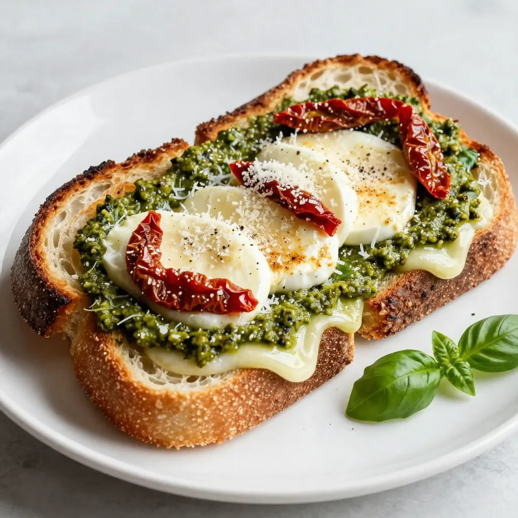 - 4 Scheiben Sauerteigbrot - 1 Tasse frisches Basilikum-Pesto - 4 Scheiben Mozzarella-Käse - 1/2 Tasse geriebener Parmesan-Käse Diese Zutaten bilden die Basis für ein tolles, herzhaftes Sandwich. Sauerteigbrot hat einen tollen Geschmack und eine schöne Textur. Das frische Basilikum-Pesto bringt einen wunderbaren, aromatischen Kick. Mozzarella schmilzt gut und sorgt für eine cremige Füllung. Parmesan ergänzt den Geschmack und gibt dem Sandwich Tiefe. - 1/4 Tasse getrocknete Tomaten, gehackt - 2 Esslöffel Butter - Salz und Pfeffer nach Geschmack Die getrockneten Tomaten fügen eine süße und herzhafte Note hinzu, die das Sandwich lebendig macht. Butter sorgt für eine goldbraune Kruste. Ein bisschen Salz und Pfeffer hebt die Aromen hervor und macht das Sandwich noch schmackhafter. Wählen Sie frisches Basilikum-Pesto aus einem guten Geschäft oder machen Sie Ihr eigenes. Das gibt dem Gericht einen frischen Geschmack. Achten Sie darauf, dass das Sauerteigbrot frisch ist. Es sollte weich und elastisch sein, damit es gut bräunt. Verwenden Sie echten Mozzarella für die beste Schmelze. Frisch geriebener Parmesan schmeckt besser als die vorgemahlene Variante. So wird Ihr Pesto Grilled Cheese besonders lecker! {{ingredient_image_2}} Beginne mit dem Sauerteigbrot. Schneide vier Scheiben in gleichmäßige Stücke. Nimm eine Tasse frisches Basilikum-Pesto und rühre es gut um. Es sollte gleichmäßig und cremig sein. Bestreiche eine Seite jeder Brotscheibe großzügig mit dem Pesto. Das wird den Geschmack intensivieren. Nimm zwei Scheiben Brot, die mit Pesto bestrichen sind. Lege auf die ungebutterte Seite je zwei Scheiben Mozzarella-Käse. Streue dann den geriebenen Parmesan-Käse darüber. Füge die gehackten getrockneten Tomaten hinzu. Würze die Mischung mit etwas Salz und Pfeffer. Setze die anderen Brotscheiben darauf, sodass die Pesto-Seite nach oben zeigt. Heize eine Pfanne bei mittlerer Hitze vor. Schmelze einen Esslöffel Butter in der heißen Pfanne. Lege die Sandwiches vorsichtig hinein. Brate sie etwa drei bis vier Minuten, bis sie goldbraun sind. Wende die Sandwiches vorsichtig und füge die restliche Butter in die Pfanne. Brate sie auf der anderen Seite für weitere drei bis vier Minuten. Nimm die Sandwiches aus der Pfanne und lasse sie kurz abkühlen. Schneide sie dann diagonal in zwei Hälften. Serviere sie warm und genieße den köstlichen Geschmack! Für Pesto Grilled Cheese empfehle ich Mozzarella. Er schmilzt gut und hat einen milden Geschmack. Parmesan bringt Tiefe und einen würzigen Kick. Zusammen schaffen sie eine perfekte Mischung. Du kannst auch Gouda oder Cheddar probieren, wenn du es kräftiger magst. Jede Käsesorte hat ihren eigenen Charakter, also teste verschiedene Optionen. Sauerteigbrot ist die beste Wahl. Es hat eine tolle Textur und einen leichten Geschmack. Das Brot sollte frisch sein, damit es gut geröstet wird. Du kannst auch Ciabatta oder Vollkornbrot verwenden. Achte darauf, dass das Brot stabil genug ist, um die Füllung zu halten. So bleibt dein Sandwich knusprig und lecker. Ein häufiger Fehler ist, zu viel Pesto zu verwenden. Das kann das Sandwich matschig machen. Eine dünne Schicht reicht aus, um den Geschmack zu verstärken. Achte darauf, die Pfanne nicht zu heiß zu machen. So verbrennst du das Brot, bevor der Käse schmilzt. Lass die Sandwiches auch nach dem Braten kurz ruhen. Dann bleibt der Käse schön geschmolzen und das Sandwich wird nicht zu heiß beim Schneiden. Pro Tipps Perfekte Grilltemperatur: Stellen Sie sicher, dass die Pfanne gut vorgeheizt ist, um ein gleichmäßiges Bräunen und Schmelzen des Käses zu gewährleisten. Variationen des Pestos: Experimentieren Sie mit verschiedenen Pestos, wie zum Beispiel Rucola- oder Walnuss-Pesto, um dem Sandwich eine neue Geschmacksdimension zu verleihen. Zusätzliche Füllungen: Fügen Sie frisches Gemüse wie Spinat oder Zucchini hinzu, um das Sandwich noch gesünder und schmackhafter zu machen. Richtige Käseauswahl: Verwenden Sie verschiedene Käsesorten, wie Cheddar oder Gouda, um das Aroma zu variieren und den Schmelzgrad zu optimieren. {{image_4}} Für eine vegane Option ersetzen Sie den Käse. Nutzen Sie veganen Käse oder Cashew-Creme. Cashew-Creme hat einen tollen, cremigen Geschmack. Sie können auch ein Rezept für veganes Pesto verwenden. Vermeiden Sie Parmesan und Butter. Stattdessen nehmen Sie pflanzliche Butter oder Olivenöl. So bleibt der Geschmack intensiv und frisch. Sie können das Rezept anpassen. Fügen Sie frische Spinatblätter hinzu. Diese geben dem Sandwich mehr Nährstoffe. Auch Avocado passt gut. Sie macht das Sandwich cremiger. Experimentieren Sie mit anderen Käsesorten. Feta oder Gouda bringen neue Aromen. Gehackte Oliven oder Paprika geben einen weiteren Kick. Seien Sie kreativ mit Ihren Zutaten! Pesto muss nicht nur aus Basilikum sein. Versuchen Sie, Rucola oder Spinat zu verwenden. Auch Walnüsse oder Mandeln können die Nüsse im Pesto ersetzen. Jede Nuss bringt einen anderen Geschmack. Sie können auch verschiedene Kräuter verwenden. Petersilie oder Koriander können spannend sein. Diese Variationen machen Ihr Sandwich einzigartig und lecker. Um Reste des Pesto Grilled Cheese richtig aufzubewahren, lege die Sandwiches in einen luftdichten Behälter. Du kannst sie auch in Alufolie einwickeln. So bleiben sie frisch. Lagere sie im Kühlschrank. Sie halten sich dort etwa drei Tage. Wenn du die Reste später essen möchtest, schneide sie in Hälften für einfaches Aufwärmen. Das Basilikum-Pesto kann auch aufbewahrt werden. Fülle es in ein Glas mit einem luftdichten Deckel. Achte darauf, dass es gut verschlossen ist. Bewahre es im Kühlschrank auf. So bleibt es bis zu einer Woche frisch. Wenn du es länger aufbewahren möchtest, friere das Pesto in Eiswürfelformen ein. So kannst du Portionen entnehmen, wann immer du sie brauchst. Um die Sandwiches aufzuwärmen, benutze eine Pfanne oder einen Toaster. Erhitze die Pfanne auf mittlerer Stufe. Lege die Sandwiches hinein und brate sie für 3-4 Minuten auf jeder Seite. Wenn du einen Toaster benutzt, lege die Hälften auf ein Backblech. Erhitze sie bei 180 Grad für etwa 5 bis 7 Minuten. Achte darauf, dass der Käse wieder schmilzt und das Brot knusprig wird. Um den Pesto-Geschmack zu verstärken, füge mehr Pesto hinzu. Du kannst auch frische Kräuter verwenden. Basilikum, Petersilie oder sogar Oregano bringen mehr Frische. Ein Spritzer Zitronensaft kann die Aromen heben. Wenn du Nüsse magst, sind geröstete Pinienkerne eine gute Wahl. Sie geben einen tollen Crunch und mehr Geschmack. Ja, du kannst viele Brotsorten verwenden. Baguette, Ciabatta oder sogar Vollkornbrot sind tolle Alternativen. Achte darauf, dass das Brot fest ist. So bleibt das Sandwich stabil, wenn du es brätst. Wenn du ein wenig Süße magst, probiere Brioche oder Challah. Das gibt deinem Sandwich eine neue Note. Zu Pesto Grilled Cheese passen viele Beilagen. Ein einfacher grüner Salat mit Vinaigrette ist frisch und leicht. Tomatensuppe ist ein klassischer Begleiter. Auch gebratene Zucchini oder Paprika sind lecker dazu. Wenn du es rustikal magst, serviere es mit eingelegtem Gemüse. Das bringt Abwechslung auf den Teller. Pesto Grilled Cheese ist ein einfaches und leckeres Gericht, das du leicht zubereiten kannst. Wir haben die besten Zutaten, die Zubereitung und nützliche Tipps für das perfekte Sandwich behandelt. Variationen wie vegane Optionen zeigen, dass jeder dieses Gericht genießen kann. Denke an die richtige Lagerung, um Reste frisch zu halten. Dieser Snack bietet viele Möglichkeiten, deinen eigenen Geschmack zu treffen. Experimentiere mit verschiedenen Zutaten, um dein perfektes Pesto Grilled Cheese zu finden. Jetzt kannst du mit frischem Wissen loslegen und deine Liebsten beeindrucken.