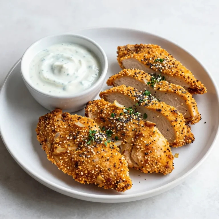 Für das Air Fryer Everything Bagel Chicken brauchst du folgende Hauptzutaten: - 4 Hähnchenbrustfilets, entbeint und ohne Haut - 240 ml Naturjoghurt (griechisch) - 2 Esslöffel Dijon-Senf - 2 Esslöffel Olivenöl Diese Zutaten bilden die Basis für ein saftiges und schmackhaftes Gericht. Das Hähnchen bleibt zart und die Marinade sorgt für viel Geschmack. Für die Marinade und die Everything Bagel Gewürzmischung benötigst du: - 1 Esslöffel Knoblauchpulver - 1 Esslöffel Zwiebelpulver - 1 Esslöffel getrockneter Dill - 1 Esslöffel Sesamsamen - 1 Esslöffel Mohnsamen - 1 Esslöffel getrocknete Zwiebelstücke - 1 Esslöffel grobes Meersalz - ½ Teelöffel schwarzer Pfeffer Diese Gewürze bringen die Aromen zusammen. Sie verleihen dem Hähnchen einen tollen Geschmack und eine knusprige Textur. Die Kombination ist einfach unwiderstehlich. Für eine komplette Mahlzeit empfehle ich, das Hähnchen mit folgenden Beilagen zu servieren: - Cremiges Ranch-Dressing oder Tzatziki-Sauce zum Dippen - Frische Kräuter zur Garnierung Diese Beilagen ergänzen das Gericht perfekt. Sie bieten frische Aromen und machen das Essen noch köstlicher. {{ingredient_image_2}} Zuerst bereiten wir die Marinade vor. In einer Schüssel mischen wir den griechischen Joghurt, Dijon-Senf, Olivenöl, Knoblauchpulver, Zwiebelpulver und schwarzen Pfeffer. Wir wollen, dass alles gut vermischt ist. Dann legen wir die Hähnchenbrustfilets in einen großen Zip-Lock-Beutel oder eine flache Schüssel. Wir gießen die Marinade über das Hähnchen. Achte darauf, dass jedes Stück gut bedeckt ist. Verschließe den Beutel oder decke die Schüssel ab. Lass das Hähnchen mindestens 30 Minuten bis zu 2 Stunden im Kühlschrank marinieren. So zieht der Geschmack ein. In einer separaten Schüssel stellen wir die Everything Bagel Gewürzmischung her. Wir mischen Sesamsamen, Mohnsamen, getrocknete Zwiebelstücke, getrockneten Dill und grobes Meersalz gut zusammen. Diese Mischung gibt dem Hähnchen einen tollen Geschmack. Sie ist der Schlüssel zu diesem Rezept. Achte darauf, dass alles gleichmäßig verteilt ist. Jetzt heizen wir den Air Fryer auf 195 °C (380 °F) vor. Nehme das Hähnchen aus der Marinade und lasse überschüssige Marinade abtropfen. Wälze jedes Hähnchenbrustfilet in der Everything Bagel Gewürzmischung. Übe leicht Druck aus, damit die Beschichtung gut haftet. Lege die panierten Hähnchenbrustfilets in den Korb des Air Fryers. Achte darauf, dass sie sich nicht überlappen. Koche das Hähnchen für 12-15 Minuten. Das Hähnchen sollte eine Innentemperatur von 74 °C (165 °F) erreichen. Wende das Hähnchen zur Hälfte der Garzeit. So wird es gleichmäßig knusprig. Nach dem Garen nimm das Hähnchen heraus und lass es 5 Minuten ruhen, bevor du es aufschneidest. Um das Hähnchen saftig zu halten, marinieren Sie es gründlich. Die Mischung aus Naturjoghurt, Dijon-Senf und Olivenöl hilft, Feuchtigkeit einzuschließen. Lassen Sie das Hähnchen mindestens 30 Minuten, besser bis zu 2 Stunden, im Kühlschrank. Dies gibt den Aromen Zeit, einzudringen. Die ideale Temperatur für das Kochen im Air Fryer liegt bei 195 °C (380 °F). Für saftiges Hähnchen garen Sie es 12 bis 15 Minuten. Überprüfen Sie die Innentemperatur mit einem Fleischthermometer. Sie sollte 74 °C (165 °F) erreichen. Wenden Sie das Hähnchen zur Hälfte der Garzeit für gleichmäßige Knusprigkeit. Platzieren Sie die Hähnchenbrustfilets in einer einzigen Schicht im Korb. Achten Sie darauf, dass sie sich nicht überlappen. Dadurch sorgt der Air Fryer für eine perfekte Luftzirkulation. Überfüllen Sie den Korb nicht, um die besten Ergebnisse zu erzielen. Nach dem Garen lassen Sie das Hähnchen 5 Minuten ruhen, bevor Sie es aufschneiden. Pro Tipps Marinieren für mehr Geschmack: Lassen Sie das Hähnchen mindestens 30 Minuten marinieren, um die Aromen besser einzuziehen. Für intensiveren Geschmack können Sie es bis zu 2 Stunden im Kühlschrank lassen. Die richtige Temperatur: Verwenden Sie ein Fleischthermometer, um sicherzustellen, dass das Hähnchen eine Innentemperatur von 74 °C (165 °F) erreicht, um die Sicherheit und den perfekten Gargrad zu gewährleisten. Knusprigkeit maximieren: Wenden Sie das Hähnchen zur Hälfte der Garzeit, um eine gleichmäßige Knusprigkeit auf beiden Seiten zu erzielen. So bleibt das Hähnchen saftig und lecker. Servieren mit Stil: Präsentieren Sie das Hähnchen auf einem Holzbrett, garniert mit frischen Kräutern. Ein Dip aus Ranch-Dressing oder Tzatziki rundet das Gericht perfekt ab. {{image_4}} Du kannst die Marinade anpassen, um neue Geschmäcker zu entdecken. Probiere zum Beispiel eine Joghurtmarinade mit Zitronensaft oder Honig. Diese sorgt für eine frische Note. Eine asiatische Marinade mit Sojasauce und Ingwer gibt dem Hähnchen einen tollen Umami-Geschmack. Die Everything Bagel Mischung ist köstlich, aber du kannst kreativ sein! Füge Paprika für mehr Farbe hinzu oder Cayennepfeffer für etwas Schärfe. Auch italienische Kräuter wie Oregano oder Basilikum bringen eine neue Dimension. Experimentiere und finde deinen eigenen Lieblingsgeschmack. Für eine vegetarische oder vegane Version kannst du Hähnchen durch Tofu oder Tempeh ersetzen. Mariniere die pflanzlichen Proteine genau wie das Hähnchen. Die Gewürzmischung bleibt gleich. Achte darauf, dass der Tofu gut gepresst ist, damit er die Marinade aufnimmt. So bleibt dein Gericht lecker und saftig. Nach dem Kochen lasse das Hähnchen abkühlen. Wickele die Reste in Frischhaltefolie oder lege sie in einen luftdichten Behälter. Im Kühlschrank bleiben die Reste frisch für bis zu drei Tage. Achte darauf, das Hähnchen nicht länger als nötig draußen zu lassen. Sicherheit ist wichtig! Um das Hähnchen wieder warm zu machen, nutze den Air Fryer oder den Ofen. Stelle den Air Fryer auf 160 °C (320 °F) und erhitze das Hähnchen für 5-7 Minuten. So bleibt es knusprig. Im Ofen kannst du 180 °C (350 °F) verwenden und es für 10-15 Minuten aufwärmen. Decke das Hähnchen mit Alufolie ab, um das Austrocknen zu vermeiden. Das Hähnchen sollte innerhalb von drei Tagen gegessen werden. Wenn du es länger aufbewahren möchtest, friere es ein. In einem luftdichten Behälter ist das Hähnchen im Gefrierschrank bis zu drei Monate haltbar. Achte darauf, das Hähnchen vollständig durchzukochen, um sicherzustellen, dass es sicher zu essen ist. Die Zubereitung dauert insgesamt etwa 55 Minuten. Dies umfasst 10 Minuten Vorbereitung und 45 Minuten Kochzeit. Die Marinierzeit kann zwischen 30 Minuten und 2 Stunden liegen. Am besten ist es, das Hähnchen länger marinieren zu lassen, um den vollen Geschmack zu erzielen. Ja, frisches Hähnchen ist perfekt für dieses Rezept. Es ist saftig und nimmt die Marinade besser auf. Wenn du gefrorenes Hähnchen verwendest, tau es bitte zuerst auf. Das Marinieren wird dann einfacher und das Hähnchen wird gleichmäßiger garen. Die Marinade ist sehr flexibel. Du kannst verschiedene Kräuter oder Gewürze hinzufügen. Zum Beispiel kannst du Paprika für etwas Schärfe oder Honig für Süße hinzufügen. Auch Joghurt kann mit anderen Milchprodukten wie Buttermilch ersetzt werden. Ja, das Rezept ist glutenfrei, solange du glutenfreie Senf- und Gewürzmarken verwendest. Achte darauf, dass alle Zutaten, die du verwendest, glutenfrei sind, um sicherzugehen. So kannst du das Hähnchen unbesorgt genießen! In diesem Beitrag haben wir die wichtigen Zutaten und die Schritt-für-Schritt-Anleitung für das Air Fryer Everything Bagel Chicken besprochen. Wir haben auch Tipps geteilt, um das Hähnchen saftig zu halten und weitere Variationen vorgestellt. Zu guter Letzt erhieltst du Aufbewahrungshinweise und die Antworten auf häufige Fragen. Mit diesen Informationen bist du gut vorbereitet. Koche das Gericht nach deinen Wünschen und genieße jeden Bissen!