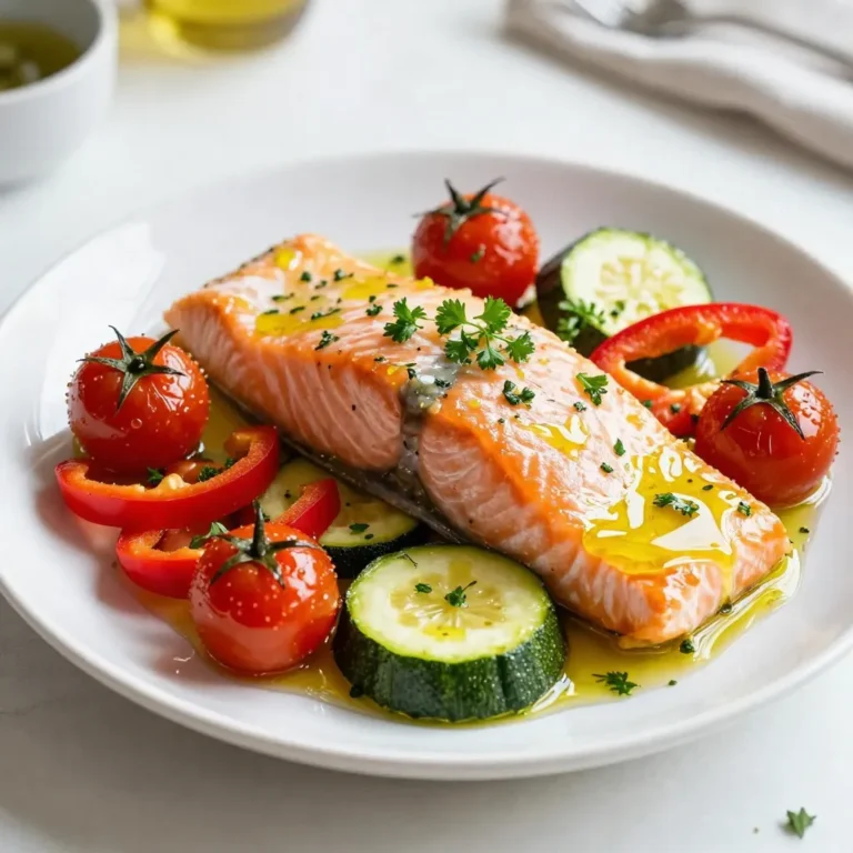- Lachsfilets: Du brauchst vier Lachsfilets, etwa 170 g jedes. Frischer Lachs ist voll von Omega-3-Fettsäuren. Diese gesunden Fette helfen deinem Herzen. - Olivenöl und Zitronensaft: Verwende zwei Esslöffel Olivenöl und zwei Esslöffel frischen Zitronensaft. Olivenöl bringt gesunde Fette und Zitronensaft gibt dem Gericht einen frischen Geschmack. - Gemüseauswahl: Wähle eine Tasse halbierte Kirschtomaten, eine große Zucchini in Halbmonde geschnitten und eine rote Paprika in Streifen geschnitten. Dieses Gemüse bringt Farbe und Nährstoffe auf deinen Teller. Jede Zutat ist wichtig für den Geschmack und die Gesundheit. Das Zusammenspiel von Lachs, frischen Kräutern und buntem Gemüse macht dieses Gericht besonders lecker und gesund. {{ingredient_image_2}} 1. Ofen vorheizen: Heize deinen Ofen auf 200°C (400°F) vor. Das sorgt für eine gleichmäßige Garung des Lachses und des Gemüses. 2. Marinade zubereiten: In einer kleinen Schüssel vermischst du 2 Esslöffel Olivenöl, 2 Esslöffel frischen Zitronensaft, den Abrieb von 1 Zitrone, 3 fein gehackte Knoblauchzehen, 1 Teelöffel getrockneten Oregano, 1 Teelöffel getrockneten Thymian sowie Salz und Pfeffer. Diese Mischung wird deine aromatische Marinade. 1. Lachsfilets platzieren: Lege die 4 Lachsfilets auf ein großes Backblech, das du mit Backpapier ausgelegt hast. 2. Marinade auftragen: Gieße die Hälfte der Marinade über die Lachsfilets. Achte darauf, dass sie gut bedeckt sind. Behalte die andere Hälfte der Marinade für später. 1. Backzeit und Temperatur: Arrangiere die Kirschtomaten, die Zucchini und die rote Paprika um die Lachsfilets herum. Beträufle das Gemüse mit der reservierten Marinade. Röste alles im Ofen für etwa 15-20 Minuten. Der Lachs ist fertig, wenn er leicht mit einer Gabel auseinanderzieht. 2. Anrichten und Garnieren: Nimm das Backblech aus dem Ofen und lasse es eine Minute abkühlen. Garniere das Gericht mit frischer, grob gehackter Petersilie. Um die Marinade für deinen Lachs zu perfektionieren, wähle frische Kräuter. Rosmarin, Basilikum oder Dill passen gut. Diese Kräuter bringen viel Geschmack. Du kannst auch andere Gewürze wie Paprika oder Kreuzkümmel hinzufügen. Diese geben der Marinade einen anderen Twist. Die Garzeit für den Lachs kann variieren. Jeder Ofen ist anders. Prüfe den Lachs nach 15 Minuten. Wenn er sich leicht mit einer Gabel auseinanderziehen lässt, ist er fertig. Du kannst auch ein Küchenthermometer verwenden. Der Lachs sollte eine Temperatur von 63°C erreichen. Für die besten Beilagen empfehle ich Reis oder Quinoa. Diese passen gut zu dem Lachs und dem Gemüse. Du kannst auch einen frischen Salat dazu servieren. Für besondere Anlässe richte den Lachs auf einer großen Platte an. So kommen die Farben und Texturen gut zur Geltung. Garniere das Gericht mit frischer Petersilie für den letzten Schliff. Pro Tipps Frischer Lachs: Verwende frischen Lachs, um den besten Geschmack und die beste Textur zu erzielen. Gefrorener Lachs kann etwas zäh werden. Zitronenabrieb: Achte darauf, nur die gelbe Schale der Zitrone abzureiben, da die weiße Schicht bitter schmecken kann. Gemüsevariation: Du kannst auch andere Gemüsesorten wie Spargel oder Brokkoli verwenden, um das Gericht nach deinem Geschmack anzupassen. Marinieren: Für noch mehr Geschmack lasse die Lachsfilets für mindestens 30 Minuten in der Marinade ziehen, bevor du sie ins Ofen schiebst. {{image_4}} Saisonales Gemüse hält das Gericht frisch und bunt. Verwende Spargel, Brokkoli oder Karotten. Diese Gemüsesorten passen gut zum Lachs. Du kannst auch grüne Bohnen oder Blumenkohl ausprobieren. Andere Gemüsekombinationen sind ebenfalls möglich. Zum Beispiel, füge einige geschnittene Pilze oder Paprika hinzu. Das gibt dem Gericht mehr Textur. Du kannst auch Spinat oder Mangold wählen, um mehr Farbe und Nährstoffe zu bekommen. Du kannst andere Fischsorten verwenden. Forelle oder Heilbutt sind tolle Alternativen. Diese Fische haben einen ähnlichen Geschmack. Sie lassen sich auch leicht zubereiten. Vegane Alternativen sind ebenfalls möglich. Probiere Tofu oder Tempeh. Marinieren Sie sie wie den Lachs. Das ergibt einen leckeren, pflanzlichen Genuss. Exotische Aromen bringen frischen Wind ins Spiel. Füge etwas Ingwer oder Limettensaft hinzu. Das gibt dem Gericht einen neuen Geschmack. Du kannst auch frische Kräuter wie Koriander verwenden. Wenn du den Zitronensaft austauschen möchtest, probiere Limettensaft oder Orange. Diese Zitrusfrüchte bringen eine süßere Note. So bleibt das Gericht spannend und lecker. Um die Reste deines Lachsgerichts frisch zu halten, lagere sie richtig. - Kühlschranklagerung: Lass den Lachs und das Gemüse auf Raumtemperatur abkühlen. Lege sie dann in einen luftdichten Behälter. So bleiben sie im Kühlschrank bis zu zwei Tage frisch. - Gefrieroptionen: Wenn du mehr Reste hast, kannst du sie auch einfrieren. Wickele den Lachs gut in Frischhaltefolie ein und lege ihn in einen Gefrierbeutel. So bleibt er bis zu drei Monate haltbar. Das Wiederaufwärmen von Lachs kann einfach sein, aber es ist wichtig, die Aromen zu bewahren. - Beste Methoden zum Aufwärmen: Der beste Weg, den Lachs wieder aufzuwärmen, ist im Ofen. Heize den Ofen auf 150°C vor. Lege den Lachs auf ein Backblech und decke ihn mit Alufolie ab. So bleibt er saftig und wird gleichmäßig warm. - Tipps für die Frische der Aromen: Beträufle den Lachs vor dem Aufwärmen mit ein wenig frischem Zitronensaft. Das bringt die Aromen zurück und macht das Gericht lebendig. Der Lachs braucht etwa 15 bis 20 Minuten im Ofen. Bei 200°C (400°F) ist die Hitze perfekt. Der Lachs ist fertig, wenn er sich leicht mit einer Gabel auseinanderziehen lässt. Die genaue Zeit kann leicht variieren. Dickere Filets brauchen mehr Zeit, dünnere weniger. Achte darauf, dass das Gemüse auch zart wird. Ja, gefrorener Lachs ist eine gute Option. Du solltest ihn jedoch vorher auftauen. Am besten legst du den gefrorenen Lachs über Nacht in den Kühlschrank. Wenn du es eilig hast, kannst du ihn auch in kaltem Wasser auftauen. Dies dauert etwa 30 Minuten. Danach kannst du ihn wie frischen Lachs marinieren und backen. Ein frischer Salat ist eine tolle Beilage. Du kannst auch Quinoa oder Reis servieren. Diese Beilagen ergänzen den Lachs perfekt. Ein knuspriges Brot passt auch gut dazu. So kannst du die leckere Marinade aufessen. Frische Kräuter sind ein schöner Abschluss für das Gericht. In diesem Artikel haben wir alles Wichtige für gebackenen Lachs behandelt. Wir haben die Zutaten, die Zubereitung und verschiedene Tipps durchgegangen. Du hast erfahren, wie du das Gericht nach deinem Geschmack anpassen kannst. Denk daran, frisches Gemüse und passende Beilagen zu wählen. Lagere Reste richtig, damit sie frisch bleiben. Du kannst viele Variationen ausprobieren, um Abwechslung ins Menü zu bringen. Nutze diese Schritte, um leckeres Essen zu zaubern, das allen schmeckt. Guten Appetit!