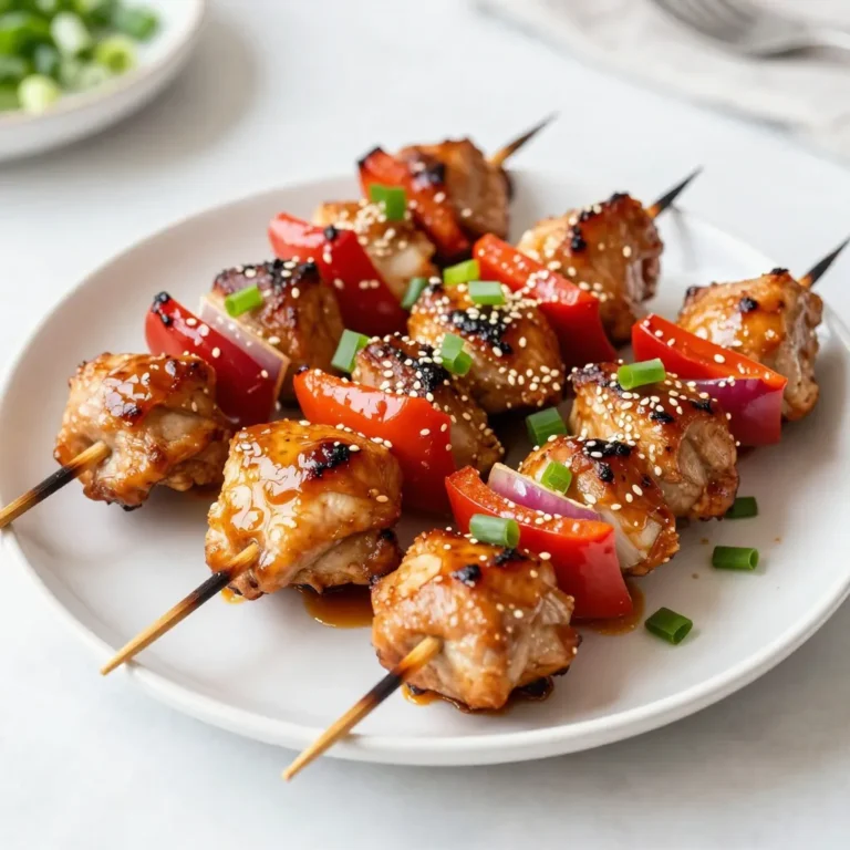 - 450 g Hühnchenoberkeulen, in 2,5 cm große Würfel geschnitten - 60 ml Sojasauce - 60 ml Honig Die Hauptzutaten für die Teriyaki-Hühnchenspieße sind einfach und lecker. Ich nutze Hühnchenoberkeulen, weil sie saftig bleiben. Die Sojasauce gibt dem Gericht einen herzhaften Geschmack. Honig fügt eine süße Note hinzu. Diese beiden Zutaten machen die Marinade besonders. - 1 Paprika, in 2,5 cm große Stücke geschnitten - 1 rote Zwiebel, in Spalten geschnitten - 2 Knoblauchzehen, fein gehackt - 1 Teelöffel Ingwer, gerieben Gemüse bringt viele Farben und frische Aromen. Ich verwende Paprika und rote Zwiebeln für einen schönen Kontrast. Ingwer und Knoblauch geben einen tollen Kick. Diese Gewürze machen die Spieße lebendig. - Sesamsamen - Gehackte Frühlingszwiebel Die Garnitur macht das Gericht besonders. Sesamsamen fügen einen nussigen Geschmack hinzu. Gehackte Frühlingszwiebeln bringen etwas Frische. Gemeinsam sorgen sie für das perfekte Finish. {{ingredient_image_2}} Um die Marinade zu machen, mische einfach die Sojasauce, den Honig, den Reisessig und das Sesamöl. Füge dann den gehackten Knoblauch und den geriebenen Ingwer hinzu. Rühre alles gut um, bis es gut vermischt ist. Lass die Marinade ein paar Minuten stehen, damit sich die Aromen besser entfalten können. Ein Tipp: Je länger du die Marinade ziehst, desto besser wird der Geschmack! Legen die Hühnchenstücke in die Marinade. Stelle sicher, dass sie gleichmäßig bedeckt sind. Decke die Schüssel ab und stelle sie für mindestens 30 Minuten in den Kühlschrank. Für einen intensiveren Geschmack kannst du die Hühnchenwürfel bis zu zwei Stunden marinieren. So ziehen die Aromen richtig gut ein. Nach der Marinierzeit steck die Hühnchenstücke auf die eingeweichten Bambusskelette. Wechsle sie mit den Paprikastücken und Zwiebelspalten ab. So sieht es farbenfroh und appetitlich aus. Achte darauf, dass die Stücke gleichmäßig verteilt sind, damit sie gut garen. Heize deinen Grill auf mittelhohe Hitze vor. Das ist wichtig, damit die Spieße gleichmäßig garen. Öle die Grillroste leicht ein, um das Ankleben zu verhindern. Verwende dazu ein Stück Küchenpapier, das in Öl getränkt ist. So bleibt alles schön haften. Lege die Spieße auf den heißen Grill. Grill sie für etwa 10 bis 12 Minuten. Wende sie regelmäßig, damit sie von allen Seiten schön gebräunt sind. Um sicherzugehen, dass das Hühnchen durch ist, kannst du ein Fleischthermometer verwenden. Die Innentemperatur sollte mindestens 75 Grad Celsius betragen. Nimm die Spieße vom Grill und lass sie ein paar Minuten ruhen. So verteilt sich der Saft im Hühnchen besser. Vor dem Servieren kannst du die Spieße mit Sesamsamen und gehackten Frühlingszwiebeln garnieren. Das sieht nicht nur gut aus, sondern schmeckt auch lecker! - Alternativen und Ergänzungen: Du kannst die Marinade anpassen. Füge Ananas- oder Orangensaft hinzu. Diese Säfte bringen Frische und Süße. Statt Honig kannst du Agavendicksaft verwenden. - Tipps für die perfekte Konsistenz: Achte darauf, dass die Marinade nicht zu dünn ist. Eine dickere Marinade haftet besser am Hühnchen. Mische die Zutaten gut, damit sie gleichmäßig sind. - Temperaturkontrolle: Stelle den Grill auf mittlere Hitze ein. Zu hohe Hitze kann das Hühnchen verbrennen. Teste die Hitze, indem du deine Hand über den Grill hältst. Du solltest die Wärme spüren, aber nicht lange halten können. - Verwendung von Grillzubehör: Nutze Grillmatten oder spezielle Spießhalter. Sie verhindern, dass die Spieße kippen oder anhaften. Ein gutes Grillwerkzeug macht das Grillen einfacher und sicherer. - Servieroptionen: Lege die Spieße auf einen großen Teller. Achte darauf, dass sie schön nebeneinander liegen. Du kannst die Spieße auch auf einem Holzbrett anrichten. Das sieht rustikal und appetitlich aus. - Empfehlungen für Beilagen: Serviere die Spieße mit Reis oder Gemüse. Gegrilltes Gemüse passt gut dazu. Auch ein frischer Salat bringt Farbe auf den Teller. Pro Tipps Marinade länger ziehen lassen: Je länger das Hühnchen in der Marinade bleibt, desto intensiver wird der Geschmack. Planen Sie, es mindestens 2 Stunden im Kühlschrank zu marinieren. Grilltemperatur im Auge behalten: Stellen Sie sicher, dass der Grill die richtige Temperatur hat, um ein gleichmäßiges Garen zu gewährleisten. Zu hohe Hitze kann das Hühnchen außen verbrennen, während es innen roh bleibt. Bambusskelette einweichen: Stellen Sie sicher, dass die Bambusskelette mindestens 30 Minuten in Wasser eingeweicht werden, um ein Verbrennen während des Grillens zu verhindern. Variieren Sie das Gemüse: Fühlen Sie sich frei, zusätzliches Gemüse wie Zucchini oder Pilze hinzuzufügen, um den Spießen mehr Farbe und Geschmack zu verleihen. {{image_4}} Gemüsespieße Wenn Sie nach einer vegetarischen Option suchen, probieren Sie Gemüsespieße. Nutzen Sie bunte Paprika, Zucchini und Champignons. Diese Gemüsesorten nehmen die Marinade gut auf. So erhalten Sie leckere und saftige Spieße. Tofu-Variationen Tofu ist eine großartige Fleischalternative. Marinieren Sie den Tofu in der gleichen Teriyaki-Marinade. Schneiden Sie den Tofu in Würfel und grillen Sie ihn für einen herzhaften Geschmack. Achten Sie darauf, den Tofu gut abzutropfen, damit er die Marinade aufnimmt. Süß-sauer Variante Eine süß-saure Marinade ist eine tolle Abwechslung. Mischen Sie Sojasauce mit Ananassaft und braunem Zucker. Diese Marinade gibt den Spießen eine fruchtige Note. Asiatisch inspiriert Für einen asiatischen Twist fügen Sie Hoisinsauce und Reiswein hinzu. Diese Kombination bringt umami und Tiefe in den Geschmack. Lassen Sie die Spieße nach dem Marinieren gut durchziehen, damit die Aromen sich entfalten können. Backofen- oder Pfannenspieße Wenn Sie keinen Grill haben, nutzen Sie den Backofen. Heizen Sie ihn auf 200 Grad vor. Legen Sie die Spieße auf ein Backblech und garen Sie sie etwa 15-20 Minuten. Wenden Sie sie einmal während des Garens für eine gleichmäßige Bräunung. Alternativen zum Grillen Eine weitere Option ist die Pfanne. Erhitzen Sie etwas Öl in einer Pfanne und braten Sie die Spieße für 10-12 Minuten. So erhalten Sie eine schöne Kruste und einen leckeren Geschmack, auch ohne Grill. Wenn du Reste von deinen grillierten Teriyaki-Hühnchenspießen hast, bewahre sie richtig auf. Du kannst die Spieße in einem luftdichten Behälter im Kühlschrank für bis zu drei Tage lagern. Wenn du sie länger aufbewahren möchtest, friere die Spieße ein. Lege sie in einen gefrierfesten Beutel und entferne die Luft. So bleiben sie bis zu drei Monate frisch. Nach dem Grillen solltest du die Spieße abkühlen lassen, bevor du sie in den Kühlschrank stellst. Dies hilft, die Bildung von Kondenswasser zu vermeiden. Lass sie am besten auf Raumtemperatur kommen. Um die Reste wieder aufzuwärmen, lege sie einfach in die Mikrowelle. Du kannst auch eine Pfanne verwenden. Erhitze sie bei mittlerer Hitze, bis sie warm sind. Achte darauf, sie nicht zu lange zu erhitzen, damit sie nicht trocken werden. Du kannst die Reste auch kreativ nutzen! Schneide das Hühnchen in kleine Stücke und füge es zu einem Salat hinzu. Oder mache einen Wrap mit frischem Gemüse und einer neuen Sauce. So entstehen leckere neue Gerichte. Die Aufbewahrungsrichtlinien sind einfach. Halte die Reste im Kühlschrank nicht länger als drei Tage. Wenn du die Spieße eingefroren hast, benutze sie innerhalb von drei Monaten. Achte auf Anzeichen von Verderblichkeit. Wenn das Hühnchen unangenehm riecht oder eine veränderte Farbe hat, wirf es weg. Sicherheit geht vor, also überprüfe deine Reste immer gut, bevor du sie isst. Die beste Zeit zum Marinieren beträgt mindestens 30 Minuten. Wenn du mehr Geschmack willst, mariniere bis zu 2 Stunden. So kann das Hühnchen die Marinade gut aufnehmen. Achte darauf, dass du es im Kühlschrank aufbewahrst. Das macht das Hühnchen zart und saftig. Ja, du kannst die Spieße auch im Ofen machen. Heize deinen Ofen auf 200 Grad Celsius vor. Lege die Spieße auf ein Backblech mit Backpapier. Backe sie für etwa 15-20 Minuten. Wende die Spieße nach der Hälfte der Zeit, um gleichmäßige Garung zu erreichen. Zu diesen Spießen passen viele Beilagen. Reis oder Quinoa sind tolle Optionen. Auch gedämpftes Gemüse oder ein frischer Salat ergänzen die Spieße gut. Du kannst auch asiatische Nudeln servieren. Diese Beilagen runden das Gericht wunderbar ab. Um Kohlenhydrate zu reduzieren, kannst du die Sojasauce gegen eine zuckerfreie Variante ersetzen. Verwende auch weniger Honig oder ersetze ihn durch einen Süßstoff. Achte darauf, Gemüse wie Zucchini oder Paprika zu nutzen. Diese haben weniger Kohlenhydrate und sind lecker. Wenn du keine Sojasauce verwenden möchtest, probiere Tamari. Es ist glutenfrei und hat einen ähnlichen Geschmack. Du kannst auch Kokosnussamino verwenden. Diese Optionen sind gesund und bieten einen tollen Geschmack. Sie sind ideal für Allergiker oder glutenfreie Diäten. In diesem Blogbeitrag haben wir die besten Tipps und Tricks für Teriyaki-Hühnchenspieße betrachtet. Wir haben über die Hauptzutaten, die Schritt-für-Schritt-Anleitung, sowie Variationen und Aufbewahrungsinfos gesprochen. Grillen macht Spaß und kann einfach sein. Mit einer guten Marinade und frischen Zutaten kannst du viele Geschmäcker entdecken. Probiere verschiedene Kräuter und Gemüse, um dein Gericht zu verfeinern. Denke daran, das Hühnchen gut zu marinieren und darauf zu achten, dass es saftig bleibt. Nutze Reste kreativ und genieße dein Kochabenteuer!