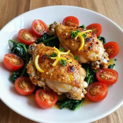 Für dieses leckere Rezept benötigen Sie folgende Hauptzutaten: - 4 Hähnchenschenkel mit Knochen und Haut - 2 Esslöffel Olivenöl - 3 Knoblauchzehen, fein gehackt - 1 Teelöffel getrockneter Oregano - 1 Teelöffel getrockneter Thymian - 1 Teelöffel geräuchertes Paprikapulver - Schale und Saft von 1 Zitrone - Salz und Pfeffer nach Geschmack - 1 Tasse Kirschtomaten, halbiert - 1 Tasse frischer Spinat - Frische Petersilie, gehackt zum Garnieren Diese Zutaten machen das Gericht saftig und geschmackvoll. Die Gewürze sind der Schlüssel zu diesem Gericht. Oregano und Thymian bringen mediterranes Flair. Geräuchertes Paprikapulver gibt der Haut eine tolle Tiefe. Der Knoblauch sorgt für eine aromatische Basis. Zitronensaft und Schale bringen Frische. Diese Kombination macht das Hähnchen besonders lecker. Frische Zutaten sind wichtig für den Geschmack. Kirschtomaten fügen Süße und Saftigkeit hinzu. Frischer Spinat hat viele Nährstoffe und gibt Farbe. Petersilie als Garnitur sieht nicht nur gut aus, sie bringt auch Frische. Frische Zutaten machen den Unterschied zwischen einem guten und einem großartigen Gericht. Mit diesen Zutaten können Sie ein einfaches und köstliches Gericht zaubern. Probieren Sie es aus! {{ingredient_image_2}} Zuerst heizen Sie Ihren Ofen auf 200 °C vor. Dies sorgt dafür, dass das Hähnchen gleichmäßig gart. Nehmen Sie eine große, ofenfeste Pfanne. Das Olivenöl muss jetzt hinein. Erhitzen Sie es bei mittlerer bis hoher Hitze. Während das Öl warm wird, würzen Sie die Hähnchenschenkel. Geben Sie Salz, Pfeffer, Oregano, Thymian und Paprikapulver auf die Haut. Achten Sie darauf, die Gewürze gleichmäßig zu verteilen. Jetzt ist es Zeit, die Hähnchenschenkel in die Pfanne zu legen. Beginnen Sie mit der Hautseite nach unten. Braten Sie sie etwa 5 bis 7 Minuten lang. Sie sollten goldbraun werden. Nach der Bratzeit wenden Sie die Hähnchenschenkel vorsichtig. Fügen Sie den gehackten Knoblauch, die Zitronenschale und den Zitronensaft hinzu. Diese Zutaten bringen viel Geschmack ins Spiel. Platzieren Sie die halbierten Kirschtomaten rund um das Hähnchen. Sie sorgen für Saftigkeit und Farbe. Jetzt übertragen Sie die Pfanne in den vorgeheizten Ofen. Backen Sie das Hähnchen für 25 bis 30 Minuten. Es ist wichtig, dass die Innentemperatur 75 °C erreicht. Fünf Minuten vor dem Ende fügen Sie den frischen Spinat hinzu. Er wird schnell zusammenfallen und sorgt für eine schöne Farbe. Nach dem Garen nehmen Sie die Pfanne aus dem Ofen. Lassen Sie das Hähnchen fünf Minuten ruhen. Schließlich garnieren Sie das Gericht mit frischer Petersilie. Das sieht nicht nur gut aus, sondern schmeckt auch toll. Die perfekte Garzeit für Hähnchen ist entscheidend. Hähnchenschenkel brauchen etwa 25-30 Minuten im Ofen. Die Innentemperatur sollte 75 °C erreichen. Nutze ein Fleischthermometer. So bist du sicher, dass das Hähnchen zart und saftig bleibt. Um die Haut knusprig zu machen, beginne mit der Hautseite nach unten. Brate sie 5-7 Minuten in der heißen Pfanne. Achte darauf, dass die Pfanne heiß ist. Verwende Olivenöl, um die Haut zu bräunen. Ein hoher Fettgehalt hilft, die Knusprigkeit zu fördern. Das gibt dir ein tolles Ergebnis. Garnituren machen das Gericht lebendig. Verwende frische Petersilie für Farbe und Geschmack. Du kannst auch Zitronenscheiben hinzufügen. Das gibt einen frischen Kick. Serviere die Hähnchenschenkel auf einer großen Platte. Füge die gerösteten Tomaten und den verwelkten Spinat hinzu. So sieht dein Gericht noch einladender aus. Pro Tipps Hähnchen marinieren: Lassen Sie die Hähnchenschenkel vor dem Kochen mindestens 30 Minuten in einer Marinade aus Zitronensaft, Olivenöl und Gewürzen ziehen, um den Geschmack zu intensivieren. Knoblauch nicht verbrennen: Fügen Sie den gehackten Knoblauch erst hinzu, nachdem Sie die Hähnchenschenkel gewendet haben, um zu vermeiden, dass er während des Bratens verbrennt und bitter wird. Die Haut knusprig machen: Um eine besonders knusprige Haut zu erzielen, können Sie die Hähnchenschenkel vor dem Braten mit etwas Backpulver bestäuben. Gemüse frisch halten: Fügen Sie den frischen Spinat erst kurz vor Ende der Garzeit hinzu, damit er nicht zu weich wird und seine leuchtende Farbe behält. {{image_4}} Ein Ein-Pfannen Zitronen-Kräuter Hähnchenschenkel kann viele mediterrane Aromen bieten. Fügen Sie schwarze Oliven und Feta-Käse hinzu, um mehr Geschmack zu bekommen. Diese Zutaten bringen einen salzigen und herzhaften Biss. Sie können auch Artischockenherzen hinzufügen. Diese geben eine schöne Textur und Frische. Verwenden Sie frische Kräuter wie Basilikum oder Rosmarin. Sie verstärken das Aroma und machen das Gericht lebendig. Für eine vegetarische Version können Sie das Hähnchen durch Blumenkohlsteaks ersetzen. Marinieren Sie den Blumenkohl mit Olivenöl, Zitrone und Kräutern. Braten Sie die Steaks in der Pfanne an und backen Sie sie dann. Fügen Sie auch Kichererbsen hinzu. Diese bringen Protein und machen das Gericht sättigender. Verwenden Sie frisches Gemüse wie Zucchini oder Paprika. Sie sorgen für Farbe und Nährstoffe. Für eine glutenfreie Variante ist dieses Rezept bereits geeignet. Verwenden Sie jedoch sicher glutenfreie Gewürze und Brühe. Für eine Low-Carb-Version lassen Sie die Tomaten weg. Fügen Sie stattdessen mehr Spinat oder Brokkoli hinzu. Wenn Sie kalorienbewusst kochen, reduzieren Sie das Öl auf einen Esslöffel. Diese Anpassungen machen das Gericht gesünder, ohne den Geschmack zu verlieren. Um die Hähnchenschenkel frisch zu halten, lassen Sie sie zuerst abkühlen. Dann legen Sie sie in einen luftdichten Behälter. Im Kühlschrank sind sie bis zu drei Tage haltbar. Achten Sie darauf, dass die Haut nicht zerdrückt wird. Das sorgt dafür, dass sie knusprig bleibt. Wenn Sie Reste haben, können Sie diese auch einfrieren. Wickeln Sie die Hähnchenschenkel in Frischhaltefolie. Danach legen Sie sie in einen Gefrierbeutel. So bleiben sie bis zu drei Monate frisch. Achten Sie darauf, das Datum auf den Beutel zu schreiben, um die Frische zu verfolgen. Wenn Sie das Hähnchen wieder aufwärmen möchten, nehmen Sie es aus dem Kühlschrank oder Gefrierfach. Lassen Sie es kurz bei Raumtemperatur stehen. Stellen Sie den Ofen auf 180 °C (350 °F) ein. Legen Sie die Hähnchenschenkel in eine ofenfeste Form. So bleibt die Haut knusprig und das Fleisch saftig. Erwärmen Sie es für etwa 15 bis 20 Minuten. Verwenden Sie ein Fleischthermometer, um sicherzustellen, dass die Innentemperatur 75 °C (165 °F) erreicht. Das Hähnchen braucht etwa 30 Minuten im Ofen. Bei 200 °C (400 °F) wird es gleichmäßig gar. Achte darauf, dass die Innentemperatur 75 °C (165 °F) erreicht. So bleibt das Hähnchen saftig und zart. Du kannst ein Fleischthermometer benutzen, um sicherzugehen. Ja, du kannst auch Hähnchenbrust oder entbeinte Schenkel verwenden. Die Garzeit wird kürzer, etwa 20-25 Minuten. Achte darauf, dass das Hähnchen nicht trocken wird. Prüfe die Temperatur regelmäßig, um die perfekte Garstufe zu erreichen. Zu den Zitronen-Kräuter Hähnchenschenkeln passen viele Beilagen. Hier sind einige Vorschläge: - Reis oder Quinoa für eine gesunde Basis - Ein frischer grüner Salat für etwas Knackiges - Röste Gemüse wie Brokkoli oder Zucchini für mehr Farbe und Geschmack - Knuspriges Brot, um die leckeren Säfte aufzutunken Diese Beilagen ergänzen das Hähnchen perfekt und bieten ein ausgewogenes Essen. Diese Zitronen-Kräuter Hähnchenschenkel sind einfach und lecker. Wir haben die wichtigen Zutaten, die Schritte und nützliche Tipps gezeigt. Die Variationen bieten dir viele Möglichkeiten. Die Lagerungshinweise helfen dir, Reste gut aufzubewahren. Denke daran, die Garzeit genau zu beachten. Mit frischen Zutaten wird dein Gericht perfekt. Probiere verschiedene Gewürze und Garnituren aus, um deinen eigenen Stil zu finden. Lege los und genieße dein köstliches Gericht!