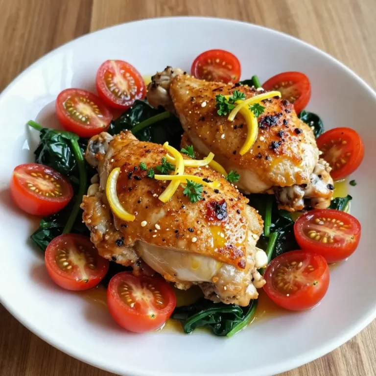 Für dieses leckere Rezept benötigen Sie folgende Hauptzutaten: - 4 Hähnchenschenkel mit Knochen und Haut - 2 Esslöffel Olivenöl - 3 Knoblauchzehen, fein gehackt - 1 Teelöffel getrockneter Oregano - 1 Teelöffel getrockneter Thymian - 1 Teelöffel geräuchertes Paprikapulver - Schale und Saft von 1 Zitrone - Salz und Pfeffer nach Geschmack - 1 Tasse Kirschtomaten, halbiert - 1 Tasse frischer Spinat - Frische Petersilie, gehackt zum Garnieren Diese Zutaten machen das Gericht saftig und geschmackvoll. Die Gewürze sind der Schlüssel zu diesem Gericht. Oregano und Thymian bringen mediterranes Flair. Geräuchertes Paprikapulver gibt der Haut eine tolle Tiefe. Der Knoblauch sorgt für eine aromatische Basis. Zitronensaft und Schale bringen Frische. Diese Kombination macht das Hähnchen besonders lecker. Frische Zutaten sind wichtig für den Geschmack. Kirschtomaten fügen Süße und Saftigkeit hinzu. Frischer Spinat hat viele Nährstoffe und gibt Farbe. Petersilie als Garnitur sieht nicht nur gut aus, sie bringt auch Frische. Frische Zutaten machen den Unterschied zwischen einem guten und einem großartigen Gericht. Mit diesen Zutaten können Sie ein einfaches und köstliches Gericht zaubern. Probieren Sie es aus! {{ingredient_image_2}} Zuerst heizen Sie Ihren Ofen auf 200 °C vor. Dies sorgt dafür, dass das Hähnchen gleichmäßig gart. Nehmen Sie eine große, ofenfeste Pfanne. Das Olivenöl muss jetzt hinein. Erhitzen Sie es bei mittlerer bis hoher Hitze. Während das Öl warm wird, würzen Sie die Hähnchenschenkel. Geben Sie Salz, Pfeffer, Oregano, Thymian und Paprikapulver auf die Haut. Achten Sie darauf, die Gewürze gleichmäßig zu verteilen. Jetzt ist es Zeit, die Hähnchenschenkel in die Pfanne zu legen. Beginnen Sie mit der Hautseite nach unten. Braten Sie sie etwa 5 bis 7 Minuten lang. Sie sollten goldbraun werden. Nach der Bratzeit wenden Sie die Hähnchenschenkel vorsichtig. Fügen Sie den gehackten Knoblauch, die Zitronenschale und den Zitronensaft hinzu. Diese Zutaten bringen viel Geschmack ins Spiel. Platzieren Sie die halbierten Kirschtomaten rund um das Hähnchen. Sie sorgen für Saftigkeit und Farbe. Jetzt übertragen Sie die Pfanne in den vorgeheizten Ofen. Backen Sie das Hähnchen für 25 bis 30 Minuten. Es ist wichtig, dass die Innentemperatur 75 °C erreicht. Fünf Minuten vor dem Ende fügen Sie den frischen Spinat hinzu. Er wird schnell zusammenfallen und sorgt für eine schöne Farbe. Nach dem Garen nehmen Sie die Pfanne aus dem Ofen. Lassen Sie das Hähnchen fünf Minuten ruhen. Schließlich garnieren Sie das Gericht mit frischer Petersilie. Das sieht nicht nur gut aus, sondern schmeckt auch toll. Die perfekte Garzeit für Hähnchen ist entscheidend. Hähnchenschenkel brauchen etwa 25-30 Minuten im Ofen. Die Innentemperatur sollte 75 °C erreichen. Nutze ein Fleischthermometer. So bist du sicher, dass das Hähnchen zart und saftig bleibt. Um die Haut knusprig zu machen, beginne mit der Hautseite nach unten. Brate sie 5-7 Minuten in der heißen Pfanne. Achte darauf, dass die Pfanne heiß ist. Verwende Olivenöl, um die Haut zu bräunen. Ein hoher Fettgehalt hilft, die Knusprigkeit zu fördern. Das gibt dir ein tolles Ergebnis. Garnituren machen das Gericht lebendig. Verwende frische Petersilie für Farbe und Geschmack. Du kannst auch Zitronenscheiben hinzufügen. Das gibt einen frischen Kick. Serviere die Hähnchenschenkel auf einer großen Platte. Füge die gerösteten Tomaten und den verwelkten Spinat hinzu. So sieht dein Gericht noch einladender aus. Pro Tipps Hähnchen marinieren: Lassen Sie die Hähnchenschenkel vor dem Kochen mindestens 30 Minuten in einer Marinade aus Zitronensaft, Olivenöl und Gewürzen ziehen, um den Geschmack zu intensivieren. Knoblauch nicht verbrennen: Fügen Sie den gehackten Knoblauch erst hinzu, nachdem Sie die Hähnchenschenkel gewendet haben, um zu vermeiden, dass er während des Bratens verbrennt und bitter wird. Die Haut knusprig machen: Um eine besonders knusprige Haut zu erzielen, können Sie die Hähnchenschenkel vor dem Braten mit etwas Backpulver bestäuben. Gemüse frisch halten: Fügen Sie den frischen Spinat erst kurz vor Ende der Garzeit hinzu, damit er nicht zu weich wird und seine leuchtende Farbe behält. {{image_4}} Ein Ein-Pfannen Zitronen-Kräuter Hähnchenschenkel kann viele mediterrane Aromen bieten. Fügen Sie schwarze Oliven und Feta-Käse hinzu, um mehr Geschmack zu bekommen. Diese Zutaten bringen einen salzigen und herzhaften Biss. Sie können auch Artischockenherzen hinzufügen. Diese geben eine schöne Textur und Frische. Verwenden Sie frische Kräuter wie Basilikum oder Rosmarin. Sie verstärken das Aroma und machen das Gericht lebendig. Für eine vegetarische Version können Sie das Hähnchen durch Blumenkohlsteaks ersetzen. Marinieren Sie den Blumenkohl mit Olivenöl, Zitrone und Kräutern. Braten Sie die Steaks in der Pfanne an und backen Sie sie dann. Fügen Sie auch Kichererbsen hinzu. Diese bringen Protein und machen das Gericht sättigender. Verwenden Sie frisches Gemüse wie Zucchini oder Paprika. Sie sorgen für Farbe und Nährstoffe. Für eine glutenfreie Variante ist dieses Rezept bereits geeignet. Verwenden Sie jedoch sicher glutenfreie Gewürze und Brühe. Für eine Low-Carb-Version lassen Sie die Tomaten weg. Fügen Sie stattdessen mehr Spinat oder Brokkoli hinzu. Wenn Sie kalorienbewusst kochen, reduzieren Sie das Öl auf einen Esslöffel. Diese Anpassungen machen das Gericht gesünder, ohne den Geschmack zu verlieren. Um die Hähnchenschenkel frisch zu halten, lassen Sie sie zuerst abkühlen. Dann legen Sie sie in einen luftdichten Behälter. Im Kühlschrank sind sie bis zu drei Tage haltbar. Achten Sie darauf, dass die Haut nicht zerdrückt wird. Das sorgt dafür, dass sie knusprig bleibt. Wenn Sie Reste haben, können Sie diese auch einfrieren. Wickeln Sie die Hähnchenschenkel in Frischhaltefolie. Danach legen Sie sie in einen Gefrierbeutel. So bleiben sie bis zu drei Monate frisch. Achten Sie darauf, das Datum auf den Beutel zu schreiben, um die Frische zu verfolgen. Wenn Sie das Hähnchen wieder aufwärmen möchten, nehmen Sie es aus dem Kühlschrank oder Gefrierfach. Lassen Sie es kurz bei Raumtemperatur stehen. Stellen Sie den Ofen auf 180 °C (350 °F) ein. Legen Sie die Hähnchenschenkel in eine ofenfeste Form. So bleibt die Haut knusprig und das Fleisch saftig. Erwärmen Sie es für etwa 15 bis 20 Minuten. Verwenden Sie ein Fleischthermometer, um sicherzustellen, dass die Innentemperatur 75 °C (165 °F) erreicht. Das Hähnchen braucht etwa 30 Minuten im Ofen. Bei 200 °C (400 °F) wird es gleichmäßig gar. Achte darauf, dass die Innentemperatur 75 °C (165 °F) erreicht. So bleibt das Hähnchen saftig und zart. Du kannst ein Fleischthermometer benutzen, um sicherzugehen. Ja, du kannst auch Hähnchenbrust oder entbeinte Schenkel verwenden. Die Garzeit wird kürzer, etwa 20-25 Minuten. Achte darauf, dass das Hähnchen nicht trocken wird. Prüfe die Temperatur regelmäßig, um die perfekte Garstufe zu erreichen. Zu den Zitronen-Kräuter Hähnchenschenkeln passen viele Beilagen. Hier sind einige Vorschläge: - Reis oder Quinoa für eine gesunde Basis - Ein frischer grüner Salat für etwas Knackiges - Röste Gemüse wie Brokkoli oder Zucchini für mehr Farbe und Geschmack - Knuspriges Brot, um die leckeren Säfte aufzutunken Diese Beilagen ergänzen das Hähnchen perfekt und bieten ein ausgewogenes Essen. Diese Zitronen-Kräuter Hähnchenschenkel sind einfach und lecker. Wir haben die wichtigen Zutaten, die Schritte und nützliche Tipps gezeigt. Die Variationen bieten dir viele Möglichkeiten. Die Lagerungshinweise helfen dir, Reste gut aufzubewahren. Denke daran, die Garzeit genau zu beachten. Mit frischen Zutaten wird dein Gericht perfekt. Probiere verschiedene Gewürze und Garnituren aus, um deinen eigenen Stil zu finden. Lege los und genieße dein köstliches Gericht!