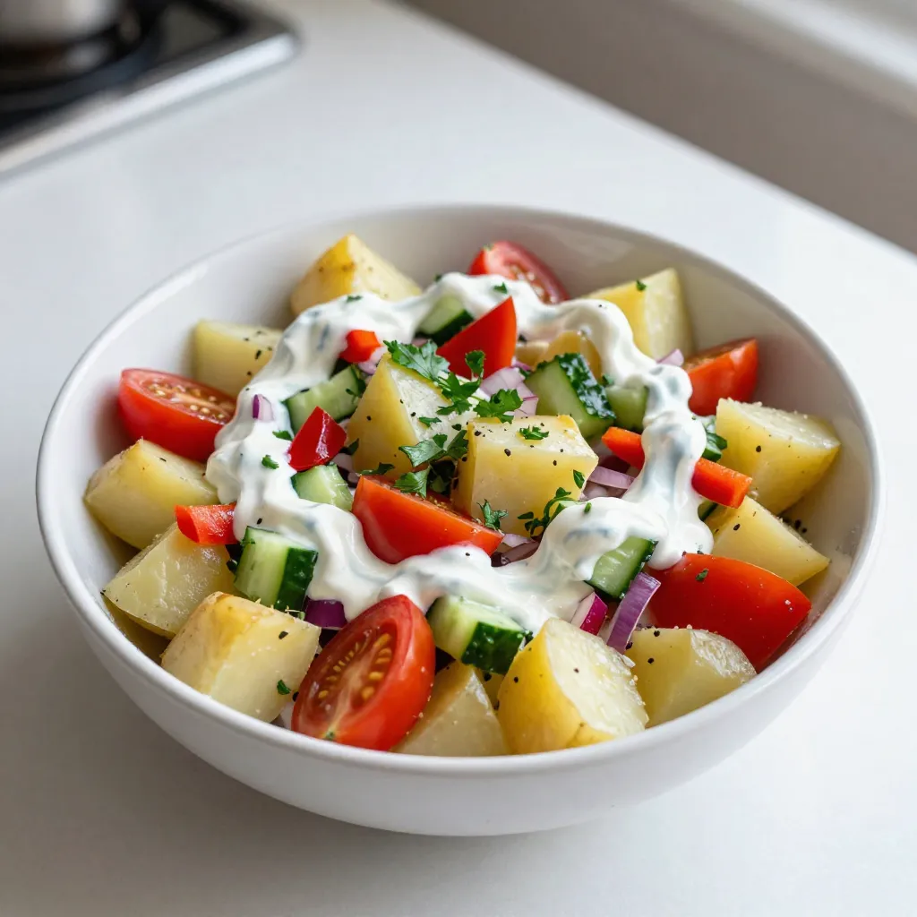 Für einen leckeren türkischen Kartoffelsalat brauchst du: - 4 mittelgroße Kartoffeln, geschält und gewürfelt - 1 große Gurke, fein gewürfelt - 1 rote Paprika, fein gehackt - 1 kleine rote Zwiebel, fein gehackt - 1 Tasse Kirschtomaten, halbiert - 1 Tasse frische Petersilie, gehackt Diese Zutaten machen den Salat frisch und bunt. Die Kartoffeln sind die Basis. Sie geben dem Salat Fülle und machen ihn sättigend. Die Gurke und Paprika fügen Knackigkeit hinzu. Die Zwiebel gibt einen Hauch von Schärfe. Die Kirschtomaten bringen Süße und Farbe. Die Petersilie sorgt für Frische. Für das Dressing benötigst du: - 1/2 Tasse griechischer Joghurt - 3 Esslöffel Olivenöl - 1 Esslöffel Zitronensaft - 1 Teelöffel Sumach (optional) - Salz und Pfeffer nach Geschmack Olivenöl ist gesund und bringt einen tollen Geschmack. Griechischer Joghurt macht den Salat cremig. Zitronensaft fügt Frische hinzu. Sumach gibt eine interessante Note, ist aber optional. Salz und Pfeffer runden alles ab. Wenn du frische Zutaten nicht findest, gibt es Alternativen. Du kannst die Gurke durch Zucchini ersetzen. Paprika lässt sich auch durch Karotten ersetzen. Anstelle von Kirschtomaten kannst du normale Tomaten verwenden. Achte darauf, sie klein zu schneiden. Petersilie kann durch Schnittlauch ersetzt werden, wenn du es magst. {{ingredient_image_2}} Zuerst nehme ich vier mittelgroße Kartoffeln. Ich schäle sie und schneide sie in kleine Würfel. Danach koche ich die Kartoffeln in einem großen Topf mit gesalzenem Wasser. Ich lasse sie etwa 15 bis 20 Minuten kochen. Die Kartoffeln sind fertig, wenn ich sie leicht mit einer Gabel durchstechen kann. Dann gieße ich sie ab und lasse sie vollständig abkühlen. In einer großen Schüssel füge ich die vorbereiteten Gemüse hinzu. Ich nehme eine große Gurke und schneide sie fein. Dann hacke ich eine rote Paprika und eine kleine rote Zwiebel. Ich halbiere eine Tasse Kirschtomaten und hacke eine Tasse frische Petersilie. Alle diese Zutaten vermische ich gut in der Schüssel. Jetzt bereite ich das Dressing vor. In einer neuen Schüssel gebe ich eine halbe Tasse griechischen Joghurt. Dazu kommen drei Esslöffel Olivenöl und ein Esslöffel Zitronensaft. Wenn ich mag, kann ich einen Teelöffel Sumach hinzufügen. Ich würze das Ganze mit Salz und Pfeffer. Dann rühre ich alles gut um, bis es eine schöne, cremige Mischung ergibt. Sobald die Kartoffeln abgekühlt sind, füge ich sie vorsichtig zur Gemüsemischung hinzu. Dann gieße ich das Dressing über die Mischung. Ich vermenge alles sanft, bis alle Zutaten gut bedeckt sind. Danach decke ich die Schüssel mit Frischhaltefolie ab. Ich lasse den Salat mindestens 30 Minuten im Kühlschrank ziehen. So können sich die Aromen gut entfalten. Wenn ich bereit bin, serviere ich den Salat gut gekühlt. Um die perfekten Kartoffeln zu kochen, beginne mit frischen Knollen. Wähle mittelgroße Kartoffeln, da sie gleichmäßig garen. Schäle und würfle sie in gleich große Stücke. Dadurch kochen sie gleichmäßig. Setze sie in einen großen Topf mit kaltem, gesalzenem Wasser. Bring das Wasser zum Kochen und koche die Kartoffeln 15 bis 20 Minuten. Prüfe mit einer Gabel, ob sie weich sind. Achte darauf, sie nicht zu überkochen. Nach dem Abgießen lasse sie vollständig abkühlen, damit sie nicht matschig werden. Du kannst den Salat ganz nach deinem Geschmack anpassen. Füge für mehr Knusprigkeit geröstete Nüsse oder Kerne hinzu. Walnüsse passen hervorragend. Ein paar Oliven machen den Salat noch würziger. Wenn du es etwas schärfer magst, probiere rote Peperoni oder Jalapeños. Für eine fruchtige Note kannst du Avocado oder Äpfel hinzufügen. Experimentiere mit Kräutern wie Dill oder Minze, um neue Geschmäcker zu entdecken. Für die perfekte Präsentation des Salats, serviere ihn in einer großen Schüssel. Garnieren kannst du mit frischen Petersilienblättern oder einem Spritzer Zitronensaft. Das gibt dem Salat ein frisches Aroma. Du kannst auch einige Kirschtomatenhälften oben drauf legen. Für eine festliche Note verwende ein paar essbare Blüten. Diese machen deinen türkischen Kartoffelsalat zu einem echten Hingucker! Pro Tipps Die richtige Kartoffelsorte wählen: Für den besten Geschmack und die ideale Textur verwenden Sie festkochende Kartoffeln, die beim Kochen nicht zerfallen. Vorbereitung des Dressings: Bereiten Sie das Dressing im Voraus zu, damit die Aromen sich entfalten können, während die Kartoffeln abkühlen. Zusätzliche Aromen hinzufügen: Experimentieren Sie mit Gewürzen wie Kreuzkümmel oder frischem Dill für einen einzigartigen Geschmack. Servieren und Garnieren: Servieren Sie den Salat mit zusätzlichen frischen Kräutern oder einem Spritzer Zitronensaft für einen zusätzlichen Frischekick. {{image_4}} Um deinen türkischen Kartoffelsalat noch bunter zu machen, kannst du Gemüse hinzufügen. Zum Beispiel sind Oliven eine tolle Wahl. Sie geben dem Salat einen salzigen Biss. Auch geröstete Paprika oder Mais schmecken gut. Du kannst auch Avocado für eine cremige Textur verwenden. Diese Ergänzungen bringen mehr Geschmack und Farbe in deinen Salat. Wenn du mehr Protein möchtest, füge gekochte Kichererbsen oder Linsen hinzu. Diese Hülsenfrüchte machen den Salat sättigender und gesünder. Du kannst auch Feta-Käse für einen salzigen Geschmack verwenden. Für Fleischliebhaber sind gegrillte Hähnchenstücke oder Thunfisch tolle Optionen. Diese Zutaten machen deinen Salat zu einer vollwertigen Mahlzeit. In verschiedenen Regionen der Türkei gibt es eigene Varianten des Kartoffelsalats. In einigen Gebieten verwenden die Leute Granatapfelkerne für eine süße Note. In anderen Regionen kommen Nüsse wie Walnüsse ins Spiel, die für Crunch sorgen. Diese regionalen Unterschiede zeigen, wie vielfältig dieses Gericht ist. Du kannst die Zutaten nach deinem Geschmack und deinem Standort anpassen. Du kannst den türkischen Kartoffelsalat ganz einfach im Kühlschrank lagern. Verwende eine luftdichte Schüssel, um den Salat frisch zu halten. Decke die Schüssel gut ab, damit keine Gerüche eindringen. So bleibt der Salat knackig und lecker. Der Salat hält sich im Kühlschrank etwa 3 bis 4 Tage. Achte darauf, dass du ihn immer wieder gut abdeckst. Wenn du bemerkst, dass der Salat nicht mehr frisch aussieht oder riecht, solltest du ihn besser wegwerfen. Bereite den Salat am besten einen Tag vor dem Servieren zu. So können die Aromen gut durchziehen. Wenn du den Salat lagerst, füge das Dressing erst kurz vor dem Servieren hinzu. So bleibt der Salat frisch und die Kartoffeln matschen nicht. Der türkische Kartoffelsalat hat frische Zutaten und einen tollen Geschmack. Die Kombination aus Kartoffeln, Gurken und Paprika gibt ihm einen knusprigen Biss. Ich liebe die frische Petersilie, die dem Salat Farbe und Aroma verleiht. Der griechische Joghurt macht das Gericht cremig und leicht. Der Zitronensaft und der Sumach (wenn du ihn benutzt) geben dem Salat eine erfrischende Note. Diese Aromen machen den Salat besonders und lecker. Ja, du kannst Zitronensaft ersetzen. Stattdessen kannst du Limettensaft verwenden. Dies gibt dem Salat einen anderen, aber ebenso frischen Geschmack. Wenn du keinen Saft hast, kannst du auch Apfelessig nutzen. Dieser gibt eine säuerliche Note, die gut mit den anderen Zutaten harmoniert. Probiere es aus und finde heraus, was dir am besten schmeckt! Du kannst den türkischen Kartoffelsalat bis zu zwei Tage im Voraus zubereiten. Lagere ihn in einem luftdichten Behälter im Kühlschrank. Dadurch ziehen die Aromen gut durch. Achte jedoch darauf, den Salat nicht zu lange stehen zu lassen, da die frischen Zutaten an Knackigkeit verlieren können. Vor dem Servieren einfach gut umrühren und genießen! Der türkische Kartoffelsalat ist einfach zuzubereiten und lecker. Wir haben die Hauptzutaten, Gewürze und viele frische Alternativen betrachtet. Die Schritt-für-Schritt-Anleitung macht das Nachkochen leicht. Tipps und Tricks helfen, perfekte Kartoffeln zu kochen und Variationen anzubieten. Lagertipps sichern die Frische des Salats. Schließlich ist die Einzigartigkeit des Salats sein Geschmack. Mit diesen Informationen kannst du deine eigene Variante kreieren. Viel Spaß beim Ausprobieren!