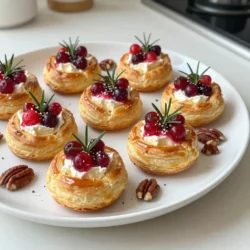 Für die Cranberry Brie Bites benötigst du folgende Zutaten: - 1 Blatt Blätterteig, aufgetaut - 225 g Brie-Käse, in kleine Würfel geschnitten - 240 ml ganze Cranberry-Sauce (fertig gekauft oder selbstgemacht) - 1 Esslöffel frischer Rosmarin, fein gehackt - 1 Ei, verquirlt (für die Ei-Wäsche) - Salz und Pfeffer nach Geschmack - Optional: 60 g gehackte Pekannüsse oder Walnüsse für zusätzlichen Crunch Diese Zutaten sind einfach zu finden und machen den Snack besonders lecker. Der Blätterteig sorgt für eine knusprige Textur, während der Brie-Käse und die Cranberry-Sauce harmonisch zusammenpassen. Wähle einen Brie-Käse mit einem milden Geschmack. Achte darauf, dass die Rinde frisch aussieht und der Käse eine weiche Konsistenz hat. Ein guter Brie hat eine gleichmäßige Textur und einen cremigen Geschmack. Vermeide Käse mit rissiger oder brüchiger Rinde. Du kannst auch Brie mit Kräutern oder Trüffel probieren, um den Bissen eine besondere Note zu verleihen. Du kannst die Cranberry Brie Bites leicht variieren. Experimentiere mit verschiedenen Käsesorten wie Camembert oder Ziegenkäse. Für einen süßeren Geschmack füge etwas Honig oder Feigenmarmelade hinzu. Du kannst auch andere Nüsse wie Mandeln verwenden oder die Cranberry-Sauce durch Pflaumensauce ersetzen. Diese Alternativen sorgen für spannende neue Geschmackserlebnisse. {{ingredient_image_2}} Zuerst heize deinen Ofen auf 200°C vor. Lege ein Backblech mit Backpapier aus. Nimm das Blätterteigblatt und rolle es auf einer leicht bemehlten Fläche aus. Das macht es glatt. Jetzt schneide den Teig in Quadrate von etwa 5 cm. Für die Füllung benötigst du kleine Würfel Brie-Käse. Nimm etwa 225 g Brie und schneide ihn in Stücke. Du kannst auch frischen Rosmarin fein hacken. So bekommst du einen tollen Geschmack. Bereite die Cranberry-Sauce vor, die du verwenden möchtest. Sie kann fertig gekauft oder selbstgemacht sein. Lege ein Quadrat Blätterteig auf das Backblech. In die Mitte des Teigs platzierst du einen kleinen Würfel Brie-Käse. Dann gibst du einen Teelöffel Cranberry-Sauce oben drauf. Streue etwas Rosmarin, Salz und Pfeffer über die Füllung. Wenn du magst, füge gehackte Nüsse für mehr Crunch hinzu. Jetzt faltest du die Ecken des Quadrats über die Füllung. Drücke die Ecken gut zusammen, damit die Päckchen dicht sind. Bestreiche die Oberseiten der Päckchen mit dem verquirlten Ei. Das gibt ihnen eine schöne goldene Farbe. Jetzt schiebe das Backblech in den Ofen. Backe die Bites für 15 bis 20 Minuten. Sie sind fertig, wenn der Teig aufgeblasen und goldbraun ist. Lass die Bites nach dem Backen kurz auf dem Backblech abkühlen. Danach kannst du sie auf ein Serviertablett übertragen. Serviere sie warm für den besten Geschmack! Ein häufiger Fehler ist, den Blätterteig zu dick auszurollen. Halte ihn dünn, etwa 3 mm. Zu viel Füllung macht die Päckchen schwer zu schließen. Verwende einen Esslöffel Cranberry-Sauce und einen Würfel Brie. Achte darauf, die Ränder des Teigs gut zu verschließen. Sonst läuft die Füllung beim Backen heraus. Um die perfekte goldene Farbe zu erreichen, benutze ein verquirltes Ei als Wäsche. Bestreiche die Oberseiten der Päckchen gründlich. Dies gibt ihnen Glanz und einen schönen Farbton. Backe die Bites bei 200°C für 15-20 Minuten. Überwache sie regelmäßig. Wenn sie goldbraun sind, sind sie fertig. Präsentiere die Cranberry Brie Bites auf einem schönen Teller. Bestäube sie mit frischem Rosmarin für einen tollen Look. Ein leichter Schuss Honig macht sie süßer und schicker. Serviere sie warm, um den besten Geschmack zu genießen. Diese Snacks sind perfekt für Feste und werden deine Gäste beeindrucken! Pro Tipps Blätterteig richtig lagern: Stellen Sie sicher, dass der Blätterteig gut aufgetaut ist, bevor Sie ihn verwenden, um ein gleichmäßiges Backergebnis zu erzielen. Variationen der Füllung: Experimentieren Sie mit verschiedenen Käsesorten wie Ziegenkäse oder Cheddar für einen anderen Geschmack. Perfekte Backzeit: Überwachen Sie die Bites während des Backens, um sicherzustellen, dass sie goldbraun sind, ohne zu verbrennen. Servierempfehlung: Servieren Sie die Bites warm mit einem Dip wie Honig oder Balsamico-Reduktion für zusätzlichen Geschmack. {{image_4}} Cranberry Brie Bites werden noch besser mit knackigen Nüssen. Ich empfehle Pekannüsse oder Walnüsse. Diese Nüsse fügen eine tolle Textur hinzu. Hacken Sie die Nüsse grob und streuen Sie sie über die Füllung. So wird jeder Biss noch interessanter. Der Geschmack von Nüssen passt sehr gut zu Käse und Cranberry. Sie können verschiedene Saucen und Käsesorten ausprobieren. Statt Cranberry-Sauce nutzen Sie Kirsch- oder Preiselbeersauce. Diese Früchte bieten tolle Aromen. Für den Käse nehmen Sie auch Camembert oder Ziegenkäse. Diese Käse geben einen anderen, aber köstlichen Geschmack. Experimentieren Sie und finden Sie Ihre Lieblingskombination. Für vegane Cranberry Brie Bites verwenden Sie veganen Käse. Es gibt viele gute Marken auf dem Markt. Auch der Blätterteig kann glutenfrei sein. Achten Sie beim Kauf auf die Zutaten. Diese Optionen machen den Snack für alle zugänglich. Vegane und glutenfreie Bites sind lecker und einfach zuzubereiten. Um die Cranberry Brie Bites frisch zu halten, sollten Sie sie in einem luftdichten Behälter aufbewahren. Legen Sie ein Blatt Papier zwischen die Bites, um ein Verkleben zu vermeiden. Diese Bites bleiben bis zu drei Tage im Kühlschrank gut. Wenn Sie sie länger aufbewahren möchten, können Sie sie auch einfrieren. Wickeln Sie sie gut in Frischhaltefolie und legen Sie sie in einen Gefrierbeutel. So halten sie sich bis zu drei Monate. Wenn Sie die Bites im Voraus machen, backen Sie sie nicht sofort. Bereiten Sie die Füllung und die Päckchen vor, aber backen Sie sie erst kurz bevor Sie sie servieren. So bleiben der Blätterteig und der Käse frisch. Sie können die vorbereiteten Päckchen im Kühlschrank lagern und am Tag des Servierens schnell backen. So sind sie heiß und knusprig. Um die Bites aufzuwärmen, stellen Sie den Ofen auf 180°C ein. Legen Sie die Bites auf ein Backblech und backen Sie sie für etwa 10 Minuten. So werden sie schön knusprig, ohne dass der Käse austrocknet. Vermeiden Sie die Mikrowelle, da sie die Bites weich macht. Genießen Sie die Cranberry Brie Bites warm, um den besten Geschmack zu erleben! Cranberry Brie Bites sind am besten frisch. Sie halten sich im Kühlschrank etwa 2-3 Tage. Lagern Sie sie in einem luftdichten Behälter. Wenn Sie sie länger aufbewahren möchten, frieren Sie sie ein. So bleiben sie bis zu einem Monat frisch. Ja, Sie können die Bites im Voraus zubereiten. Bereiten Sie sie bis zur Ei-Wäsche vor. Legen Sie sie dann in den Kühlschrank. Backen Sie sie kurz vor dem Servieren. So bleiben sie knusprig und warm. Cranberry Brie Bites passen gut zu verschiedenen Snacks. Servieren Sie sie mit einem frischen Salat. Ein Glas Sekt oder Weißwein ergänzt den Geschmack. Auch ein fruchtiger Dip kann gut harmonieren. Cranberry Brie Bites sind einfach zu machen und sehr lecker. Wir haben die besten Zutaten beschrieben, Tipps zur Auswahl des Brie-Käses gegeben und sogar Variationen gezeigt. Die Schritt-für-Schritt-Anleitung hilft, perfekte Bites zu erstellen. Wir haben auch häufige Fehler und Aufbewahrungstipps besprochen. Versuche verschiedene Zutaten für neuen Geschmack. Zum Schluss, genieße deine Cranberry Brie Bites mit Familie und Freunden!