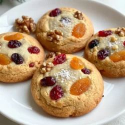 Für Chewy Fruitcake Cookies benötigst du folgende Hauptzutaten: - 1 Tasse ungesalzene Butter, weich - 1 Tasse brauner Zucker, gut gepackt - 1/2 Tasse Kristallzucker - 2 große Eier - 1 Teelöffel Vanilleextrakt - 2 1/2 Tassen Weizenmehl - 1 Teelöffel Backpulver - 1/2 Teelöffel Zimt, gemahlen - 1/4 Teelöffel Muskatnuss, gemahlen - 1/4 Teelöffel Salz Diese Zutaten bilden die Basis für die Kekse. Die Butter und die Zucker sorgen für eine tolle Süße. Du kannst die Kekse weiter verfeinern mit: - 1 Tasse gemischte Trockenfrüchte (wie Rosinen, Cranberries und getrocknete Aprikosen), grob gehackt - 1/2 Tasse gehackte Walnüsse oder Pekannüsse - 1/2 Tasse geraspelter Kokos (nach Belieben) - 1/2 Tasse halbsüße Schokoladenstückchen (nach Belieben) Diese Zutaten bringen zusätzlichen Geschmack und Textur. Die Trockenfrüchte geben einen fruchtigen Biss. Nüsse und Kokos sorgen für einen tollen Crunch. Achte beim Kauf der Zutaten auf Qualität. Verwende frische Trockenfrüchte, da sie mehr Geschmack bringen. Achte darauf, dass die Nüsse ungesalzen sind. Bio-Zutaten sind eine gute Wahl für mehr Geschmack und weniger Chemikalien. Wenn du Schokoladenstückchen hinzufügst, wähle eine gute Qualität. Halbsüße Schokolade ergänzt die Süße der Kekse perfekt. Mit diesen Tipps kannst du sicherstellen, dass deine Kekse köstlich und voller Aromen sind. {{ingredient_image_2}} Zuerst bereiten wir alles vor. Heizen Sie den Ofen auf 175°C vor. Legen Sie zwei Backbleche mit Backpapier aus. Messen Sie die Zutaten ab. Sie brauchen: - 1 Tasse ungesalzene Butter, weich - 1 Tasse brauner Zucker, gut gepackt - 1/2 Tasse Kristallzucker - 2 große Eier - 1 Teelöffel Vanilleextrakt - 2 1/2 Tassen Weizenmehl - 1 Teelöffel Backpulver - 1/2 Teelöffel Zimt, gemahlen - 1/4 Teelöffel Muskatnuss, gemahlen - 1/4 Teelöffel Salz - 1 Tasse gemischte Trockenfrüchte, grob gehackt - 1/2 Tasse gehackte Walnüsse oder Pekannüsse - 1/2 Tasse geraspelter Kokos (nach Belieben) - 1/2 Tasse halbsüße Schokoladenstückchen (nach Belieben) Stellen Sie sicher, dass Ihre Schüssel und Werkzeuge sauber sind. In einer großen Schüssel verrühren Sie die weiche Butter, den braunen Zucker und den Kristallzucker. Verwenden Sie einen Handmixer oder eine Küchenmaschine. Rühren Sie, bis die Mischung leicht und fluffig ist. Fügen Sie die Eier nacheinander hinzu. Rühren Sie gut um nach jedem Ei. Dann fügen Sie den Vanilleextrakt hinzu. In einer anderen Schüssel mischen Sie das Mehl, Backpulver, Zimt, Muskatnuss und Salz. Fügen Sie diese trockenen Zutaten langsam zu den feuchten hinzu. Rühren Sie, bis alles gut verbunden ist. Jetzt fügen Sie die gehackten Trockenfrüchte, Nüsse, Kokos und Schokoladenstückchen vorsichtig hinzu. Mischen Sie alles gleichmäßig. Verwenden Sie einen Esslöffel oder einen Keksspatel, um Portionen des Teigs auf die Backbleche zu setzen. Lassen Sie genügend Platz zwischen den Keksen. Backen Sie die Kekse für 10-12 Minuten. Die Ränder sollten goldbraun sein. Die Mitte kann leicht unterbacken aussehen. Das sorgt für die chewy Textur. Nehmen Sie die Kekse aus dem Ofen und lassen Sie sie etwa 5 Minuten auf dem Blech abkühlen. Danach legen Sie sie auf ein Drahtgitter, damit sie vollständig abkühlen. Genießen Sie den fruchtigen Genuss! Um die perfekte Keksstruktur zu erreichen, ist die Butter entscheidend. Verwenden Sie weiche, ungesalzene Butter. Sie hilft, die Kekse schön zart zu machen. Achten Sie darauf, den Teig nicht zu lange zu mischen. So bleibt er luftig und leicht. Lassen Sie den Teig auch kurz ruhen, bevor Sie die Kekse formen. Dies hilft, die Aromen zu verbinden. Ein häufiger Fehler ist, die Kekse zu lange zu backen. Nehmen Sie sie aus dem Ofen, wenn die Ränder goldbraun sind. Die Mitte sieht dann vielleicht noch weich aus, das ist normal. So bleiben die Kekse chewy. Üben Sie auch Geduld beim Kühlen. Lassen Sie die Kekse zunächst auf dem Blech ruhen, bevor Sie sie umsetzen. Dadurch behalten sie ihre Form. Kühlen Sie die Kekse auf einem Drahtgitter, um die Luftzirkulation zu verbessern. Bewahren Sie sie in einem luftdichten Behälter auf. So bleiben sie frisch und chewy. Wenn Sie die Kekse länger aufbewahren möchten, frieren Sie sie ein. Wickeln Sie sie gut ein, um Frostschäden zu vermeiden. Vor dem Servieren lassen Sie sie einfach auftauen. Pro Tipps Butter richtig weich machen: Stellen Sie die Butter etwa 30 Minuten vor der Verwendung bei Raumtemperatur auf, damit sie die perfekte Konsistenz erreicht. Früchte und Nüsse gleichmäßig verteilen: Falten Sie die Trockenfrüchte und Nüsse vorsichtig unter den Teig, damit sie gleichmäßig in jedem Keks verteilt sind. Backzeit im Auge behalten: Beobachten Sie die Kekse während des Backens genau, um sicherzustellen, dass sie die perfekte, chewy Konsistenz behalten. Kekse richtig abkühlen: Lassen Sie die Kekse auf dem Backblech leicht abkühlen, bevor Sie sie auf ein Drahtgitter legen, um ein Zerbrechen zu vermeiden. {{image_4}} Wenn Sie die Schokoladenstückchen nicht mögen, probieren Sie verschiedene Optionen. Weiße Schokolade gibt einen süßen, cremigen Geschmack. Zartbitterschokolade bietet eine tiefere Note. Für eine fruchtige Note können Sie auch Yoghurtschokoladenstückchen verwenden. Diese Varianten machen die Kekse speziell und lecker. Die Trockenfrüchte sind sehr vielseitig. Neben Rosinen und Cranberries können Sie auch getrocknete Kirschen oder Feigen verwenden. Getrocknete Mangos sorgen für einen tropischen Touch. Mischen Sie verschiedene Sorten, um einen bunten Keks zu kreieren. Jede Frucht bringt ihren eigenen Geschmack und Textur mit. Für glutenfreie Kekse verwenden Sie glutenfreies Mehl. Achten Sie darauf, ein gutes Ersatzmehl zu wählen. Veganer können die Eier durch Apfelmus oder Leinsamen ersetzen. Diese Anpassungen machen die Kekse für alle zugänglich. So genießen auch Menschen mit besonderen Diäten diese leckeren Kekse. Um die Chewy Fruitcake Cookies frisch zu halten, legen Sie sie in eine Keksdose. Diese Dose sollte luftdicht sein. Wenn Sie keinen Keksbehälter haben, verwenden Sie einen großen Ziploc-Beutel. Fügen Sie ein Stück Brot hinzu, um die Feuchtigkeit zu halten. Die Kekse bleiben bei Raumtemperatur etwa eine Woche frisch. Sie können die Kekse auch einfrieren. Wickeln Sie sie gut ein, um Gefrierbrand zu vermeiden. Im Gefrierschrank halten sie bis zu drei Monate. Lassen Sie die Kekse vor dem Essen bei Raumtemperatur auftauen. Achten Sie auf Anzeichen von Verderb. Wenn die Kekse trocken oder brüchig sind, sind sie alt. Ein ranziger Geruch weist auf Verderb hin. Schimmel ist ein sicheres Zeichen, dass Sie die Kekse nicht mehr essen sollten. Um die chewy Textur zu erreichen, ist die Backzeit wichtig. Backe die Kekse nur bis die Ränder goldbraun sind. Die Mitte darf leicht unterbacken sein. So bleiben die Kekse weich und zäh. Verwende auch eine Mischung aus braunem und Kristallzucker. Der braune Zucker sorgt für Feuchtigkeit und einen reichen Geschmack. Lass die Kekse nach dem Backen kurz auf dem Blech abkühlen. Dadurch setzen sich die Aromen besser und die Kekse bleiben weich. Ja, du kannst die Kekse glutenfrei machen. Ersetze einfach das Weizenmehl durch eine glutenfreie Mehlmischung. Achte darauf, dass die Mischung für Backwaren geeignet ist. Das sorgt für die richtige Konsistenz. Manchmal kann es helfen, ein Bindemittel wie Xanthan oder Guarkernmehl hinzuzufügen. So bleiben die Kekse schön zusammen und erhalten die chewy Struktur. Dekoriere die Kekse nach deinem Geschmack! Eine einfache Möglichkeit ist, Puderzucker darüber zu streuen. Das gibt einen festlichen Look. Du kannst auch Schokoladenglasur verwenden, um einen süßen Akzent zu setzen. Eine andere Idee ist, die Kekse mit gehackten Nüssen oder extra Trockenfrüchten zu garnieren. So bekommst du eine schöne Präsentation und zusätzlichen Geschmack. Wir haben die besten Zutaten für Chewy Fruitcake Cookies besprochen. Wir ermittelten, wie man den Teig zubereitet und backt. Auch Tipps zur Struktur und Lagerung fanden ihren Platz. Variationen wie Schokoladenstückchen und besondere Ernährungsoptionen erweitern die Möglichkeiten. Denke daran, die Kekse richtig zu lagern, um ihre Frische zu sichern. Nutze die Informationen aus den FAQs, um häufige Fragen zu klären. Jetzt liegt es an dir, diese leckeren Kekse zu probieren und zu genießen!