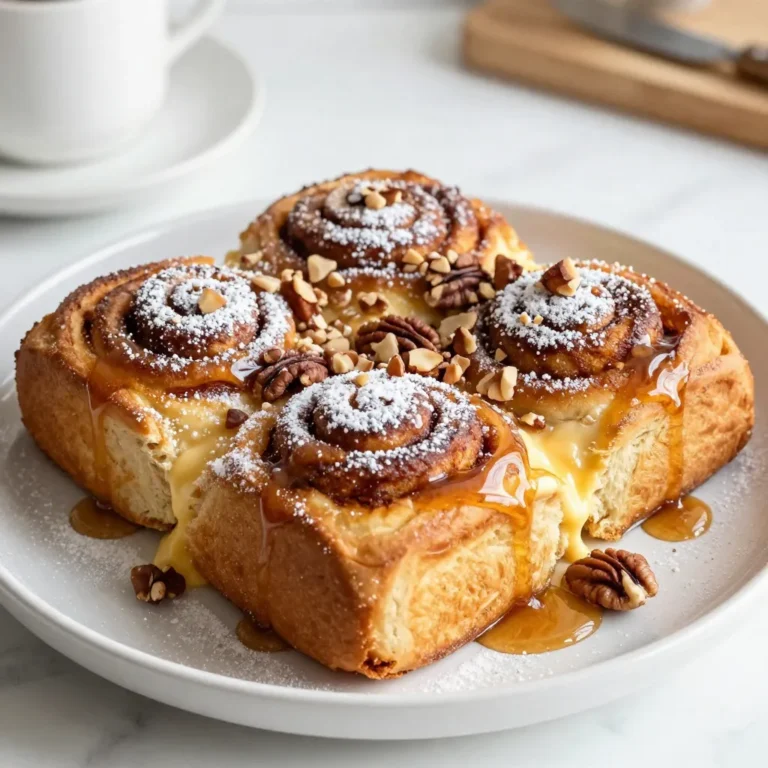 - 2 Dosen gekühlte Zimtrollen (jeweils 450 g) - 6 große Eier - 240 ml Milch Die Hauptzutaten sind einfach und leicht zu finden. Die gekühlten Zimtrollen bringen den süßen Geschmack. Die Eier geben dem Auflauf Struktur. Milch sorgt für die Cremigkeit. Diese Kombination macht das Gericht besonders lecker. - 1 Teelöffel Vanilleextrakt - 1 Teelöffel gemahlener Zimt - 1/4 Teelöffel Muskatnuss - 120 ml Ahornsirup Die zusätzlichen Zutaten heben den Geschmack. Vanilleextrakt fügt eine süße Note hinzu. Zimt und Muskatnuss bringen Wärme und Tiefe. Ahornsirup gibt eine süße und reichhaltige Schicht. Diese Zutaten sind für den perfekten Auflauf unerlässlich. - 100 g gehackte Pekannüsse - Puderzucker zum Bestäuben - Extra Zimtrollen-Glasur (optional, zum Beträufeln) Die optionalen Zutaten machen den Auflauf noch besser. Gehackte Pekannüsse fügen einen knusprigen Biss hinzu. Puderzucker sorgt für eine süße Dekoration. Die Glasur macht es besonders festlich. Diese Extras sind nicht nötig, aber sehr empfehlenswert. {{ingredient_image_2}} Heize deinen Ofen auf 190°C vor. Fette eine 23x33 cm große Auflaufform mit Kochspray oder Butter ein. Öffne die Dosen mit den gekühlten Zimtrollen. Schneide jede Rolle in Viertel. Verteile die Stücke gleichmäßig in der Auflaufform. Achte darauf, dass sie nicht übereinander liegen. In einer großen Schüssel verquirle die Eier mit der Milch. Füge dann den Vanilleextrakt, gemahlenen Zimt und Muskatnuss hinzu. Rühre alles gut um, bis die Mischung gleichmäßig ist. Gieße die Eimischung gleichmäßig über die Zimtrollen in der Auflaufform. Achte darauf, dass alle Stücke gut bedeckt sind. Wenn du magst, streue die gehackten Pekannüsse oben drauf. Decke die Auflaufform mit Aluminiumfolie ab. Backe sie für 25 Minuten. Nach dieser Zeit nimm die Folie ab und backe für weitere 10-15 Minuten. Der Auflauf sollte goldbraun und fest sein. Lass ihn nach dem Backen leicht abkühlen, bevor du ihn mit der zusätzlichen Glasur beträufelst. Serviere den Auflauf warm, bestäubt mit Puderzucker und etwas Sirup, wenn du magst. - Achte darauf, dass die Zimtrollen genug Eimischung absorbieren. Drücke leicht auf die Stücke. So nehmen sie die Flüssigkeit gut auf. - Decke die Auflaufform mit Aluminiumfolie ab. Das hilft, gleichmäßig zu backen und verhindert, dass der Auflauf austrocknet. - Verhindere, dass du zu lange backst. Nach 25 Minuten die Folie abnehmen und 10-15 Minuten weiterbacken. Achte darauf, dass die Oberseite goldbraun ist. - Achte darauf, dass die Eimischung nicht zu flüssig ist. Zu viel Flüssigkeit kann den Auflauf matschig machen. - Bestäube den Auflauf mit Puderzucker für eine süße Note. Ahornsirup passt perfekt dazu und macht das Gericht noch leckerer. - Serviere den Auflauf warm. So schmeckt er am besten und alle Aromen kommen gut zur Geltung. Profi Tipps Frische Zimtrollen: Verwenden Sie frische Zimtrollen aus dem Kühlregal, um den besten Geschmack und die beste Textur zu erzielen. Über Nacht einweichen: Für noch bessere Ergebnisse lassen Sie den Auflauf über Nacht im Kühlschrank stehen, damit die Brötchen die Eimischung optimal aufnehmen können. Bäckertrick: Fügen Sie etwas extra Zimt und Muskatnuss zur Eimischung hinzu, um den Geschmack zu intensivieren. Serviertipp: Servieren Sie den Auflauf mit frischem Obst oder Schlagsahne für eine besondere Note. {{image_4}} Es gibt viele Wege, um Zimt-Rollen French Toast Auflauf zu variieren. Eine tolle Idee ist die Verwendung von Schokoladenzimt-Rollen. Diese geben dem Gericht einen reichen, schokoladigen Geschmack. Die Kombination von Zimt und Schokolade schmeckt einfach himmlisch. Eine andere leckere Option sind fruchtige Variationen mit Beeren. Fügen Sie frische Erdbeeren, Himbeeren oder Blaubeeren hinzu. Die Süße der Früchte passt perfekt zu den Zimtrollen. Diese fruchtigen Akzente machen das Gericht noch frischer und bunter. Für gesundheitsbewusste Köche gibt es tolle Alternativen. Sie können Mandelmilch anstelle von normaler Milch verwenden. Diese macht das Gericht laktosefrei und gibt einen nussigen Geschmack. Auch Eiersatz ist eine gute Wahl. Zum Beispiel können Sie Leinsamen oder Apfelmus verwenden. Zuckerreduzierte Optionen sind ebenfalls leicht umzusetzen. Verwenden Sie einen Zuckerersatz oder reduzieren Sie den Zucker in der Eimischung. Das macht das Gericht gesünder, ohne den Geschmack zu verlieren. Die Zubereitung des Auflaufs bietet viel Spielraum für Kreativität. Fügen Sie gehackte Nüsse wie Pekannüsse oder Walnüsse hinzu. Diese bringen einen tollen Crunch und zusätzlichen Geschmack. Schokolade kann auch eine leckere Ergänzung sein. Streuen Sie Schokoladenstückchen über die Zimtrollen, bevor Sie die Eimischung gießen. Experimentieren Sie mit Gewürzen, um neue Geschmäcker zu entdecken. Fügen Sie eine Prise Muskatnuss oder sogar ein wenig Ingwer hinzu. So verleihen Sie dem Auflauf eine besondere Note. Lassen Sie Ihrer Fantasie freien Lauf und genießen Sie die Vielfalt! Um den Zimt-Rollen French Toast Auflauf frisch zu halten, legen Sie ihn in den Kühlschrank. Decken Sie die Auflaufform mit Frischhaltefolie oder einem Deckel ab. So bleibt er bis zu drei Tage lecker. Wenn Sie ihn wieder aufwärmen möchten, empfehlen sich die nächsten Schritte. Für die langfristige Lagerung können Sie den Auflauf einfrieren. Lassen Sie ihn zuerst vollständig abkühlen. Schneiden Sie ihn in Portionen und legen Sie diese in einen luftdichten Behälter oder in Gefrierbeutel. So bleibt der Auflauf bis zu drei Monate haltbar. Denken Sie daran, das Datum auf dem Beutel zu notieren. Um den Auflauf wieder aufzuwärmen, nehmen Sie eine Portion heraus. Legen Sie sie in eine mikrowellengeeignete Schüssel. Decken Sie die Schüssel mit einem feuchten Papiertuch ab. Erhitzen Sie es in der Mikrowelle für 1-2 Minuten. Sie können auch den Ofen verwenden. Heizen Sie ihn auf 180°C vor und backen Sie den Auflauf für 10-15 Minuten. So bleibt er warm und lecker! Zimtrolle French Toast Bake kann bis zu fünf Tage im Kühlschrank bleiben. Packen Sie es gut ein, um es frisch zu halten. Verwenden Sie einen luftdichten Behälter oder wickeln Sie es fest in Frischhaltefolie. So bleibt der Geschmack erhalten und das Gericht schmeckt auch nach ein paar Tagen noch gut. Ja, Sie können diesen Auflauf im Voraus machen. Bereiten Sie ihn bis zum Backen vor. Decken Sie die Auflaufform nach dem Gießen der Eimischung ab und stellen Sie sie in den Kühlschrank. So kann der Auflauf die Nacht über durchziehen. Am nächsten Tag backen Sie ihn einfach, wenn Sie bereit sind. Absolut! Sie können viele Variationen ausprobieren. Fügen Sie frische Beeren oder Schokoladenstückchen hinzu, um den Geschmack zu verändern. Auch Nüsse wie Mandeln oder Walnüsse passen gut. Seien Sie kreativ! Es gibt viele Möglichkeiten, um diesen Auflauf ganz nach Ihrem Geschmack zu gestalten. Dieser Blogbeitrag hat dir die Zutaten und die Schritte für einen leckeren Zimtrollen-Auflauf vorgestellt. Wir haben über Hauptzutaten wie Zimtrollen, Eier und Milch gesprochen. Auch Variationen und Tipps zum Backen wurden behandelt. Denke daran, kreativ zu sein. Probiere neue Geschmacksrichtungen und achte auf die Backzeit. Mit diesen einfachen Schritten schaffst du ein köstliches Gericht. Jetzt bist du bereit, loszulegen!