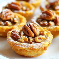 Die Hauptzutaten sind wichtig für den vollen Geschmack. Hier ist, was du brauchst: - 1 Tasse Allzweckmehl - 1/4 Tasse Zucker - 1/4 Teelöffel Salz - 1/2 Tasse ungesalzene Butter, kalt und in Würfeln - 1 Eigelb - 2 Esslöffel Eiswasser - 1 Tasse Pekannüsse, grob gehackt - 1/2 Tasse brauner Zucker, fest verpackt - 1/3 Tasse Maissirup - 1/4 Teelöffel Vanilleextrakt - 2 Eier - Eine Prise Zimt Diese Zutaten sorgen für die perfekte Balance aus Süße und Textur. Die Pekannüsse bringen einen nussigen, süßen Geschmack. Die Zutaten für den Teig sind ebenso wichtig. Sie geben deinem Pecan Pie die Struktur. Hier sind die speziellen Zutaten: - 1 Tasse Allzweckmehl - 1/4 Tasse Zucker - 1/4 Teelöffel Salz - 1/2 Tasse ungesalzene Butter, kalt und in Würfeln - 1 Eigelb - 2 Esslöffel Eiswasser Die kalte Butter ist der Schlüssel. Sie hilft, einen zarten Teig zu formen. Das Eigelb und das Eiswasser binden alles zusammen. Um die besten Pekannüsse zu wählen, achte auf die folgenden Punkte: - Frische: Kaufe Nüsse, die frisch und knackig sind. - Geschmack: Probiere sie vor dem Kauf, um den besten Geschmack zu finden. - Herkunft: Achte auf die Herkunft. Einige Regionen sind für ihre Nüsse bekannt. Frische Pekannüsse bringen das beste Aroma in deine Mini Pecan Pies. Sie sind die Stars in diesem Rezept! {{ingredient_image_2}} Um den Teig für die Mini Pecan Pies zu machen, mische zuerst in einer großen Schüssel: - 1 Tasse Allzweckmehl - 1/4 Tasse Zucker - 1/4 Teelöffel Salz Rühre alles gut um. Füge dann 1/2 Tasse kalte Butterwürfel hinzu. Mische die Butter mit einem Teigmischer oder einer Gabel, bis die Mischung wie grobe Krümel aussieht. Gebe das Eigelb und 2 Esslöffel Eiswasser dazu. Mische, bis alles gerade so vermengt ist. Forme den Teig zu einer Kugel und wickele ihn in Frischhaltefolie. Lasse ihn mindestens 30 Minuten im Kühlschrank ruhen. Heize den Ofen auf 175°C vor. Rolle den gekühlten Teig auf einer bemehlten Fläche etwa 3 mm dick aus. Verwende einen Ausstecher, um Kreise auszustechen, die in ein gefettetes Mini-Muffinblech passen. Drücke die Teigkreise vorsichtig in die Vertiefungen des Blechs. Achte darauf, dass die Krusten gleichmäßig sind, damit die Füllung gut hält. In einer separaten Schüssel mische die Füllung. Die Zutaten sind: - 1 Tasse grob gehackte Pekannüsse - 1/2 Tasse brauner Zucker - 1/3 Tasse Maissirup - 1/4 Teelöffel Vanilleextrakt - 2 Eier - Eine Prise Zimt Rühre alles gut um, bis die Mischung gleichmäßig ist. Fülle jede Mini-Kruste mit der Pekannussmischung. Achte darauf, nicht zu überfüllen, damit sie beim Backen nicht überlaufen. Heize deinen Ofen auf 175°C vor. Backe die Mini Pecan Pies 18 bis 20 Minuten. Die Füllung sollte fest sein und die Kruste goldbraun. Überprüfe die Pies nach 15 Minuten. Wenn die Füllung noch weich ist, backe sie weiter. Achte darauf, dass die Kruste nicht verbrennt. Eine gute Idee ist es, die Pies im Auge zu behalten. Lass die Pies nach dem Backen etwa 5 Minuten im Blech abkühlen. Dann lege sie auf ein Drahtgitter. So können sie vollständig abkühlen. Für die Präsentation serviere sie auf einem schönen Teller. Bestäube sie leicht mit Puderzucker. Garniere sie mit ganzen Pekannüssen obenauf. Das sieht toll aus und schmeckt lecker! Pro Tipps Butter richtig kalt: Stellen Sie sicher, dass die Butter wirklich kalt ist, um einen knusprigen Teig zu erhalten. Pekannüsse rösten: Rösten Sie die Pekannüsse leicht, um ihren Geschmack zu intensivieren. Füllung nicht überfüllen: Achten Sie darauf, die Füllung nicht zu überfüllen, damit die Mini-Pies beim Backen nicht überlaufen. Abkühlen lassen: Lassen Sie die Pies nach dem Backen etwas im Blech abkühlen, damit sie leichter herausgenommen werden können. {{image_4}} Um den perfekten Teig zu machen, beginne mit kalter Butter. Die Butter sollte in kleine Würfel geschnitten sein. Mische das Mehl, den Zucker und das Salz gut. Füge dann die Butter hinzu und vermenge alles schnell. Du willst Krümel, die wie Erbsen aussehen. Das Eigelb und das Eiswasser kommen dann dazu. Mische alles nur so lange, bis es zusammenhält. Wickel den Teig in Frischhaltefolie und lass ihn 30 Minuten ruhen. Das kühlt den Teig und macht ihn leichter zu formen. Wenn die Mini Pies nicht gut gelingen, kann es an der Füllung liegen. Achte darauf, die Füllung nicht zu überfüllen. Sie sollte nur bis zur Oberkante der Kruste reichen. Wenn die Kruste zu hart wird, kann das an zu viel Backzeit liegen. Behalte die Pies im Auge, wenn sie im Ofen sind. Wenn sie zu dunkel werden, decke sie mit Alufolie ab. Ein weiterer Punkt ist die Temperatur. Stelle sicher, dass der Ofen gut vorgeheizt ist, bevor du die Pies hineinlegst. Für den Teig benutze einen Teigmischer oder eine Gabel. So bekommst du die gewünschten Krümel. Ein Ausstecher hilft dir, die Kreise für die Krusten zu schneiden. Wenn du die Pies füllst, nutze einen kleinen Löffel oder eine Spritze. Das macht das Füllen einfacher und sauberer. Für die Kühlung ist ein Drahtgitter ideal. Es sorgt dafür, dass die Pies gleichmäßig abkühlen. Du kannst die Zutaten leicht ändern, um neue Geschmäcker zu entdecken. - Nutze braunen Zucker für eine tiefere Süße. - Füge Schokolade für einen reicheren Geschmack hinzu. - Experimentiere mit verschiedenen Nüssen wie Walnüssen oder Mandeln. - Probiere verschiedene Gewürze wie Muskatnuss oder Ingwer aus. Für vegane Mini Pecan Pies gibt es tolle Alternativen. - Ersetze die Eier durch Apfelmus oder Leinsamen. - Nutze vegane Butter oder Kokosöl für den Teig. - Verwende glutenfreies Mehl, um die Pies glutenfrei zu machen. - Achte darauf, dass der Maissirup auch vegan ist. Die Füllung kann sehr kreativ gestaltet werden. - Probiere eine Karamellfüllung für extra Süße. - Verwende Kürbis für einen herbstlichen Twist. - Mische verschiedene Früchte wie Äpfel oder Birnen in die Füllung. - Experimentiere mit Nussbutter, um den Geschmack zu verändern. Mini Pecan Pies sind lecker und halten gut. Sie bleiben bei Raumtemperatur etwa 2 Tage frisch. Lagern Sie sie in einem luftdichten Behälter. Im Kühlschrank halten sie bis zu einer Woche. Für beste Qualität genießen Sie sie frisch. Ja, Sie können Mini Pecan Pies im Voraus machen. Bereiten Sie die Teigkrusten und die Füllung getrennt vor. Lagern Sie die Krusten in den Kühlschrank. Die Füllung kann ebenfalls kühl gelagert werden. Füllen und backen Sie die Pies kurz vor dem Servieren. So schmecken sie am besten und sind warm. Mini Pecan Pies sind perfekt für viele Anlässe. Sie passen gut zu Feiertagen wie Thanksgiving oder Weihnachten. Auch bei Geburtstagsfeiern sind sie ein Hit. Servieren Sie sie bei Picknicks oder als Dessert bei einem Dinner. Ihre kleine Größe macht sie ideal für jeden Anlass. Mini Pecan Pies sind lecker und einfach zu machen. Wir haben die Zutaten, die Zubereitung, und Backanleitungen durchgesehen. Tipps helfen dir, perfekte Pies zu backen. Du kannst sogar Variationen ausprobieren, um jeden Geschmack zu treffen. Denke daran, dass die besten Pecan Nuts entscheidend sind. Mit diesen Schritten wirst du schnell ein Profi. Viel Spaß beim Backen!