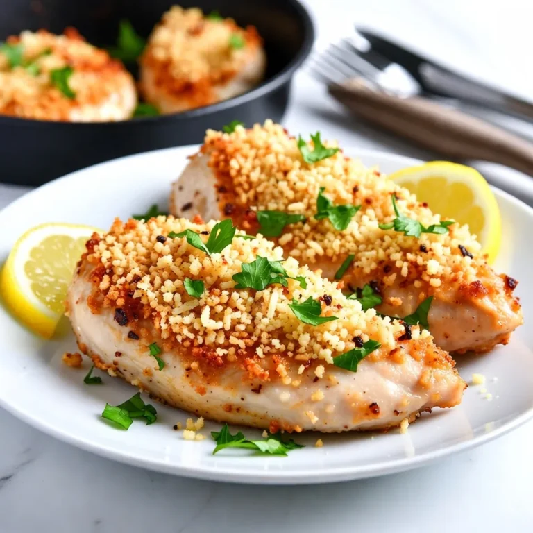 Für mein Parmesan-Kräuterhühnchen benötige ich einige einfache, aber wichtige Zutaten. Hier ist die Liste: - 2 Hähnchenbrustfilets, ohne Haut und ohne Knochen - 1 Tasse frisch geriebener Parmesan - 1 Tasse Semmelbrösel (idealerweise Panko für extra Knusprigkeit) - 2 Knoblauchzehen, fein gehackt - 1 Teelöffel italienische Kräuter - 1 Teelöffel Paprika - Salz und Pfeffer nach Geschmack - 2 große Eier - 1 Esslöffel Olivenöl Jede dieser Zutaten bringt ihren eigenen tollen Geschmack ins Gericht. Ich empfehle, frisch geriebenen Parmesan zu verwenden. Er hat einen starken und nussigen Geschmack. Vorverpackter Käse kann in der Textur unterschiedlich sein. Das vermindert die Knusprigkeit. Wenn du experimentierfreudig bist, kannst du auch Pecorino Romano ausprobieren. Dieser Käse hat einen intensiveren Geschmack und passt gut zu Hühnchen. Frische Zutaten sind der Schlüssel zu einem großartigen Gericht. Achte darauf, dass die Hähnchenbrustfilets fest und rosa sind. Vermeide Hähnchen mit Verfärbungen oder unangenehmen Gerüchen. Beim Parmesan solltest du nach gutem, festem Käse suchen. Frisch geriebener Käse hat einen besseren Geschmack. Kaufe auch frische Knoblauchzehen. Diese sollten fest sein und keine grünen Triebe aufweisen. So bekommst du das beste Aroma in dein Gericht. {{ingredient_image_2}} Heizen Sie Ihre Heißluftfritteuse auf 200°C (400°F) vor. Lassen Sie sie etwa 5 Minuten laufen. So wird das Hühnchen gleichmäßig gegart. Eine gute Vorheizung sorgt für eine knusprige Kruste. Nehmen Sie zwei Hähnchenbrustfilets und tupfen Sie sie trocken. In einer Schüssel verquirlen Sie zwei große Eier. In einer anderen Schüssel mischen Sie 1 Tasse geriebenen Parmesan, 1 Tasse Panko-Semmelbrösel, zwei fein gehackte Knoblauchzehen, 1 Teelöffel italienische Kräuter, 1 Teelöffel Paprika sowie Salz und Pfeffer. Tauchen Sie die Hähnchenbrustfilets in die Eier. Lassen Sie das überschüssige Ei abtropfen. Dann drücken Sie die Filets in die Mischung aus Semmelbröseln. Achten Sie darauf, dass die Panade gut haftet. Besprühen Sie die panierten Filets leicht mit 1 Esslöffel Olivenöl. Legen Sie die Hähnchenbrustfilets in einer einzigen Schicht in den Korb der Heißluftfritteuse. Kochen Sie sie für 12-15 Minuten. Wenden Sie die Filets zur Hälfte der Garzeit, um eine gleichmäßige Bräunung zu erreichen. Achten Sie darauf, dass das Hühnchen eine Innentemperatur von 74°C (165°F) erreicht. So bleibt es saftig und zart. Nach dem Garen lassen Sie das Hühnchen einige Minuten ruhen, bevor Sie es anschneiden. Um perfekte Hähnchenbrustfilets zu machen, wähle frisches Fleisch. Achte auf die Dicke der Filets. Dünnere Stücke garen gleichmäßiger. Lege die Filets zwischen Frischhaltefolie und klopfe sie leicht flach. So werden sie zart und garen besser. Marinieren hilft, den Geschmack zu verbessern. Verwende eine Mischung aus Öl und Gewürzen für zusätzlichen Geschmack. Für extra Knusprigkeit verwende Panko-Semmelbrösel. Sie sind luftiger und machen die Kruste knuspriger. Bestreiche die panierten Filets leicht mit Olivenöl. Dies hilft beim Frittieren und verbessert die Textur. Koche die Filets in einer einzigen Schicht in der Heißluftfritteuse. Überfüllung kann die Knusprigkeit verringern. Drehe die Filets während des Kochens, um eine gleichmäßige Bräunung zu gewährleisten. Vermeide es, die Filets zu überfüllen. Überfüllte Heißluftfritteusen garen ungleichmäßig. Auch das Auslassen von Gewürzen ist ein Fehler. Gewürze geben den Filets Geschmack und Tiefe. Stelle sicher, dass die Temperatur der Heißluftfritteuse korrekt ist. Ein falsches Vorheizen kann die Garzeit verlängern. Lass die Hähnchenbrustfilets nach dem Kochen ruhen. Dies hilft, die Säfte zu bewahren und das Fleisch zart zu halten. Pro Tipps Die richtige Panade: Verwenden Sie Panko-Semmelbrösel für eine extra knusprige Textur, die das Hühnchen noch leckerer macht. Vorheizen nicht vergessen: Heizen Sie die Heißluftfritteuse vor, um sicherzustellen, dass das Hühnchen gleichmäßig gegart wird und eine schöne Kruste bekommt. Temperatur überprüfen: Verwenden Sie ein Fleischthermometer, um sicherzustellen, dass das Hühnchen eine Innentemperatur von 74°C (165°F) erreicht, damit es sicher verzehrt werden kann. Ruhen lassen: Nachdem das Hühnchen gegart ist, lassen Sie es einige Minuten ruhen, bevor Sie es anschneiden, damit sich die Säfte gleichmäßig verteilen können. {{image_4}} Für mehr Geschmack kannst du verschiedene Kräuter und Gewürze hinzufügen. Ein Teelöffel getrockneter Oregano oder Thymian gibt deinem Hähnchen einen frischen Kick. Wenn du es schärfer magst, füge etwas Cayennepfeffer hinzu. Auch frische Kräuter wie Basilikum oder Petersilie sind tolle Optionen. Diese Variationen verleihen deinem Gericht mehr Tiefe und machen jeden Biss spannend. Du kannst mit verschiedenen Käsesorten spielen. Mozzarella sorgt für eine tolle Schmelztextur. Feta gibt eine salzige Note, die gut mit dem Hühnchen harmoniert. Du kannst auch eine Mischung aus Parmesan und Pecorino probieren. Jede Käsesorte bringt ihren eigenen Charakter ins Gericht. Experimentiere, um deinen Favoriten zu finden! Die richtige Beilage macht das Essen perfekt. Ein einfacher gemischter Salat mit frischen Tomaten und Gurken passt gut. Auch gedämpftes Gemüse wie Brokkoli oder grüne Bohnen ergänzt das Hähnchen toll. Für einen herzhaften Touch könntest du Kartoffelpüree oder Quinoa servieren. Denke daran, eine Beilage zu wählen, die die Aromen des Hähnchens ergänzt! Um dein Parmesan-Kräuterhühnchen frisch zu halten, lagere es richtig. Lass das Hühnchen nach dem Kochen etwas abkühlen. Wickel es dann gut in Frischhaltefolie oder lege es in einen luftdichten Behälter. Stelle sicher, dass kein Luftloch bleibt. Du kannst das Hühnchen auch in Portionen aufteilen. So kannst du es später einfach aufwärmen. Wenn du das Hühnchen einfrierst, lege es in einen gefrierfesten Beutel. Drücke die Luft heraus, um Gefrierbrand zu vermeiden. So bleibt es bis zu drei Monate frisch. Das gekühlte Hühnchen hält sich in der Regel 3 bis 4 Tage im Kühlschrank. Achte darauf, dass die Temperatur unter 4 °C bleibt. Wenn du dir unsicher bist, rieche daran. Wenn es unangenehm riecht, ist es besser, es wegzuwerfen. Wenn du das Hühnchen eingefroren hast, kann es bis zu drei Monate halten. Nach dem Auftauen solltest du es jedoch innerhalb von 24 Stunden verzehren. Um das Hühnchen wieder knusprig zu machen, empfehle ich die Heißluftfritteuse. Stelle sie auf 180 °C ein und erwärme das Hühnchen für 5 bis 7 Minuten. So wird die Kruste schön knusprig. Du kannst auch einen Ofen verwenden, aber die Heißluftfritteuse ist schneller und einfacher. Vermeide die Mikrowelle, wenn du die Knusprigkeit erhalten möchtest. Wenn du dennoch die Mikrowelle nutzt, lege das Hühnchen auf einen Teller mit Papiertuch. Das hilft, etwas Feuchtigkeit aufzusaugen. Das Hühnchen braucht 12 bis 15 Minuten in der Heißluftfritteuse. Die genaue Zeit hängt von der Dicke der Hähnchenbrustfilets ab. Du solltest sicherstellen, dass das Hühnchen eine Innentemperatur von 74°C erreicht. So ist es sicher zu essen und bleibt saftig. Ja, du kannst es leicht anpassen. Verwende einfach glutenfreie Semmelbrösel anstelle von normalen. Bei der Verwendung von Parmesan ist es wichtig, die Zutatenliste zu prüfen. Viele Käsesorten sind von Natur aus glutenfrei. So kannst du das Gericht auch ohne Gluten genießen. Zu diesem Hühnchen passen viele Beilagen. Ein einfacher grüner Salat ist eine gute Wahl. Du kannst auch gedämpftes Gemüse oder Reis servieren. So hast du eine gute Balance auf dem Teller. Eine frische Zitronenscheibe als Garnierung bringt zusätzlichen Geschmack und Farbe. Parmesan-Kräuterhühnchen ist einfach zuzubereiten. Wir haben die Hauptzutaten, die richtige Zubereitung und leckere Variationen besprochen. Denk daran, frische Kräuter und guten Käse zu wählen. In der Heißluftfritteuse wird das Hähnchen schön knusprig. Vermeide gängige Fehler, um das beste Ergebnis zu erzielen. Bewahre Reste richtig auf und genieße sie später. Mit diesen Tipps hast du alles, um ein tolles Gericht zu kochen. Viel Spaß beim Ausprobieren!