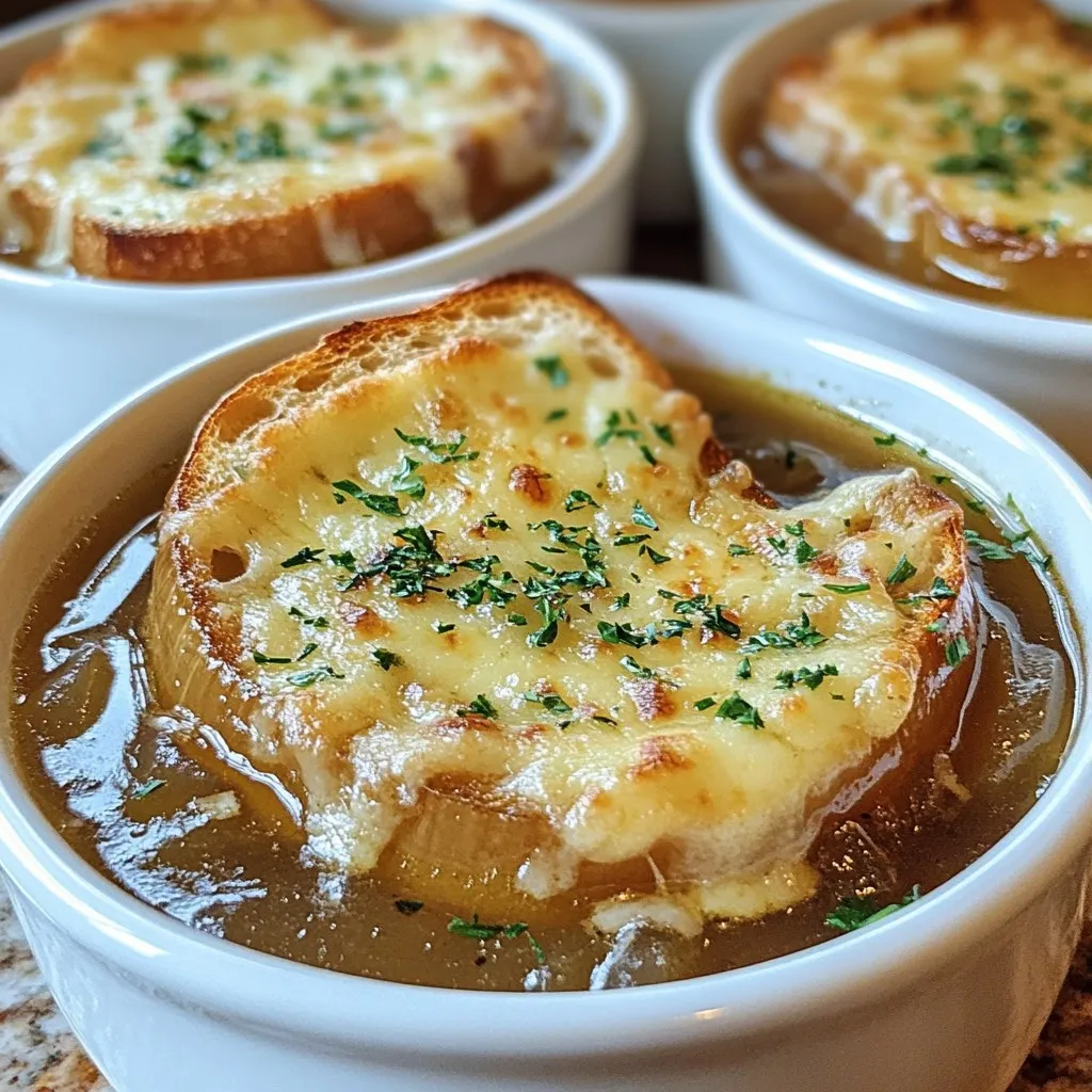 Für die perfekte französische Zwiebelsuppe brauchst du: - 4 große gelbe Zwiebeln, dünn geschnitten - 4 Esslöffel ungesalzene Butter - 1 Esslöffel Olivenöl - 1 Teelöffel Zucker - 4 Tassen Rind- oder Gemüsebrühe - 1 Esslöffel Sojasauce - 2 Knoblauchzehen, fein gehackt - 1 Teelöffel frische Thymianblätter - Salz und Pfeffer nach Geschmack - 8 Scheiben Baguette oder französisches Brot - 1 ½ Tassen geriebener Gruyère-Käse - Frische Petersilie, zur Garnitur Diese Zutaten sind einfach zu finden. Die Zwiebeln sind der Star der Suppe. Sie bringen den süßen, tiefen Geschmack. Butter und Olivenöl sorgen für den perfekten Anbratgeschmack. Die Brühe macht die Suppe reichhaltig und warm. Die Gewürze sind wichtig. Sie fügen Tiefe und Aroma hinzu. Der Zucker hilft, die Zwiebeln zu karamellisieren. Dies gibt der Suppe einen süßen und herzhaften Geschmack. Thymian bringt eine frische Note. Sojasauce fügt umami hinzu und verstärkt die Aromen. Vergiss nicht, mit Salz und Pfeffer abzuschmecken. Käse ist der Höhepunkt der Zwiebelsuppe. Gruyère ist die beste Wahl. Er schmilzt gut und hat einen nussigen Geschmack. Du kannst auch Emmentaler oder Comté verwenden. Diese Käse passen ebenfalls gut. Achte darauf, nicht zu sparen. Eine dicke Schicht Käse macht die Suppe besonders lecker. {{ingredient_image_2}} Zuerst schneide die Zwiebeln in dünne Scheiben. Dies hilft ihnen, beim Kochen gleichmäßig zu garen. Nimm einen großen, schweren Topf und schmelze die Butter mit dem Olivenöl bei mittlerer Hitze. Wenn die Butter geschmolzen ist, füge die Zwiebeln und den Zucker hinzu. Rühre oft um, damit die Zwiebeln die Butter gut aufnehmen. Koche sie für etwa 30 bis 35 Minuten. Sie sollten tief golden und karamellisiert sein. Das ist der Schlüssel zu einem reichen Geschmack. Nach dem Karamellisieren der Zwiebeln kommt der Knoblauch und der Thymian. Gib beides in den Topf und brate es für weitere ein bis zwei Minuten. Dann gieße die Rind- oder Gemüsebrühe hinein und füge die Sojasauce hinzu. Lass die Suppe zum Köcheln bringen. Koche sie für etwa 20 Minuten. Vergiss nicht, mit Salz und Pfeffer abzuschmecken. Dies verleiht deiner Suppe den letzten Schliff. Heize während des Kochens den Ofen auf 200°C vor. Lege die Baguettescheiben auf ein Backblech. Röste sie im Ofen für 8 bis 10 Minuten, bis sie goldbraun sind. Wenn die Suppe fertig ist, schöpfe sie in ofenfeste Schalen. Lege ein oder zwei Scheiben geröstetes Baguette auf die Suppe. Bestreue sie großzügig mit geriebenem Gruyère-Käse. Stelle die Schalen auf ein Backblech und backe sie für weitere 5 bis 10 Minuten, bis der Käse sprudelt und goldbraun ist. Garnier die Suppe mit frischer Petersilie und serviere sie heiß. Um Zwiebeln richtig zu karamellisieren, musst du Geduld haben. Beginne mit mittlerer Hitze und füge Butter und Olivenöl in einem schweren Topf hinzu. Die Mischung hilft, die Zwiebeln gleichmäßig zu garen. - Verwende große, gelbe Zwiebeln. - Schneide sie dünn, um gleichmäßiges Garen zu gewährleisten. - Rühre häufig, damit sie nicht anbrennen. Nach etwa 30 bis 35 Minuten sollten die Zwiebeln goldbraun und süß sein. Ein Teelöffel Zucker hilft, den Karamellisierungsprozess zu beschleunigen. Die Brühe ist entscheidend für den Geschmack. Rind- oder Gemüsebrühe gibt der Suppe Tiefe. Achte darauf, eine gute Qualität zu wählen. - Füge einen Esslöffel Sojasauce hinzu. Das verstärkt den Umami-Geschmack. - Verwende frische Thymianblätter für ein intensives Aroma. - Salz und Pfeffer nach Geschmack runden das Ganze ab. Koche die Brühe etwa 20 Minuten, damit sich die Aromen gut vermischen. Für den besten Käsegenuss ist Gruyère die ideale Wahl. Dieser Käse schmilzt gut und hat einen reichen Geschmack. - Reibe den Käse frisch, um die beste Schmelze zu erzielen. - Lege die gerösteten Baguettescheiben mit Käse auf die Suppe. - Backe die Schalen im Ofen, bis der Käse sprudelt und goldbraun ist. So erhältst du eine schöne, goldene Kruste, die für das perfekte Esserlebnis sorgt. Pro Tipps Zwiebeln richtig karamellisieren: Um die Zwiebeln perfekt karamellisieren zu lassen, geduldig bei mittlerer Hitze garen und häufig umrühren. So entwickeln sie einen süßen, reichen Geschmack. Die Brühe selbst machen: Für einen intensiveren Geschmack, versuchen Sie, Ihre eigene Brühe aus Rind oder Gemüse zu kochen. Frische Zutaten machen einen großen Unterschied. Den Käse variieren: Wenn Sie keinen Gruyère haben, können Sie auch Emmentaler oder Comté verwenden, um der Suppe eine andere Geschmacksnote zu verleihen. Garnitur verbessern: Für zusätzlichen Geschmack und Farbe können Sie die Petersilie durch frische Thymianblätter oder sogar einen Spritzer Sherry ersetzen. {{image_4}} Wenn du eine vegetarische Zwiebelsuppe machen möchtest, kannst du die Rinderbrühe durch Gemüsebrühe ersetzen. Du brauchst nur die Brühe zu wechseln, um einen tollen Geschmack zu erhalten. Achte darauf, dass die Sojasauce keine Fischsauce enthält. Verwende auch frische Kräuter wie Petersilie oder Basilikum, um den Geschmack zu verstärken. Für eine glutenfreie Version wähle glutenfreies Baguette oder Brot. Achte darauf, dass die Brühe ebenfalls glutenfrei ist. Du kannst selbst gemachte Brühe verwenden, um sicherzugehen, dass keine Glutenquellen drin sind. Diese kleinen Anpassungen machen die Suppe für alle zugänglich. Um die Zwiebelsuppe interessanter zu machen, füge einige zusätzliche Zutaten hinzu. Du kannst Pilze für einen erdigen Geschmack oder einen Schuss Weißwein für Tiefe verwenden. Auch ein Hauch von Balsamico-Essig kann helfen, die Süße der Zwiebeln auszugleichen. Experimentiere mit verschiedenen Käsesorten wie Emmentaler oder Feta für neue Geschmäcker. Um die Zwiebelsuppe frisch zu halten, lass sie zuerst abkühlen. Fülle die Suppe dann in einen luftdichten Behälter. Achte darauf, dass keine Luft entweicht. So bleibt der Geschmack erhalten und die Zwiebeln bleiben zart. Du kannst auch einzelne Portionen in kleinen Behältern aufbewahren. Das macht das spätere Erhitzen einfacher. Beim Wiedererwärmen ist es wichtig, die Suppe langsam zu erhitzen. Gieße die Suppe in einen Topf und erwärme sie bei niedriger Hitze. Rühre dabei häufig um. So verhinderst du, dass die Zwiebeln anbrennen. Wenn du die Käsekruste magst, kannst du die Suppe in ofenfeste Schalen geben. Dann einfach mit Baguette und Käse belegen und im Ofen gratinieren. Das gibt einen tollen, goldbraunen Käseüberzug. Im Kühlschrank hält sich die Zwiebelsuppe etwa drei bis vier Tage. Achte darauf, die Suppe gut abzudecken. Wenn du die Suppe länger aufbewahren möchtest, friere sie ein. In einem luftdichten Behälter bleibt sie bis zu drei Monate frisch. Beim Auftauen ist eine langsame Methode am besten. Lasse die Suppe über Nacht im Kühlschrank auftauen, bevor du sie erhitzt. Französische Zwiebelsuppe hält sich im Kühlschrank etwa 3 bis 4 Tage. Stelle sicher, dass die Suppe in einem luftdichten Behälter ist. So bleibt der Geschmack frisch. Beim Aufwärmen solltest du die Suppe gut erhitzen, um sie sicher zu essen. Ja, du kannst die Zwiebeln im Voraus vorbereiten. Karamellisiere die Zwiebeln einfach und lass sie abkühlen. Dann bewahre sie in einem Behälter im Kühlschrank auf. Du sparst Zeit, wenn du die Zwiebeln am Tag der Zubereitung einfach zur Brühe hinzufügst. Zu französischer Zwiebelsuppe passt frisch geröstetes Baguette sehr gut. Du kannst auch einen gemischten Salat als Beilage servieren. Ein paar Käsewürfel oder Oliven bringen zusätzliche Aromen. Die Kombination macht die Mahlzeit noch leckerer. Die französische Zwiebelsuppe ist ein einfaches, aber köstliches Gericht. Wir haben die Hauptzutaten und deren Zubereitung sowie wichtige Tipps für den perfekten Genuss besprochen. Denk an verschiedene Käse und Variationen, die du ausprobieren kannst. Richtig gelagert bleibt die Suppe frisch und lecker. Mit diesen Anleitungen und Tipps kannst du eine wunderbare Zwiebelsuppe zubereiten. Trau dich, neue Ideen auszuprobieren und deinen eigenen Geschmack zu entdecken!
